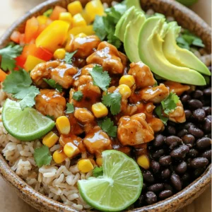 - 2 cups of cooked brown rice - 1 lb boneless, skinless chicken breasts, diced - 1/4 cup honey - 2 tablespoons chipotle in adobo sauce, minced - 1 tablespoon olive oil - 1 teaspoon garlic powder - 1 teaspoon onion powder - 1/2 teaspoon cumin - Salt and pepper to taste - 1 cup black beans, rinsed and drained - 1 cup corn (fresh or frozen) - 1 bell pepper, diced - 1 avocado, sliced - Fresh cilantro, for garnish - Lime wedges, for serving The ingredients in Honey Chipotle Chicken Rice Bowls create a vibrant mix of flavors. You start with cooked brown rice as a base. It adds a nice nutty taste and is healthy too. Next, you have chicken breasts. They soak up the honey and chipotle marinade well. Honey brings sweetness, while chipotle adds a smoky kick. You also include spices like garlic powder, onion powder, and cumin. These add depth to the dish. Black beans and corn contribute texture and color. Diced bell pepper gives a crunchy bite. The avocado slices offer creaminess, balancing the bold flavors. Fresh cilantro and lime wedges brighten the dish. Each ingredient plays a key role. Together, they make a delicious meal. For the full recipe, check out the detailed instructions. To start, gather your marinade ingredients. In a small bowl, combine: - 1/4 cup honey - 2 tablespoons chipotle in adobo sauce, minced - 1 teaspoon garlic powder - 1 teaspoon onion powder - 1/2 teaspoon cumin - Salt and pepper to taste Mix well. Next, toss the diced chicken in this mixture, coating it evenly. For the best flavor, let the chicken marinate for at least 30 minutes. You can leave it in the fridge for up to 2 hours for even more taste. Now it's time to cook the chicken. Heat 1 tablespoon of olive oil in a large skillet over medium-high heat. Once the oil is hot, add the marinated chicken. Cook for about 6-8 minutes. Stir often to ensure even cooking. The chicken should be cooked through and slightly caramelized. Always check the center to confirm it’s no longer pink. As you finish cooking the chicken, gather your rice and toppings. Start with a base of 2 cups of cooked brown rice in each bowl. Next, add a generous scoop of the honey chipotle chicken on top. Spoon in black beans and corn beside the chicken. Finally, layer on diced bell peppers and sliced avocado. For a flavor boost, drizzle any remaining marinade over the top. Garnish each bowl with fresh cilantro and add lime wedges for a zesty kick. If you want to follow along with the full recipe, check the provided instructions. To bring out the best taste, marinate your chicken. I suggest marinating for at least 30 minutes. For deeper flavor, you can let it sit for up to 2 hours in the fridge. This time allows the honey and chipotle to soak in. For caramelization, make sure your skillet is hot before adding the chicken. Cook it for about 6 to 8 minutes until it turns golden brown. This step gives your chicken a nice, crispy edge and boosts flavor. To ensure your chicken is cooked through, use a meat thermometer. The internal temperature should reach 165°F. This keeps your chicken safe to eat. To avoid dry chicken, don’t overcook it. Keep an eye on the time and turn the heat down if needed. Remove the chicken from the skillet as soon as it’s done. Pair your rice bowls with fresh sides. A simple salad or some grilled veggies work well. They add crunch and nutrition. For garnishes, add fresh cilantro and lime wedges. The lime juice gives a nice zing. You can also sprinkle some cheese or diced avocado for extra flavor. {{image_2}} You can easily swap out some ingredients to fit your needs. If you're vegan, use tofu or tempeh instead of chicken. Both options soak up flavors well. For rice alternatives, try quinoa for a nutty taste or cauliflower rice for a low-carb option. Both are great choices that add texture and flavor. Don't be afraid to get creative with flavors. You can try different sauces like teriyaki or sriracha for a twist. If you want more heat, add jalapeños or extra chipotle. Adjust the spice to match your taste. This makes each bowl unique and fun. Meal prep makes life easier. Cook larger batches and store them in containers. You can assemble your bowls for quick lunches or dinners. Another option is to wrap the ingredients in tortillas for burrito-style meals. This change keeps it fun and easy to eat on the go. For the full recipe, check out the Honey Chipotle Chicken Rice Bowls . To store your Honey Chipotle Chicken Rice Bowls, place them in an airtight container. This helps keep the flavors fresh. Refrigerate the bowls within two hours of cooking. They stay fresh for about three to four days in the fridge. Be sure to separate the chicken from the rice if possible. This keeps everything at its best texture. You can freeze the Honey Chipotle Chicken Rice Bowls for longer storage. For best results, freeze the chicken and rice separately. Place them in freezer-safe bags or containers. Remove as much air as you can to avoid freezer burn. The chicken can last for up to three months in the freezer. To reheat, thaw the chicken in the fridge overnight. Warm it on the stove over low heat, stirring often. You can microwave the rice until hot. Combine them before serving. Enjoy the same great taste as when they were fresh! For more tips, check the Full Recipe. You can use maple syrup or agave nectar. Both options give sweetness, but change the flavor. If you need a sugar-free choice, try stevia or monk fruit. These swaps will still keep your dish tasty. Yes, you can use turkey, pork, or tofu. Each will bring a new twist to the dish. Just make sure to adjust cooking times as needed. Turkey may cook quicker than chicken, while pork needs similar time. Tofu adds a nice plant-based option. Add more chipotle in adobo sauce for heat. You can also mix in jalapeños or cayenne pepper. If you want a smoky flavor, try smoked paprika. Start with a little and taste as you go. This way, you find the perfect heat level. Absolutely! You can prep the chicken and rice in advance. Store them in the fridge for up to three days. When ready to eat, simply reheat and assemble the bowls. This makes for a quick meal on busy days. For the full recipe, you can check out the details provided above. This blog post covers a tasty Honey Chipotle Chicken Rice Bowl. We explored ingredients, marinating the chicken, cooking tips, and creative variations. You learned how to enhance flavor and serve these bowls well. Use the tips to make it your own! Enjoy these satisfying meals anytime. You can store leftovers for later or even freeze them for future meals. Try different spices and toppings to find your favorite combo. Enjoy cooking and have fun experimenting!