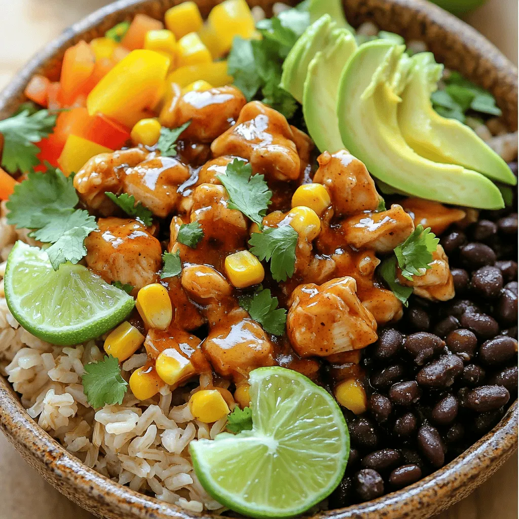 - 2 cups of cooked brown rice - 1 lb boneless, skinless chicken breasts, diced - 1/4 cup honey - 2 tablespoons chipotle in adobo sauce, minced - 1 tablespoon olive oil - 1 teaspoon garlic powder - 1 teaspoon onion powder - 1/2 teaspoon cumin - Salt and pepper to taste - 1 cup black beans, rinsed and drained - 1 cup corn (fresh or frozen) - 1 bell pepper, diced - 1 avocado, sliced - Fresh cilantro, for garnish - Lime wedges, for serving The ingredients in Honey Chipotle Chicken Rice Bowls create a vibrant mix of flavors. You start with cooked brown rice as a base. It adds a nice nutty taste and is healthy too. Next, you have chicken breasts. They soak up the honey and chipotle marinade well. Honey brings sweetness, while chipotle adds a smoky kick. You also include spices like garlic powder, onion powder, and cumin. These add depth to the dish. Black beans and corn contribute texture and color. Diced bell pepper gives a crunchy bite. The avocado slices offer creaminess, balancing the bold flavors. Fresh cilantro and lime wedges brighten the dish. Each ingredient plays a key role. Together, they make a delicious meal. For the full recipe, check out the detailed instructions. To start, gather your marinade ingredients. In a small bowl, combine: - 1/4 cup honey - 2 tablespoons chipotle in adobo sauce, minced - 1 teaspoon garlic powder - 1 teaspoon onion powder - 1/2 teaspoon cumin - Salt and pepper to taste Mix well. Next, toss the diced chicken in this mixture, coating it evenly. For the best flavor, let the chicken marinate for at least 30 minutes. You can leave it in the fridge for up to 2 hours for even more taste. Now it's time to cook the chicken. Heat 1 tablespoon of olive oil in a large skillet over medium-high heat. Once the oil is hot, add the marinated chicken. Cook for about 6-8 minutes. Stir often to ensure even cooking. The chicken should be cooked through and slightly caramelized. Always check the center to confirm it’s no longer pink. As you finish cooking the chicken, gather your rice and toppings. Start with a base of 2 cups of cooked brown rice in each bowl. Next, add a generous scoop of the honey chipotle chicken on top. Spoon in black beans and corn beside the chicken. Finally, layer on diced bell peppers and sliced avocado. For a flavor boost, drizzle any remaining marinade over the top. Garnish each bowl with fresh cilantro and add lime wedges for a zesty kick. If you want to follow along with the full recipe, check the provided instructions. To bring out the best taste, marinate your chicken. I suggest marinating for at least 30 minutes. For deeper flavor, you can let it sit for up to 2 hours in the fridge. This time allows the honey and chipotle to soak in. For caramelization, make sure your skillet is hot before adding the chicken. Cook it for about 6 to 8 minutes until it turns golden brown. This step gives your chicken a nice, crispy edge and boosts flavor. To ensure your chicken is cooked through, use a meat thermometer. The internal temperature should reach 165°F. This keeps your chicken safe to eat. To avoid dry chicken, don’t overcook it. Keep an eye on the time and turn the heat down if needed. Remove the chicken from the skillet as soon as it’s done. Pair your rice bowls with fresh sides. A simple salad or some grilled veggies work well. They add crunch and nutrition. For garnishes, add fresh cilantro and lime wedges. The lime juice gives a nice zing. You can also sprinkle some cheese or diced avocado for extra flavor. {{image_2}} You can easily swap out some ingredients to fit your needs. If you're vegan, use tofu or tempeh instead of chicken. Both options soak up flavors well. For rice alternatives, try quinoa for a nutty taste or cauliflower rice for a low-carb option. Both are great choices that add texture and flavor. Don't be afraid to get creative with flavors. You can try different sauces like teriyaki or sriracha for a twist. If you want more heat, add jalapeños or extra chipotle. Adjust the spice to match your taste. This makes each bowl unique and fun. Meal prep makes life easier. Cook larger batches and store them in containers. You can assemble your bowls for quick lunches or dinners. Another option is to wrap the ingredients in tortillas for burrito-style meals. This change keeps it fun and easy to eat on the go. For the full recipe, check out the Honey Chipotle Chicken Rice Bowls . To store your Honey Chipotle Chicken Rice Bowls, place them in an airtight container. This helps keep the flavors fresh. Refrigerate the bowls within two hours of cooking. They stay fresh for about three to four days in the fridge. Be sure to separate the chicken from the rice if possible. This keeps everything at its best texture. You can freeze the Honey Chipotle Chicken Rice Bowls for longer storage. For best results, freeze the chicken and rice separately. Place them in freezer-safe bags or containers. Remove as much air as you can to avoid freezer burn. The chicken can last for up to three months in the freezer. To reheat, thaw the chicken in the fridge overnight. Warm it on the stove over low heat, stirring often. You can microwave the rice until hot. Combine them before serving. Enjoy the same great taste as when they were fresh! For more tips, check the Full Recipe. You can use maple syrup or agave nectar. Both options give sweetness, but change the flavor. If you need a sugar-free choice, try stevia or monk fruit. These swaps will still keep your dish tasty. Yes, you can use turkey, pork, or tofu. Each will bring a new twist to the dish. Just make sure to adjust cooking times as needed. Turkey may cook quicker than chicken, while pork needs similar time. Tofu adds a nice plant-based option. Add more chipotle in adobo sauce for heat. You can also mix in jalapeños or cayenne pepper. If you want a smoky flavor, try smoked paprika. Start with a little and taste as you go. This way, you find the perfect heat level. Absolutely! You can prep the chicken and rice in advance. Store them in the fridge for up to three days. When ready to eat, simply reheat and assemble the bowls. This makes for a quick meal on busy days. For the full recipe, you can check out the details provided above. This blog post covers a tasty Honey Chipotle Chicken Rice Bowl. We explored ingredients, marinating the chicken, cooking tips, and creative variations. You learned how to enhance flavor and serve these bowls well. Use the tips to make it your own! Enjoy these satisfying meals anytime. You can store leftovers for later or even freeze them for future meals. Try different spices and toppings to find your favorite combo. Enjoy cooking and have fun experimenting!
