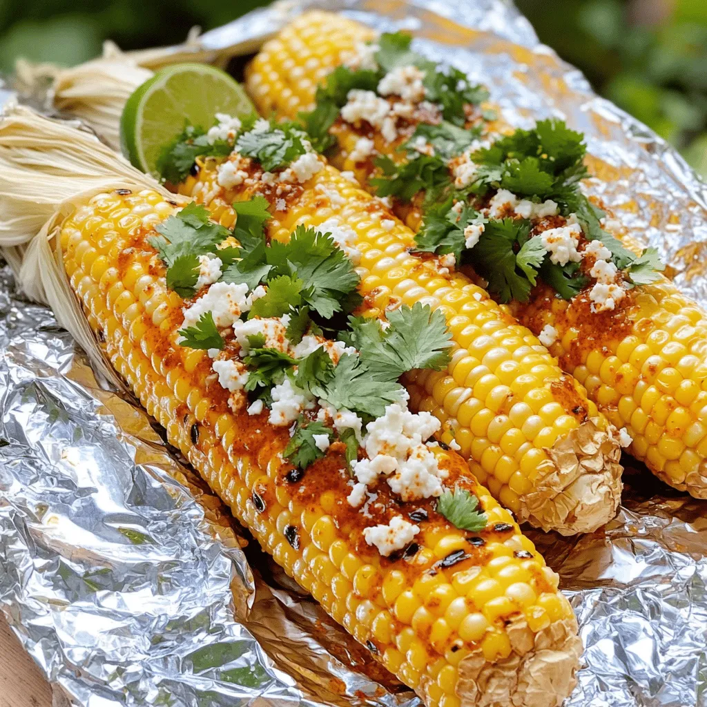 - 4 ears of fresh corn, husked - 1/4 cup unsalted butter, softened - 1 tablespoon chili powder - 1 teaspoon smoked paprika - 1 lime, zested and juiced - 1/4 cup grated cotija cheese - 1/4 cup fresh cilantro, chopped - Salt and pepper to taste - Aluminum foil To make grilled corn in foil, you need fresh corn. Look for sweet, tender ears at the store. Husk the corn and remove all the silk. Next, use softened butter to add flavor. Mix in chili powder, smoked paprika, lime zest, and a bit of salt and pepper. This mix makes the corn taste amazing. I love to add toppings after grilling. Cotija cheese adds a salty kick. Fresh cilantro gives a bright touch. A squeeze of lime juice at the end is a must. It brightens every bite! - Grill - Aluminum foil - Mixing bowl You will need a grill to cook the corn. Preheat it to medium-high heat. Use aluminum foil to wrap each ear of corn tightly. This keeps the steam in and cooks the corn evenly. A mixing bowl helps you combine the butter and spices easily. Having these tools ready makes the process smooth and fun! For the full recipe, check out the detailed steps to enjoy this tasty dish. - First, husk the corn. Remove all the green leaves and silk. Rinse the ears under cold water. This keeps your corn clean and fresh. - Next, prepare the seasoned butter. In a small bowl, mix 1/4 cup of softened unsalted butter with 1 tablespoon of chili powder, 1 teaspoon of smoked paprika, the zest of 1 lime, and a pinch of salt and pepper. Stir until all the ingredients blend well. This butter adds a great taste. - Now it’s time to wrap the corn in foil. Lay out four sheets of aluminum foil. Place one ear of corn in the center of each sheet. Spread a good amount of the seasoned butter over each ear. Squeeze half of the lime juice on top. - Preheat your grill to medium-high heat, around 400°F (200°C). Place the foil-wrapped corn directly on the grill grates. Close the lid and grill for about 15 to 20 minutes. Turn the corn occasionally. This makes sure it cooks evenly and absorbs all the flavors. - When the time is up, carefully unwrap the corn. Be careful of the hot steam that escapes. Using tongs, remove the corn from the foil. - To finish, sprinkle crumbled cotija cheese and fresh chopped cilantro on top. Drizzle a bit more lime juice for extra zest. Now your grilled corn is ready to enjoy! For the complete recipe, check out the Full Recipe section. To make your grilled corn really pop, try different butter mixtures. I love mixing unsalted butter with chili powder and smoked paprika. This combo adds a nice kick. You can also try a garlic butter mix. Just blend butter, minced garlic, and a pinch of salt. For a twist, mix in some fresh herbs like basil or parsley. Want something sweet? Drizzle honey or maple syrup over the corn before grilling. This gives a nice contrast to the savory flavors. You can even add a sprinkle of cheese for a rich taste. The right grill temperature is key. Set your grill to medium-high heat, around 400°F. This helps the corn cook evenly. Place the foil-wrapped corn directly on the grates. Make sure to turn the corn every five minutes. This ensures every side gets that beautiful char. You want your corn to be tender but not mushy. With these tips, you’ll have delicious grilled corn that everyone will love. Want to check the full recipe? Look for the Grilled Corn Fiesta! {{image_2}} You can spice up your grilled corn in many ways. One fun option is to add jalapeños. These peppers give the corn a nice heat. Simply chop a few jalapeños and mix them into the butter. Spread this mix on the corn before wrapping it up. You will love the kick! Another tasty choice is to make sweet corn. You can drizzle honey or maple syrup over the corn. This adds a lovely sweetness that balances well with the savory butter. Just remember to add these sweeteners before wrapping the corn in foil. If you follow a vegan diet, don't worry! You can still enjoy grilled corn. Use plant-based butter instead of regular butter. It works just as well and tastes great. Find a plant-based option with a flavor you like. For those who need gluten-free meals, this recipe is already a winner. All the ingredients are gluten-free. Just make sure your toppings, like cheese, are also gluten-free. Enjoy your delicious meal without worry! For the full recipe, check out the Grilled Corn Fiesta recipe above. After you finish enjoying your grilled corn, let it cool first. This helps keep the flavor and texture. Wrap each ear in plastic wrap or foil. You want to seal it tight to keep out air. Place the wrapped corn in a container. A sturdy plastic or glass container works best. This keeps the corn fresh and tasty. To reheat corn, the grill is the best choice. Just unwrap the corn and place it back on the grill. Heat it for about 5-7 minutes. Turn it occasionally to warm it evenly. If you prefer using an oven, preheat it to 350°F (175°C). Place the corn on a baking sheet and cover it with foil. Heat for about 10-15 minutes until warm. You can also use a microwave. Just place the corn on a plate and cover it with a damp paper towel. Heat in 30-second bursts until warm. Each method keeps the corn moist and delicious. Enjoy your grilled corn again! Grill corn in foil for 15-20 minutes. This time helps the corn cook well. The heat makes the corn tender and juicy. It is best to turn the corn every 5 minutes. This way, it cooks evenly. Yes, you can grill corn without foil. Grilling corn directly on the grill gives it a smoky flavor. You should husk the corn and soak it in water first. Soaking helps keep the corn moist. Grill it for about 10-15 minutes, turning often. The kernels will char nicely, but they may dry out faster. You can add many toppings to grilled corn. Here are some popular choices: - Crumbled cotija cheese - Chopped fresh cilantro - Lime juice - Chili powder - Smoked paprika - Garlic powder - Hot sauce Feel free to mix and match. You can also try adding ingredients like jalapeños for heat or honey for sweetness. These toppings make your grilled corn even more tasty. For the full recipe, check out the Grilled Corn Fiesta. Grilling corn is simple and tasty. Fresh corn, butter, and seasonings are key. You learned to husk, wrap, and grill it with care. Use the tips for flavor and grilling techniques to get the best results. You can try different flavor mixes or dietary options, too. Store leftovers properly for another meal. Enjoy your grilled corn adventure and impress your friends at the next cookout!