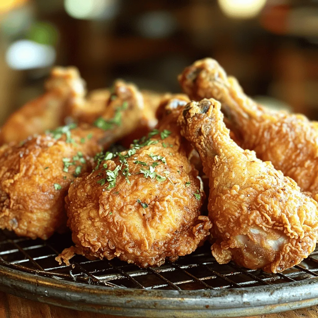 - Chicken pieces (legs and thighs preferred) - Buttermilk and optional hot sauce - Seasonings: paprika, garlic powder, onion powder, oregano, salt, and pepper - Flour for dredging - Vegetable oil for frying When making Old School Fried Chicken, select fresh chicken pieces. I prefer legs and thighs. They stay juicy and tender. Buttermilk adds flavor and helps the chicken stay moist. You can add hot sauce to the buttermilk if you want a kick. The seasonings are key. Paprika gives color and flavor. Garlic powder and onion powder add depth. Oregano adds a nice herb taste. Don’t forget salt and pepper. They enhance all the flavors. For dredging, use all-purpose flour. It creates that crunchy coating we all love. Finally, vegetable oil is needed for frying. It has a high smoke point, making it perfect for crispy chicken. These ingredients work together to create a crispy and flavorful delight. Ready to make some? Check out the Full Recipe for all the steps! To make your chicken tender and tasty, start with buttermilk. In a large bowl, mix 1 cup of buttermilk with 1 teaspoon of hot sauce if you want heat. Place your chicken in the bowl. Make sure each piece is fully covered by the buttermilk. Cover the bowl with plastic wrap. Let it sit in the fridge for at least 2 hours. For the best flavor, leave it overnight. This soaking helps the chicken soak up moisture and flavor. Next, it's time to prepare the coating. In another bowl, add 2 cups of all-purpose flour. Mix in 1 teaspoon of paprika, garlic powder, onion powder, oregano, salt, and pepper. Stir this well. To get a thick, crispy coating, press the chicken into the flour mix. Make sure each piece is well-covered. The more flour sticks, the crunchier it will be when fried. Now, we’ll cook the chicken. Heat about 1 inch of vegetable oil in a large skillet. Aim for a temperature of 350°F (175°C). You can use a thermometer to check this. Carefully add the chicken pieces to the hot oil. Do not crowd the pan; fry in batches if needed. Cook each side for about 8 to 10 minutes. The chicken should turn golden brown. Check the internal temperature; it must reach 165°F (75°C). After frying, place the chicken on a wire rack. This helps keep it crispy. Let the chicken rest for 5 minutes before serving. Enjoy your Old School Fried Chicken! To get that perfect crunch, use a wire rack after frying. This allows air to flow around the chicken. It keeps the bottom dry and crispy. If you skip this step, the chicken can get soggy. To avoid soggy chicken, don’t cover it right after frying. Let it breathe for a few minutes. This will help maintain that delightful crunch. You can change the flavor by adjusting your seasoning mix. Try adding cayenne pepper for more heat. You can also use smoked paprika for a deeper taste. If you want to kick it up a notch, add your favorite hot sauce. Mix some into the buttermilk for a spicy marinade. This gives your chicken a nice kick that you’ll love. One common mistake is overcrowding the frying pan. When you add too much chicken, the oil cools down. This leads to oily, unevenly cooked chicken. Fry in small batches to keep the oil hot. Another mistake is not letting the chicken rest. After frying, let it sit for five minutes. This helps the juices settle, making each bite tender and juicy. For more details, check the Full Recipe. {{image_2}} Baking chicken gives you a healthier option. You still get great flavor but with less oil. To bake, preheat your oven to 400°F (200°C). Place coated chicken on a baking rack above a sheet pan. Bake for 35 to 40 minutes. Flip halfway through for even crispiness. The chicken will be golden and tender without frying. If you want a gluten-free version, swap all-purpose flour for gluten-free flour. Almond flour or chickpea flour works well too. These options keep the taste and crunch you love. Serve with dipping sauces like honey mustard or ranch for added flavor. Fried chicken pairs well with classic Southern sides. Think of creamy coleslaw, buttery cornbread, or mashed potatoes. Each side enhances the meal. You can even try green beans or macaroni and cheese for variety. These sides make your fried chicken feast feel complete. Check out the Full Recipe for more ideas! Store leftover fried chicken in an airtight container. This keeps it fresh and tasty. Place a paper towel in the container to absorb moisture. This helps stop sogginess. Fried chicken lasts about 3 to 4 days in the fridge. Always check for signs of spoilage. If it smells off or has a slimy texture, throw it away. To keep your fried chicken crispy, reheating is key. Use an oven rather than a microwave. Preheat your oven to 375°F (190°C). Place the chicken on a baking sheet. Heat for about 15 to 20 minutes. Make sure it reaches an internal temperature of 165°F (75°C). This way, it stays juicy and crispy. For extra crunch, you can use a toaster oven if you have one. The best oils for frying chicken are vegetable oil, canola oil, and peanut oil. These oils have high smoke points. This means they can handle the heat without burning. They also provide a neutral flavor. This allows the chicken's taste to shine through. Using these oils helps create that golden, crispy skin we all love. Yes, you can use boneless chicken. Boneless chicken cooks faster and is easier to eat. However, it may not have the same juicy flavor. Bone-in chicken often retains moisture better. It also adds more taste to the dish. So, while boneless works, bone-in chicken is often the best choice for flavor. The secret to crispy fried chicken lies in a few key factors: - Marination: Soaking chicken in buttermilk adds flavor and moisture. - Coating: A thick layer of seasoned flour gives the crispy texture. - Oil Temperature: Frying at 350°F (175°C) ensures even cooking and crispiness. - Resting: Letting chicken rest on a wire rack allows excess oil to drip off. These tips will help you achieve that perfect crunch in each bite. For the full recipe, check out the Old School Fried Chicken section above. Fried chicken is a tasty dish when made right. We covered key ingredients, from chicken to spices, and how to marinate for the best flavor. I shared tips for getting that perfect crispy coating and avoiding common mistakes. There are also options for baking and gluten-free versions. In the end, proper storage and reheating keep leftovers tasty. Whether you’re a beginner or an expert, these steps help you serve delicious chicken every time. Enjoy your cooking journey and have fun experimenting!