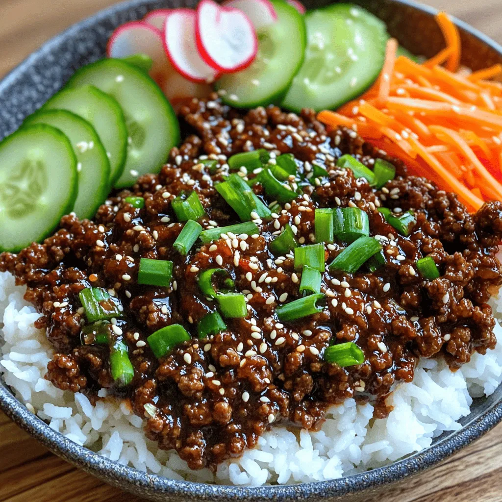 - Ground beef or ground turkey - Aromatics: garlic and ginger - Sauces and pastes: soy sauce, brown sugar, sesame oil, gochujang For this dish, you want flavorful meat. I often use ground beef, but ground turkey works well too. Both choices give you a tasty base. The key aromatics, garlic and ginger, add a fragrant punch to your meal. Next, we have the sauces. Soy sauce brings saltiness, while brown sugar adds a hint of sweetness. Sesame oil offers a nutty depth, and gochujang gives a spicy kick. Together, they create a rich sauce that coats the meat perfectly. - Green onions - Shredded carrots - Cucumber and radishes for garnish Fresh ingredients add color and crunch. I like to use green onions for their mild flavor. Shredded carrots not only look great but also add some sweetness. For garnish, cucumber and radishes give a refreshing bite that balances the rich beef. - White rice - Brown rice Rice is the perfect base for your Korean Ground Beef Bowl. White rice is soft and fluffy, while brown rice offers a chewier texture and more nutrients. Choose the one you prefer or have on hand. Either option works well with the savory beef and fresh toppings. You can find the full recipe to make this delicious meal easily. - First, heat a large skillet over medium heat. - Add 1 lb of ground beef. Cook until it starts to brown. - Break it apart with a spatula for about 5-7 minutes. - Then, add 3 cloves of minced garlic and 1 tablespoon of grated ginger. - Cook for 2 more minutes until fragrant. - Now, stir in 3 tablespoons of soy sauce. - Add 2 tablespoons of brown sugar, 1 tablespoon of sesame oil, and 1 tablespoon of gochujang. - Mix well until the beef is fully coated. - Simmer for another 3-4 minutes to enhance the flavors. - Remove from heat and add half of the chopped green onions. - Stir in 2 teaspoons of sesame seeds. - Serve by scooping cooked rice into bowls. - Top with the Korean ground beef mixture. - Add shredded carrots and cucumber slices on the side. - Garnish with the rest of the green onions and sliced radishes. This Korean Ground Beef Bowl is a tasty and colorful meal. Don't forget to check out the Full Recipe for any additional tips! Choosing the right ground meat is key. I love using ground beef for its rich flavor, but ground turkey works too. It’s leaner and still tasty. Look for meat with some fat for better taste. For cooking, start by preheating your skillet. Use medium heat to brown the beef. Break it apart with a spatula. This helps it cook evenly. The meat should be brown and crumbly in about 5 to 7 minutes. To boost flavor, add extra spices. Try garlic powder or onion powder for more depth. You can also mix in some sesame seeds for crunch. Gochujang is a star ingredient. If you like heat, add more. Start with a little, then taste. Adjust until you find the right spice level for you. Make your bowl look great! Start with a scoop of rice. Then, add the beef on top. Arrange the veggies on the side. This adds color and texture. Garnishing is fun! Use the reserved green onions and sliced radishes. They add freshness and make your bowl pop. A beautiful meal is always more enjoyable to eat. For the full recipe, check out the Korean Ground Beef Bowl. {{image_2}} You can make this meal gluten-free easily. Just swap regular soy sauce for tamari. Tamari is a gluten-free soy sauce alternative that keeps the flavor intact. This small change allows everyone to enjoy the dish. If you want a vegetarian option, try using tofu or tempeh. Both can absorb flavors well. Crumble firm tofu or cube tempeh and cook it just like the ground beef. You will get a tasty meal that fits different diets. Feel free to play with the vegetables in this dish. You can add bell peppers, snap peas, or broccoli. These veggies add color and crunch. They also boost the meal's nutrients. Using different sauces can change the flavor too. Instead of gochujang, try sriracha for more heat. You can also use hoisin sauce for a sweet twist. Mixing sauces gives you a new taste each time you cook. Pair your Korean Ground Beef Bowl with Korean side dishes for a complete meal. Kimchi or pickled vegetables add a nice tangy kick. You can also serve it with a simple salad for freshness. For meal prep or leftovers, pack the beef mixture and rice separately. This keeps everything fresh. You can easily reheat the beef and rice together when you're ready to eat. This method saves time and tastes great! For the complete recipe, check out the [Full Recipe]. To store leftovers, first let the dish cool down. Place the Korean ground beef in an airtight container. You can also store the rice separately. This helps keep the texture fresh. Make sure to use the leftovers within 3 to 4 days. When you are ready to eat, give it a good sniff. If it smells off, it's best to toss it. Freezing is a great option for meal prep. You can freeze the ground beef mixture in portions. Use freezer-safe containers or bags. Label them with the date. You can keep them for up to 3 months. Just remember to cool it completely before freezing. This will help avoid ice crystals that can ruin the texture. When reheating, aim for even heat. The microwave works, but it can make the beef tough. Instead, try using a skillet. Heat the beef over low heat, stirring often. If it seems dry, add a splash of water or soy sauce. This keeps the flavors strong and the texture nice. You can use the microwave for the rice, but cover it to keep it from drying out. To add spice, use more gochujang. You can also mix in a splash of chili oil. For heat, add sliced fresh chilies into the beef mixture. Another option is to sprinkle crushed red pepper flakes on top before serving. Adjusting spice levels is easy. Taste as you go. This helps you find the right heat for your dish. Yes, you can use ground turkey or chicken instead of beef. For a plant-based option, try crumbled tofu or tempeh. Both are great substitutes that soak up flavors well. If you prefer, use pork for a richer taste. Each protein gives a unique twist to the dish. Serve your bowl with simple sides. Steamed broccoli or bok choy adds color and nutrients. Pickled vegetables give a nice crunch. For drinks, try iced green tea or a light beer. These drinks balance the meal's flavors. You can also add a side of kimchi for a traditional touch. To wrap up, making a Korean Ground Beef Bowl is simple and rewarding. You start with ground beef or turkey and tasty aromatics. Adding sweet and savory sauces brings rich flavor. Fresh veggies like green onions and carrots add zing. You also have options for rice, making it flexible for everyone. Remember, feel free to swap ingredients or adjust spice levels to suit your taste. Enjoy this dish, and share your creations with friends and family. It’s a fun meal that makes any day better.