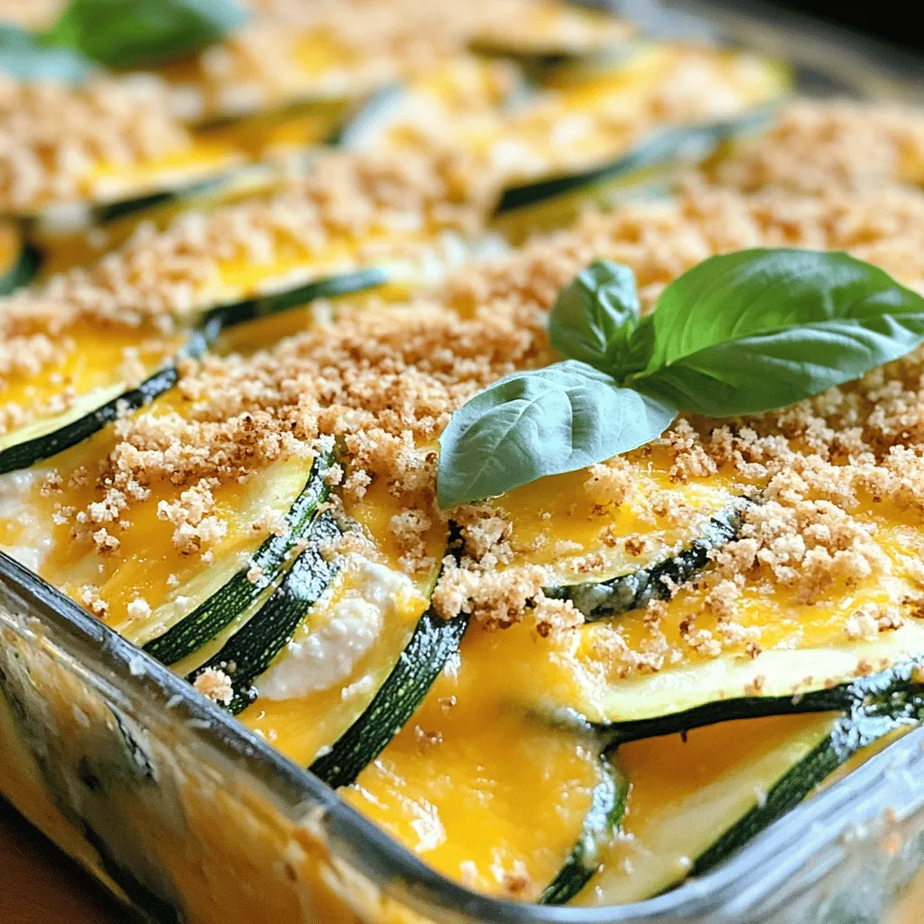 To make Easy Cheesy Zucchini Casserole, you need fresh and tasty ingredients. Here’s what you will need: - 4 medium zucchinis, sliced thin - 1 cup grated cheddar cheese - 1 cup shredded mozzarella cheese - 1 cup ricotta cheese - 1/2 cup grated Parmesan cheese - 1/2 cup breadcrumbs (preferably whole wheat) - 3 cloves garlic, minced - 1 teaspoon Italian seasoning - Salt and pepper to taste - 2 tablespoons olive oil - Fresh basil for garnish Each ingredient plays a key role in making this dish rich and creamy. The zucchinis add a fresh crunch, while the cheeses bring a smooth and cheesy flavor. You can mix and match the types of cheese to suit your taste. The garlic and Italian seasoning give it a wonderful aroma and depth of flavor. Using whole wheat breadcrumbs adds a bit of texture and makes it a bit healthier. Fresh basil at the end not only makes it look pretty but also adds a burst of freshness. For the full recipe, check out Easy Cheesy Zucchini Casserole. - Preheating the oven: Start by setting your oven to 350°F (175°C). This step is key for even cooking. - Preparing zucchini mixture: Take 4 medium zucchinis and slice them thin. In a large bowl, mix the zucchini with 3 minced garlic cloves, 2 tablespoons of olive oil, Italian seasoning, salt, and pepper. Toss well so the zucchini gets coated. - Mixing the cheese: In another bowl, blend 1 cup of ricotta cheese with half of the grated Parmesan cheese. Add a pinch of salt and pepper. Stir until smooth. - Initial layer with zucchini: Grease a 9x13 inch baking dish. Spread half of the zucchini mixture on the bottom. - Adding cheese mixture: Next, add half of the ricotta mixture over the zucchini layer. Make sure to spread it evenly. - Completing the layers: Sprinkle half of the cheddar and mozzarella cheeses on top. Repeat these layers with the remaining zucchini, ricotta, and finish with the leftover cheddar and mozzarella. - Baking time and temperature: Bake your casserole in the oven for 30-35 minutes. Look for a golden, bubbly top. - Cooling and serving steps: After baking, take it out and let it cool for a bit. This helps with serving. Garnish with fresh basil leaves for a nice touch. For the full recipe, check the details above. Enjoy your tasty meal! To boost the taste of your Easy Cheesy Zucchini Casserole, consider these tips: - Recommended seasonings: Use garlic, Italian seasoning, salt, and pepper to add depth. - Cheese substitutions: Swap cheddar for gouda or use feta for a tangy twist. Cutting zucchini correctly helps with even cooking: - How to cut zucchini properly: Slice zucchinis thinly, about 1/4 inch thick. This helps them cook through and blend well with the cheese. - Achieving the perfect bake: Bake at 350°F for 30-35 minutes. Look for a golden, bubbly top to ensure it's cooked right. Pair your casserole with some great sides: - Ideal pairings with the casserole: Serve with a fresh salad or crusty bread. These balance the richness of the dish. - Presentation ideas: Garnish with fresh basil leaves for a pop of color and flavor. A drizzle of olive oil can also enhance its look. For the full recipe, check the details above. Enjoy your cooking! {{image_2}} You can make this dish even heartier by adding proteins. Ground meats like turkey or beef work well. Just brown them in a pan before mixing them in. If you prefer vegetarian options, try lentils or chickpeas. Both add protein and keep it healthy. Feel free to mix in other veggies. Bell peppers, mushrooms, or spinach all taste great. In summer, use fresh corn or tomatoes for a seasonal twist. You can even add some sweet potatoes for a sweeter flavor. While this recipe calls for cheddar and mozzarella, you can switch up the cheeses. Try gouda for a smoky taste or feta for a tangy kick. You can also use dairy-free cheese if you want a gluten-free option. Just make sure it melts well for the best results. For the full recipe, check out the [Full Recipe]. To keep your Easy Cheesy Zucchini Casserole fresh, store leftovers properly. First, let the casserole cool to room temperature. Then, cut it into servings. Use an airtight container for storage. This helps keep moisture in and prevents it from drying out. You can also use glass containers with lids for easy stacking in the fridge. When it's time to enjoy your leftovers, reheating is simple. Preheat your oven to 350°F (175°C). Place a portion on a baking dish. Cover it with foil to keep it moist. Heat for about 15-20 minutes, or until warm. If you prefer the microwave, use a microwave-safe dish. Heat on medium power for about 2-3 minutes, checking it halfway through. You can freeze the casserole too! To freeze, let it cool completely. Then, wrap it tightly in plastic wrap and aluminum foil. This helps prevent freezer burn. You can also use a freezer-safe container. When you're ready to eat, thaw it overnight in the fridge. Then, reheat it in the oven. Enjoy your Easy Cheesy Zucchini Casserole anytime with these storage tips! It takes about 15 minutes to prep. Then, you need to bake it for 30-35 minutes. In total, you will spend around 50 minutes on this dish. You can serve it warm right after it cools for a bit. Yes, you can. Prepare the casserole up to the baking step. Cover it with plastic wrap or aluminum foil. Store it in the fridge for up to 24 hours. When ready, just bake it straight from the fridge. You may need to add a few extra minutes to the baking time. This casserole pairs well with simple sides. Consider serving it with: - A fresh garden salad - Garlic bread - Steamed green beans - Roasted carrots These sides add color and flavor, making your meal even more enjoyable. For the full recipe, check out the Easy Cheesy Zucchini Casserole. This blog post showed you how to make a tasty Easy Cheesy Zucchini Casserole. We covered all the key ingredients, from zucchini to various cheeses. I shared step-by-step instructions to help you through the cooking process. You learned tips for flavor, cooking techniques, and how to store leftovers. Finally, we explored variations to fit your taste. Enjoy this dish and make it your own by experimenting. The options are endless, so get cooking!