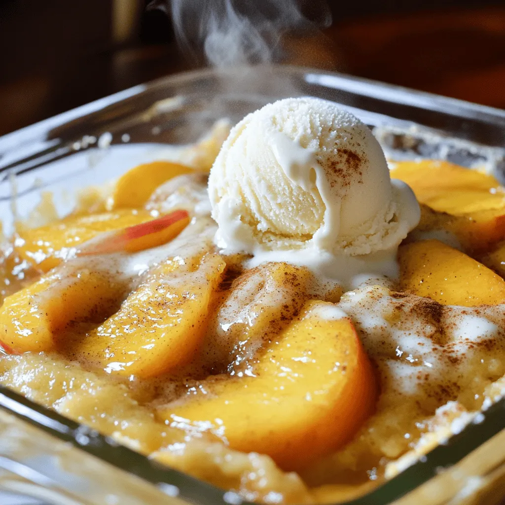 To make Ridiculously Easy Peach Cobbler, you will need some simple ingredients. Here’s what you’ll need for this delightful dessert: - 4 cups fresh peaches, sliced (or canned peaches in juice, drained) - 1 cup granulated sugar - 1 teaspoon ground cinnamon - 1 teaspoon vanilla extract - 1 cup all-purpose flour - 1 cup milk - 1/2 cup unsalted butter, melted - 1 tablespoon baking powder - 1/2 teaspoon salt These ingredients combine to create a sweet, fruity, and comforting dish. The fresh peaches add a juicy flavor, while the sugar and cinnamon give it that warm sweetness. You can also use canned peaches if you want to save time. Just drain them well. The flour, milk, and butter make a simple batter that rises beautifully while baking. This cobbler is perfect for sharing with friends or family. The recipe is easy to follow, and you can find the full recipe in the section above. Enjoy your baking! 1. Preheat your oven: Set your oven to 350°F (175°C). This step ensures your cobbler bakes evenly. 2. Combine peaches with sugar and cinnamon: In a large bowl, mix 4 cups of sliced peaches with 1/2 cup of sugar and 1 teaspoon of cinnamon. If using fresh peaches, let this sit for about 10 minutes. The sugar helps draw out the peach juices. 3. Prepare batter ingredients: In another bowl, whisk together 1 cup of flour, 1/2 cup of sugar, 1 tablespoon of baking powder, and 1/2 teaspoon of salt. Then, stir in 1 cup of milk and 1/2 cup of melted butter. Mix until just combined. It’s fine if the batter is lumpy! 1. Pour the batter into the baking dish: Grease a 9x13 inch baking dish. Pour the batter into the dish evenly. This will be the base for your cobbler. 2. Spoon the peach mixture over the batter: Carefully spoon the peach mixture over the batter. Make sure to include all the juices. Do not stir it; the batter will rise around the peaches as it bakes. 3. Bake and check for doneness: Place the baking dish in the oven. Bake for 45-50 minutes. The cobbler is done when the top is golden. Insert a toothpick in the center. If it comes out clean, your cobbler is ready to enjoy! Using canned peaches can save you time. They are already sweet and soft. Just drain the juice before you add them. This lets you skip slicing fresh peaches. You can start baking in no time. Pre-measuring your ingredients helps a lot. Before you cook, set out all the items you need. This makes everything faster and smoother. You won’t have to hunt for sugar or butter while mixing. Keep everything close at hand to save time. To get the best texture, don’t overmix the batter. A few lumps are okay. This keeps the cobbler light and fluffy. The key is to mix until the dry and wet combine. For serving, this dish is best warm. I love it with a scoop of vanilla ice cream on top. The cold ice cream contrasts nicely with the warm cobbler. You can also add a sprinkle of cinnamon for extra flavor. Enjoying it fresh out of the oven makes it even better. For the full recipe, click [here](#). {{image_2}} You can easily switch fruits in this peach cobbler. Use blueberries or cherries instead of peaches. These fruits add a fun twist and new flavors. If you want a mix, combine different fruits for a colorful cobbler. Dairy-free options are great too. Substitute regular milk with almond or oat milk. For butter, try coconut oil or vegan butter. These swaps work well and keep the recipe tasty. Serving peach cobbler a la mode is a must! Try different ice creams like vanilla, caramel, or even cinnamon. The cold ice cream melts into the warm cobbler, creating a delightful treat. You can also enjoy this cobbler for breakfast. Use it as a topping for pancakes or waffles. Add some whipped cream or yogurt for a perfect morning meal. Feel free to explore these variations to make your own version of this ridiculously easy peach cobbler. For the complete recipe, check the Full Recipe. To keep your peach cobbler fresh, use an airtight container. Glass or plastic containers work great. You can store it in the fridge for up to three days. If you want to keep it longer, freeze it. Wrap the cobbler tightly in plastic wrap or foil before putting it in a freezer-safe bag. It can last up to three months in the freezer. When you’re ready to eat it, just thaw it in the fridge overnight. The best way to reheat peach cobbler is in the oven. Preheat your oven to 350°F (175°C). Place your cobbler in a baking dish. Cover it with foil to help keep it moist. Heat for about 15 to 20 minutes. If you prefer the microwave, use it, but be careful. Heat in short bursts of 30 seconds. This helps keep the texture nice. Always check to make sure it’s warm throughout before serving. Can I use frozen peaches instead of fresh? Yes, you can use frozen peaches! Just let them thaw first. Drain any extra juice. This helps keep the cobbler from becoming too watery. Frozen peaches work well and save time. How can I make this recipe gluten-free? To make this peach cobbler gluten-free, swap the all-purpose flour for a gluten-free blend. Look for one that works for baking. Use the same amount as in the recipe. You can also try almond flour or oat flour for a different texture. What if my cobbler spills over in the oven? If your cobbler spills, don't panic! Place a baking sheet on the lower rack. This catches any drips. It also keeps your oven clean. If your cobbler overflows often, try using a larger dish next time. How do I know when the cobbler is done baking? Check the cobbler after about 45 minutes. The top should be golden brown. Insert a toothpick in the center. If it comes out clean, your cobbler is ready! The edges should also start to pull away from the dish. This blog post shared a simple peach cobbler recipe with clear steps and helpful tips. You learned about the ingredients needed and how to create this delightful dessert. We also discussed ways to customize the recipe and store any leftovers. Baking should bring joy, and this cobbler does just that. Enjoy making it and share it with friends or family. Happy baking!