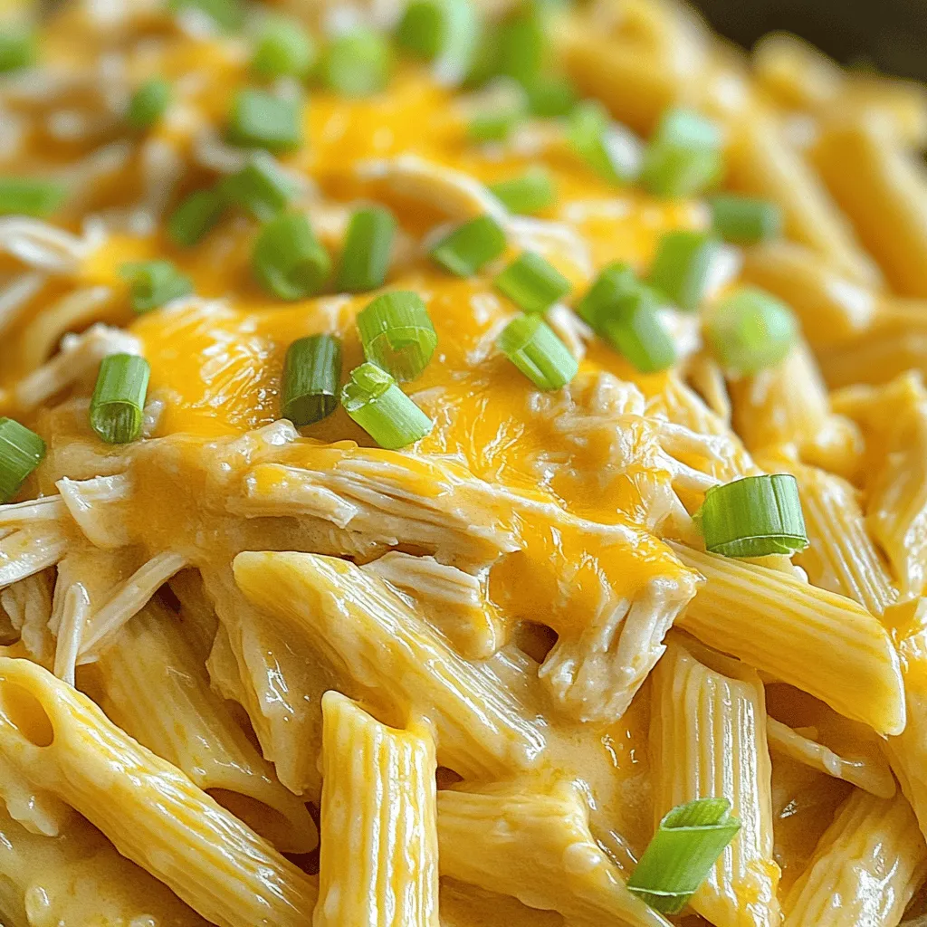 - Pasta Details and Types For this dish, I recommend using penne pasta. Its tube shape holds the sauce well. You can also try rotini or fussili if you like a twist. - Chicken Selection Tips Use cooked chicken for a quick meal. You can shred rotisserie chicken or boil and chop chicken breast. Both options work well. - Cheeses to Use: Parmesan and Cheddar I love using both Parmesan and cheddar cheese in this recipe. Parmesan adds a nutty flavor, while cheddar gives a creamy texture. Grate your cheeses fresh for the best taste. With these ingredients, you will create a dish bursting with flavor. You can find the Full Recipe in our guide to make this easy and tasty meal. To start, you need to cook the pasta. Here are some tips: - Ideal Pasta Cooking Tips: Always use penne pasta for this dish. It holds the sauce well. - Importance of Salting Water: Salt the water before boiling. This adds flavor to the pasta. - How to Tell When Pasta is Al Dente: Cook the pasta until it is firm but not hard. This is al dente. Now, let's prepare the sauce. - Techniques for Sautéing Garlic: Heat olive oil in a skillet. Add minced garlic and cook until fragrant. - Adding Chicken and Buffalo Sauce: Stir in the shredded chicken and buffalo sauce. Mix it well to coat the chicken. - Ensuring Cream Cheese Melts Smoothly: Add softened cream cheese. Stir until it melts into the sauce. This makes it creamy. Finally, combine everything. - Mixing Pasta with Sauce: Pour the cooked penne into the skillet. This is where the magic happens! - Importance of Tossing Well: Toss the pasta and sauce together. Make sure every piece is coated. - How to Adjust Seasoning: Taste the dish and add salt or pepper if needed. You can find the Full Recipe for Buffalo Chicken Pasta Delight to follow these steps easily. Enjoy your cooking! - Customizing Buffalo Sauce Levels You can adjust the buffalo sauce to suit your taste. Start with half a cup and add more if you like it spicy. Mix well to see how it blends with the chicken. Taste the sauce before you add more. This way, you get the perfect heat for your dish. - Texture Tips with Cream Cheese For a creamy texture, make sure the cream cheese is soft. Let it sit at room temperature for about 30 minutes. When you add it to the skillet, it will melt smoothly into the sauce. This gives your pasta a rich and velvety feel. - Quick Cooking Tips for Busy Cooks If you're short on time, use rotisserie chicken. It saves cooking time and adds flavor. You can also cook the pasta while preparing the sauce. This way, everything is ready to mix when you finish the sauce. It cuts down on your overall cooking time. - Pairing with Side Dishes Buffalo chicken pasta goes well with simple side salads or garlic bread. A fresh green salad helps balance the dish's richness. You can also serve it with crunchy veggies for a nice contrast. - Ideal Garnishes for Presentation Top your pasta with more cheddar cheese and fresh scallions. This adds color and a nice crunch. You can also sprinkle some crushed red pepper for extra spice. It makes your dish look appealing and exciting. - Recommendations for Beverage Pairings Pair this dish with cold drinks. A crisp soda or iced tea works well. If you prefer wine, choose a light white wine like Sauvignon Blanc. It complements the spicy flavors without overwhelming them. {{image_2}} You can change up the recipe and still enjoy great flavors. - Substituting Chicken with Vegetables: If you want a meatless dish, try using roasted vegetables. Zucchini, bell peppers, or mushrooms work well. They add a nice texture and flavor. - Different Pasta Choices: You are not limited to penne. Feel free to use rotini, fusilli, or even gluten-free pasta. Each type gives the dish a unique twist. - Finding Lighter Cheese Options: For a lighter dish, use low-fat cream cheese or a dairy-free alternative. This change keeps the creaminess while cutting back on calories. Adjust the heat to fit your taste buds. - Adjusting Heat Levels: If you like it hot, add more buffalo sauce. For mild flavors, reduce the sauce amount. You can always start low and add more. - Incorporating Other Sauces: Consider mixing in ranch or barbecue sauce. These can balance out the heat and add new flavors. - Sweet vs. Spicy Flavor Profiles: You can create a sweet version by adding honey or brown sugar. This gives a nice contrast to the spiciness of the buffalo sauce. Making these variations can give you a new dish each time. For the full recipe, check out Buffalo Chicken Pasta Delight. - Best Practices for Refrigeration: Let your buffalo chicken pasta cool down before storing. This helps keep the texture. Place it in the fridge within two hours of cooking. - Ideal Storage Containers: Use airtight containers to keep the pasta fresh. Glass or plastic containers work well. - How Long it Lasts in the Fridge: Properly stored, buffalo chicken pasta lasts about three to four days in the fridge. - Microwave Tips for Best Results: When reheating in the microwave, cover the dish with a microwave-safe lid. Heat in short bursts, stirring in between to ensure even warming. - Oven Reheating for Quality: For the best flavor, reheat your pasta in the oven. Preheat the oven to 350°F (175°C). Place the pasta in a baking dish, cover it with foil, and heat for about 20 minutes. - Freezing Pasta: What to Know: You can freeze buffalo chicken pasta. Make sure it cools completely before transferring to freezer bags. It can last up to three months in the freezer. Yes, you can make Buffalo Chicken Pasta ahead of time. To do this, prepare the dish without baking. Store it in an airtight container in the fridge. - Best Practices for Meal Prep: Cook the pasta and make the sauce. Mix them together, then let it cool before sealing it in the container. This helps keep the flavors fresh. - How to Reheat Properly: When ready to eat, reheat in a skillet over medium heat. Add a splash of water or broth to keep it moist. Stir until heated through. Buffalo Chicken Pasta pairs well with various sides. Think of light salads or warm bread. - Side Dish Recommendations: A simple green salad with a tangy dressing is great. Garlic bread also complements this dish well. - Salads and Breads to Consider: Try a Caesar salad or a fresh garden salad. For bread, consider crusty baguette or soft rolls. Buffalo Chicken Pasta has a kick from the buffalo sauce. You can control the heat. - Adjusting Spice Levels: Use less buffalo sauce if you want it milder. You can also mix in some cream cheese to tone down the heat. - Recommendations for Mild Options: Try using a mild buffalo sauce or a ranch dressing for a creamy twist. This will make the dish less spicy. You can find the Full Recipe easily. - Summary of Cooking Steps: Start by cooking the pasta, then make the sauce with chicken and buffalo sauce. Mix everything together, add cheese, and serve. - Link to Buffalo Chicken Pasta Delight : For the full recipe with detailed steps, check out the Buffalo Chicken Pasta Delight. In this post, we explored how to make Buffalo Chicken Pasta. We discussed key ingredients like pasta, chicken, and cheese. I provided step-by-step tips for cooking and combining the dish. You learned ways to customize flavors and store leftovers effectively. Whether you prefer spicy or mild, you can adapt this recipe to fit your taste. I hope you feel excited to try this dish. Enjoy your cooking adventure!