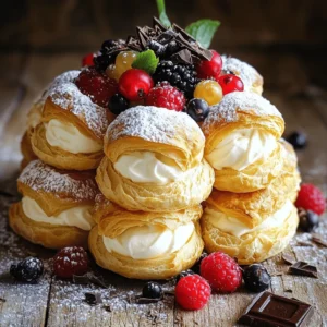 - 1 cup water - 1/2 cup unsalted butter - 1 cup all-purpose flour - 1/4 teaspoon salt - 1 teaspoon vanilla extract - 4 large eggs - 1 cup heavy cream - 1/2 cup powdered sugar - 1 teaspoon vanilla extract (for the cream) - Fresh berries (for garnish, optional) - Chocolate shavings (for garnish, optional) To make this Easy Cream Puff Cake, you need simple ingredients. Each one plays a key role in the texture and taste. 1. Water and butter create the dough's base. They add moisture and richness. 2. All-purpose flour gives structure to the puffs. It helps them rise in the oven. 3. Salt enhances flavor. A little goes a long way in balancing sweetness. 4. Vanilla extract adds a sweet aroma. It makes your puffs smell divine. 5. Eggs provide richness and help the dough rise. They are key to light, airy puffs. 6. Heavy cream is for whipping. It makes a fluffy filling that's hard to resist. 7. Powdered sugar sweetens the cream. It helps achieve the perfect consistency. 8. More vanilla extract is for the cream. This keeps the flavor consistent. 9. Fresh berries and chocolate shavings are optional garnishes. They add color and style. These ingredients come together to create a delightful dessert. For the complete guide on preparing this dish, check the Full Recipe. Enjoy crafting your cream puff cake! 1. Preheat your oven to 400°F (200°C). This helps the puffs rise well. 2. Line a baking sheet with parchment paper. It prevents sticking and makes cleanup easy. 3. In a medium saucepan, combine 1 cup of water and 1/2 cup of unsalted butter. Bring this mixture to a boil over medium-high heat. 4. Once it boils, remove from heat. Quickly stir in 1 cup of all-purpose flour and 1/4 teaspoon of salt. Mix until the dough forms a ball. 1. Let the dough cool for a few minutes. This step is important to avoid cooking the eggs. 2. Next, stir in 1 teaspoon of vanilla extract. This adds a nice flavor. 3. Now, add 4 large eggs one at a time. Mix well after each egg. The dough should be smooth and glossy. 4. Using a pastry bag or a spoon, drop tablespoon-sized mounds of dough onto the baking sheet, leaving space between them. 1. Bake in the preheated oven for 25-30 minutes. They should look golden brown and puffed. 2. Remove from the oven and let them cool completely on a wire rack. This helps keep them airy. 1. While the puffs cool, prepare the filling. In a mixing bowl, whip 1 cup of heavy cream with 1/2 cup of powdered sugar and another teaspoon of vanilla extract. 2. Whip until you see soft peaks form. This means the cream is ready. 3. Once the puffs cool, gently slice off the tops. Fill each puff with the whipped cream mixture. Replace the tops and your delicious dessert is ready! For the complete recipe, check out the [Full Recipe]. To get the best cream puffs, avoid a few common mistakes. First, do not skip preheating your oven. If your oven is not hot enough, the puffs will not rise. Second, make sure to mix your dough well; lumps can ruin the texture. Lastly, avoid opening the oven door while baking. This can let heat escape and affect the rise. To ensure proper rising, keep the oven closed for the first 20 minutes. This helps create steam, which is key for that fluffy texture. If you see them rising, don't panic! They will puff up beautifully. Flavor is where you can get creative. You can use different flavor extracts to change things up. Try almond or hazelnut for a nutty twist. You can also mix in some cocoa powder for a chocolate flavor. For fillings, think outside the box. You can add fruit purees or even flavored creams. Lemon curd or coffee cream can add a nice zing. Don't be afraid to experiment! Presentation matters. Stack the cream puffs high on a platter for a show-stopping look. Dust with powdered sugar for an elegant touch. You can also add fresh berries or chocolate shavings on top. Pair your cream puffs with coffee, tea, or even a sweet dessert wine. These drinks can enhance the flavors and make your dessert even more special. For the full recipe, check out the heavenly cream puff cake! {{image_2}} You can easily change the flavors of your cream puff cake. For a fruity twist, try using strawberries or raspberries. Simply chop fresh berries and fold them into the whipped cream. This adds a bright color and taste. You can also make a chocolate cream filling. Melt some chocolate and mix it with the whipped cream. This gives your cake a rich, sweet flavor. If you need a gluten-free version, you can swap all-purpose flour with a gluten-free blend. Look for one that works well in baking. This change keeps the texture light and fluffy. You might also need to adjust the baking time slightly. Keep an eye on them as they bake. They might need a few extra minutes. Making mini cream puffs is fun and perfect for parties. Just scoop smaller amounts of dough onto the baking sheet. You can also use a smaller pastry bag. Smaller puffs bake faster, so check them after 20 minutes. For serving, arrange them on a platter with fresh fruit or chocolate drizzle. This creates an eye-catching treat that everyone will love. For more details on how to create this delightful dessert, check the Full Recipe. To keep your cream puffs fresh, store them in the fridge. Use an airtight container for best results. This helps to seal in moisture and keep them from drying out. Place a layer of paper towel at the bottom of the container. This absorbs any excess moisture and keeps the puffs crisp. Avoid stacking the puffs directly on top of each other. This can cause them to become soggy. Instead, place them in a single layer if possible. If you have too many puffs, consider freezing some for later. Freezing cream puffs is simple. First, let them cool completely after baking. Then, place them on a baking sheet. Make sure they are not touching each other. Freeze them for about one hour until solid. After that, transfer the puffs to a freezer-safe bag. Remove as much air as you can before sealing. When you want to eat them, take out the puffs and let them thaw. For the best texture, thaw them in the fridge overnight. This helps to maintain their shape and freshness. Cream puffs can last in the fridge for about 2 to 3 days. After that, they may lose their texture. Check for signs of spoilage, like a sour smell or changes in color. If you notice any of these signs, it’s best to discard them. Enjoy your Easy Cream Puff Cake with confidence, knowing how to store it properly! For the full recipe, check out the previous section. To make Easy Cream Puff Cake, you start with simple steps. First, gather your ingredients. You will need water, butter, flour, salt, eggs, and heavy cream. Here’s a quick overview: 1. Preheat your oven to 400°F (200°C). 2. Boil water and butter in a saucepan. 3. Mix in flour and salt quickly until it forms a ball. 4. Let the dough cool for a few minutes. 5. Stir in vanilla and add eggs one at a time. 6. Drop spoonfuls of dough onto a baking sheet. 7. Bake for 25-30 minutes until golden brown. 8. Cool the puffs, whip the cream, and fill each puff. That’s it! You can find the Full Recipe for all the details. Yes, you can swap heavy cream for other ingredients. If you want a dairy-free option, use coconut cream or almond milk. Both work well for whipping. For a lower-fat choice, consider using half-and-half or Greek yogurt. Just remember, the texture may change slightly. If your cream puffs did not rise, check a few things. First, make sure you boiled the water and butter well. This step is key. If the dough is too wet or too dry, it won’t puff. Here are some tips for success: - Use fresh eggs, as they help with rising. - Avoid opening the oven door while baking. - Let the puffs cool completely before filling them. By following these tips, you should have tasty, puffy cream puffs! You now have everything you need to make the perfect cream puffs. We covered the key ingredients, step-by-step instructions, and tips for perfect texture. You also learned about variations, storage, and common questions. Remember to enjoy the process and get creative with flavors and presentations. Homemade cream puffs can impress your family and friends. With practice, they will become a favorite treat. So, gather your ingredients and start baking! Your kitchen awaits delightful aromas and tasty results.