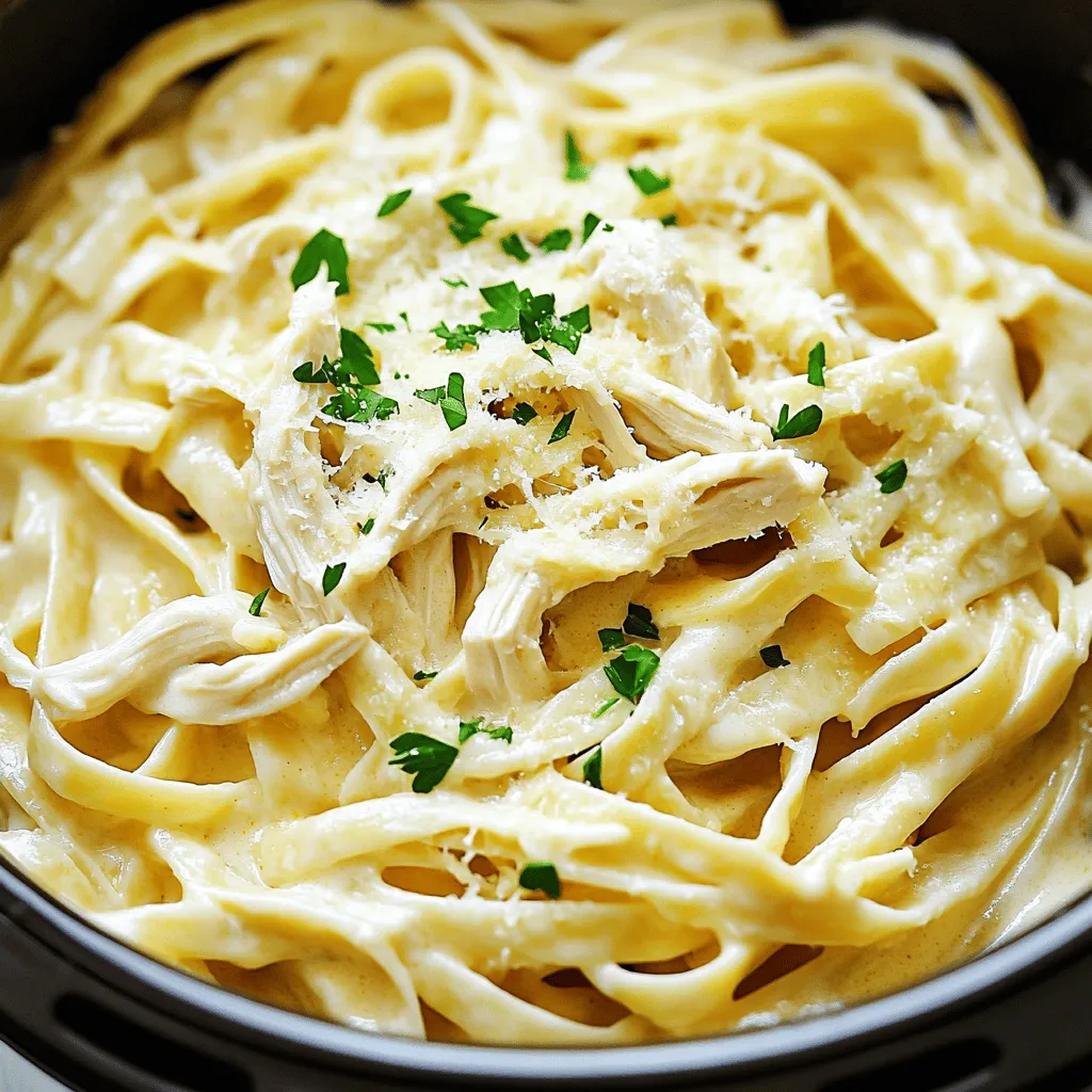To make a great Crock Pot Chicken Alfredo, you need these key items: - 2 boneless, skinless chicken breasts - 4 cups fettuccine pasta - 4 cups chicken broth - 1 cup heavy cream - 1 cup grated Parmesan cheese - 3 cloves garlic, minced - 1 teaspoon Italian seasoning - 1 teaspoon salt - 1/2 teaspoon black pepper - 2 tablespoons chopped fresh parsley (for garnish) These ingredients create a rich and creamy dish. The chicken and broth provide a nice base. The heavy cream and Parmesan bring the creaminess. You can add more flavor to your dish with these extras: - 1/2 cup sun-dried tomatoes - 1 cup fresh spinach - 1/2 teaspoon red pepper flakes - 1 teaspoon lemon juice These additions can elevate your dish. Sun-dried tomatoes add sweetness. Spinach adds nutrition, and red pepper flakes give a spicy kick. If you lack an ingredient, here are some swaps you can use: - Use vegetable broth instead of chicken broth for a vegetarian version. - Swap heavy cream for half-and-half if you want a lighter sauce. - Use grated Romano cheese instead of Parmesan for a different taste. These substitutions keep your dish tasty without missing out. Always feel free to customize based on what you have at home. For the full recipe, check the instructions carefully to ensure you don’t miss any steps. Start with two boneless, skinless chicken breasts. Place them at the bottom of your slow cooker. Next, sprinkle minced garlic over the chicken. Add Italian seasoning, salt, and black pepper. This mix gives the chicken great flavor. Pour four cups of chicken broth over the chicken. Make sure it's well covered to soak up all the goodness. Cover your slow cooker tightly. Set it to low and let it cook for four to six hours. This slow cooking makes the chicken tender. It will easily shred with a fork when done. If you are in a hurry, check it after four hours. About 30 minutes before serving, add four cups of fettuccine pasta into the slow cooker. If the cooker is too full, cook the pasta separately. Once the chicken is cooked, shred it using two forks. Stir in one cup of heavy cream and one cup of grated Parmesan cheese. Mix well to create a creamy sauce. Let it cook for an extra 15 to 20 minutes on low. This will heat everything through and make it nice and creamy. To get that rich, creamy texture in your Crock Pot Chicken Alfredo, use heavy cream. It adds depth and smoothness. Make sure to stir in the cream and Parmesan at the end. This helps the cheese melt evenly. Let it cook for an extra 15 to 20 minutes on low. This step makes everything blend perfectly. If you’re in a hurry, prep your chicken the night before. Season it and place it in the slow cooker. Just add the broth in the morning. You can also cook the pasta separately if your slow cooker is full. Cooking the pasta on the stove saves time and keeps it from getting mushy. For tender chicken, cook on low for 4 to 6 hours. If you set it on high, aim for about 2 to 3 hours. When adding pasta, do it 30 minutes before serving. This ensures the pasta is cooked but not overdone. Following these times will help you get a tasty meal every time. For the full recipe, check the detailed instructions provided earlier. {{image_2}} You can add many vegetables to your Chicken Alfredo. Broccoli, spinach, or bell peppers work well. These add color and nutrients. To add them, chop the veggies into small pieces. Stir them in the slow cooker about 30 minutes before the dish is done. They will cook and soak up all the flavors. This makes your meal healthy and tasty. If you want to switch things up, try different proteins. Shrimp, turkey, or tofu can be great swaps. Just make sure to adjust the cooking time. For shrimp, add them in the last 10 minutes to avoid overcooking. For turkey or tofu, cut them into small pieces and follow the same steps as chicken. Each protein brings its own unique taste to the dish. Fettuccine is the classic choice for Alfredo. However, you can use other pasta types. Penne or rotini also work well. They hold the sauce nicely. You can even try gluten-free pasta if you prefer. Just cook the pasta according to the package, then add it to the slow cooker. This makes for a fun twist on the traditional recipe. For the full recipe, check back to the beginning! I love to save leftovers from my Crock Pot Chicken Alfredo. To keep it fresh, let it cool to room temperature. Then, transfer it to an airtight container. Make sure to store it in the fridge. It will stay good for about 3 to 4 days. If you want to keep it longer, consider freezing it. Reheating this dish is easy. You can use the microwave or stove. If using the microwave, place it in a safe bowl. Cover it with a lid to keep moisture in. Heat it in short bursts, stirring in between. If you prefer the stove, warm it over low heat. Stir often to avoid burning. Freezing is a great way to keep leftovers. First, let the chicken Alfredo cool completely. Then, place it in a freezer-safe container. You can also use freezer bags. Make sure to squeeze out as much air as you can. It can stay in the freezer for up to 3 months. When you’re ready to eat, thaw it in the fridge overnight before reheating. For full details, check out the Full Recipe. Yes, you can use frozen chicken. Just add about 30 minutes to the cooking time. The slow cooker will safely cook the frozen chicken. Make sure the chicken reaches 165°F for safety. To make this dish healthier, consider these tips: - Use low-fat cream or milk instead of heavy cream. - Add more vegetables, like spinach or broccoli, for extra nutrients. - Swap regular pasta for whole wheat or veggie-based pasta. - Cut back on cheese or use a lower-fat version. Crock Pot Chicken Alfredo pairs well with: - Steamed vegetables, like broccoli or green beans. - A fresh garden salad with light dressing. - Garlic bread for a tasty complement. - Roasted asparagus for a colorful side. Explore the [Full Recipe] for more details on making this creamy dish! This blog post covers everything you need for a tasty Crock Pot Chicken Alfredo. You learned about essential and optional ingredients, plus swaps for your pantry. The step-by-step instructions showed you how to prepare, cook, and finish the sauce. We shared tips for a creamy dish and time-saving tricks. You explored variations with veggies and proteins, along with storage tips for leftovers. Now, you’re ready to create a delicious meal. Enjoy experimenting and making this dish your own!