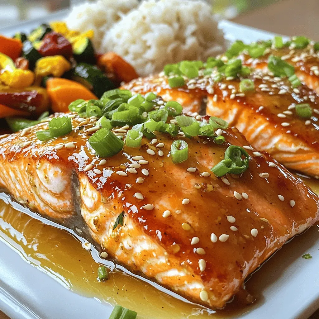 - 4 salmon fillets (skin-on) - 2 tablespoons olive oil - Salt and pepper, to taste - 1/4 cup honey - 3 cloves garlic, minced - 2 tablespoons soy sauce (or tamari for gluten-free) - 1 tablespoon fresh ginger, grated - 1 tablespoon apple cider vinegar - 1 teaspoon sesame oil (optional) - Chopped green onions and sesame seeds for garnish (optional) To make perfect honey garlic salmon, gather these key ingredients. Start with fresh salmon fillets. Skin-on fillets add flavor and help keep the fish moist. Olive oil is important for cooking and adds richness. Salt and pepper are your basic seasonings. Honey gives a sweet touch that balances the garlic. Next, minced garlic adds depth. Soy sauce (or tamari) brings a savory umami flavor. Fresh ginger adds warmth. Apple cider vinegar adds a tangy note that brightens the dish. For added flavor, consider sesame oil. Lastly, garnish with green onions and sesame seeds. They add a nice crunch and color. Check out the Full Recipe for all steps to create this tasty dish! To make the honey garlic marinade, mix these ingredients in a bowl: - 1/4 cup honey - 3 cloves garlic, minced - 2 tablespoons soy sauce - 1 tablespoon fresh ginger, grated - 1 tablespoon apple cider vinegar - 1 teaspoon sesame oil (optional) This mix adds rich flavor to the salmon. Marinating helps the fish soak in the flavors. Aim for at least 30 minutes for the best taste. First, dry the salmon fillets with paper towels. This helps them crisp up. Then, season both sides with salt and pepper. This step is key to enhancing the flavor. Don’t skip this part; it makes a big difference. Heat 2 tablespoons of olive oil in a large non-stick skillet over medium-high heat. When the oil is hot, place the salmon fillets skin-side down. Cook for 5-6 minutes. The skin should turn crispy and golden. Next, carefully flip the salmon fillets. Pour the honey garlic marinade over them. Cook for another 4-5 minutes while basting with the sauce. To check for doneness, use a fork to see if the salmon flakes easily. Alternatively, use a thermometer; the inside should reach 145°F (63°C). Follow these steps from the Full Recipe for perfectly crispy honey garlic salmon. Enjoy the process! To get that perfect crispy skin on your salmon, follow these steps: - Dry the skin: Use paper towels to pat the skin dry. This helps it crisp up. - Use high heat: Start with a hot skillet. Heat the olive oil until it shimmers. - Cook skin-side down: Place the salmon skin-side down first. This helps the skin to crisp. - Don’t move it: Let the salmon cook without moving it. This builds up a nice crust. Want to make your honey garlic salmon even tastier? Try these ideas: - Add citrus: A splash of lemon or lime juice brightens the flavor. - Use fresh herbs: Chopped cilantro or parsley adds a fresh touch. - Spice it up: A pinch of red pepper flakes or black pepper gives warmth. - Try different sweeteners: Swap honey for maple syrup or agave for a twist. Here are some common mistakes that can lead to overcooked or soggy salmon: - Overcrowding the pan: Cook in batches if needed. This helps keep the heat right. - Skipping the salt: Season the salmon well. This enhances the flavor. - Cooking too long: Check for doneness early. Salmon cooks quickly and should flake easily. - Not resting the salmon: Let it rest for a few minutes after cooking. This helps keep it moist. For the full recipe, check out the section above and enjoy cooking! {{image_2}} You can switch up the flavor with different marinades. Try teriyaki sauce for a sweet and salty taste. Citrus marinades with orange or lime juice add a bright zing. These options give your salmon a fresh twist. Just mix the marinade ingredients and let the salmon soak for 30 minutes. This will enhance the flavor and keep it juicy. You can cook your salmon in various ways. Baking is simple and keeps it tender. Preheat your oven to 400°F (200°C) and bake for 12-15 minutes. Grilling adds a smoky flavor. Use medium heat and grill for about 5-7 minutes on each side. Air frying is another great option. It makes the skin crispy without much oil. Set your air fryer to 375°F (190°C) for about 10 minutes. To complete your meal, pair honey garlic salmon with great side dishes. Steamed rice is a classic choice. It soaks up the delicious glaze. Roasted vegetables like broccoli or asparagus add color and nutrition. A fresh salad with a light vinaigrette also works well. These sides balance the rich flavors of the salmon. For more ideas, check out the Full Recipe for inspiration. To keep your perfectly crispy honey garlic salmon fresh, follow these steps: - Cool Down: Let the salmon cool to room temperature. - Wrap Well: Place the salmon in an airtight container or wrap it tightly in plastic wrap. - Refrigerate: Store in the fridge for up to three days. If you want to keep it longer, freeze it. - Freezing Tips: For freezing, wrap each fillet in foil and place in a freezer bag. This helps prevent freezer burn. Reheating salmon can be tricky. You want to keep it crispy and flavorful. Here are some ways to do that: - Oven Method: Preheat your oven to 350°F (175°C). Place the salmon on a baking sheet and heat for about 10-15 minutes. This method keeps the skin crispy. - Skillet Method: Heat a non-stick skillet over medium heat. Add a little oil and place the salmon skin-side down for 3-5 minutes. This brings back the crispiness. - Microwave Method: If you're in a hurry, use the microwave. Place salmon on a plate, cover it with a damp paper towel, and heat for 30 seconds. Check and heat more if needed, but this may not keep the skin crispy. When stored properly, perfectly crispy honey garlic salmon lasts: - In the Fridge: Up to three days. - In the Freezer: Up to three months. After that, the taste and texture may change. Always label your containers with dates. This helps you keep track of freshness. If you follow these tips, your salmon stays tasty and safe to eat. I love serving honey garlic salmon with steamed rice and roasted vegetables. The rice soaks up the glaze and adds a nice base. Roasted veggies add color and nutrition. You can also try a fresh green salad or quinoa for a lighter option. All these sides balance the rich flavors of the salmon. Yes, you can easily make swaps. For gluten-free diets, use tamari instead of soy sauce. If you want a low-sugar option, try using maple syrup instead of honey. Both will still give you that tasty glaze. Always check labels for hidden gluten in sauces. Look for a few signs. The salmon should flake easily with a fork. It should also have a light pink color in the center. The ideal internal temperature is 145°F (63°C). If you see these signs, your salmon is cooked just right! Cooking it perfectly keeps it moist and flavorful. You’ve learned how to make perfectly crispy honey garlic salmon. From choosing fresh salmon to marinating and cooking, each step matters for great taste. Remember to use the right ingredients for the best flavor. With the tips shared, you’ll avoid common mistakes and elevate your dish. Try different marinades and cooking methods to keep things exciting. Store leftovers well and enjoy them later. Perfecting this recipe makes mealtime special. Now, you’re ready to impress with your new cooking skills. Enjoy every bite!