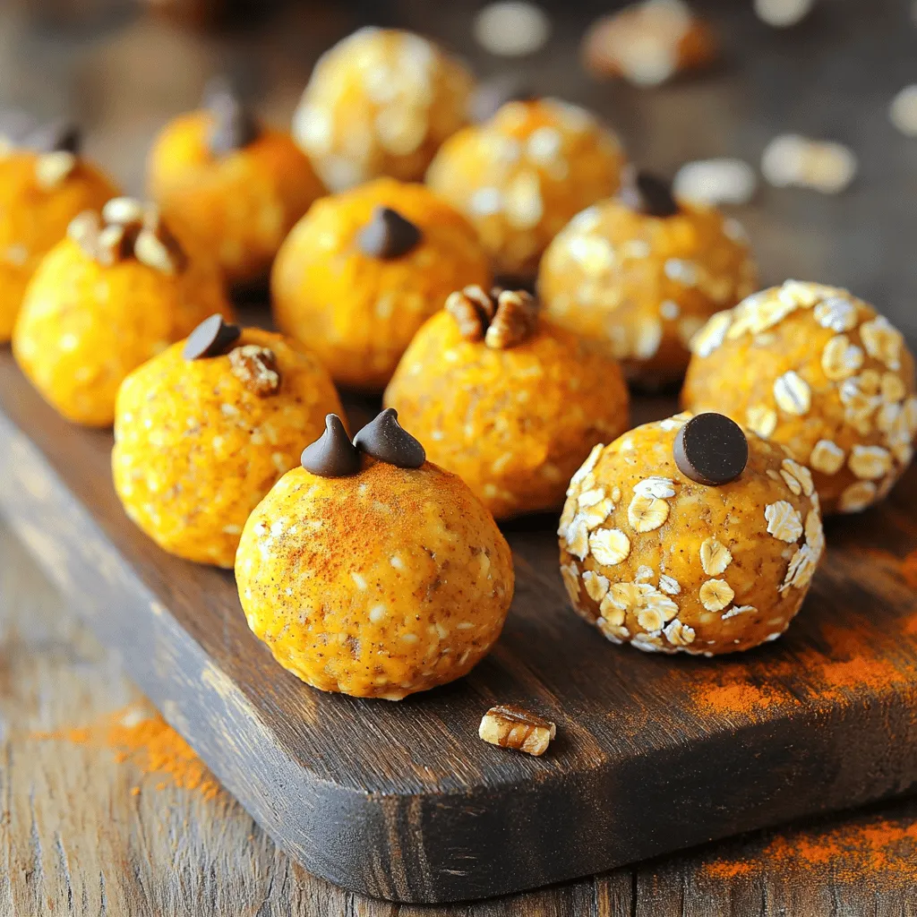 To create these tasty no-bake pumpkin pie energy balls, you need three main ingredients: - Rolled oats: They provide a hearty base and fiber. - Creamy almond butter: This adds healthy fat and a rich flavor. - Pure pumpkin puree: This gives that classic pumpkin taste and moisture. Next, let's add some sweet and spicy notes with these ingredients: - Maple syrup: It serves as the natural sweetener for balance. - Pumpkin pie spice: This mix of spices brings warmth and depth. - Ground flaxseed: It adds fiber and helps bind the mixture. For a twist in flavor and texture, consider these optional ingredients: - Mini chocolate chips: They add a sweet surprise in each bite. - Chopped walnuts: They give a nice crunch and nutty flavor. For the full recipe, check out the No-Bake Pumpkin Pie Energy Balls. First, we need to mix the dry ingredients. In a large bowl, combine: - 1 cup rolled oats - 1/3 cup ground flaxseed - 1/4 teaspoon sea salt - 1 teaspoon pumpkin pie spice Stir these ingredients well until they are evenly mixed. Next, we will whisk the wet ingredients. In a separate bowl, combine: - 1/2 cup creamy almond butter - 1/2 cup pure pumpkin puree - 1/4 cup maple syrup Whisk these together until the mixture is smooth. This step is key for a creamy texture. Now, it's time to mix the dry and wet ingredients. Pour the wet mix into the dry mix. Use a spatula or your hands to blend them together until everything is incorporated. The mixture should be thick and sticky. If you want to add extra taste, now is the time to fold in optional ingredients. You can add: - 1/4 cup mini chocolate chips (optional) - 1/4 cup chopped walnuts (optional) These add fun textures and flavors to your energy balls. Now, let’s shape our energy balls. Scoop about 1 tablespoon of the mixture and roll it into a ball in your hands. Repeat this until all the mixture is shaped into balls. Once rolled, place the energy balls on a baking sheet lined with parchment paper. This step helps them not stick. To firm them up, refrigerate the balls for at least 30 minutes. This will help them hold their shape better. After chilling, you can transfer them to an airtight container. Store them in the fridge for up to one week. For the full recipe, check the previous section. To make your no-bake pumpkin pie energy balls shine, start with room temperature ingredients. This simple step helps all the elements mix well. If you want a sweeter treat, adjust the maple syrup to your taste. You can add more or less, depending on how sweet you like it. If your mixture is crumbly, don’t worry! Just add a bit more pumpkin puree or almond butter. This will help bind everything together. When rolling the energy balls, wet your hands a little. This keeps the mixture from sticking to your fingers. You can roll them smoother this way. For a delightful touch, serve your energy balls on a pretty plate. You can sprinkle some extra pumpkin pie spice on top for flair. If you want to impress, add a drizzle of melted dark chocolate. It makes the snack look fancy and taste even better. For a fun twist, you can put them in cute cupcake liners. This adds charm and makes them easy to grab. For the full recipe, check out the No-Bake Pumpkin Pie Energy Balls. {{image_2}} You can easily change the taste of your no-bake pumpkin pie energy balls. A great way is to add protein powder. This gives your snack a boost without changing the flavor much. Use vanilla or chocolate protein powder for a fun twist. You can also adjust the spices for different flavors. Add more cinnamon for warmth or a pinch of nutmeg for a cozy touch. You could even try a dash of ginger for a spicy kick. Experiment with what you like most! Not everyone has almond butter at home. You can swap it out for any nut butter you enjoy, like peanut or cashew butter. If you need a nut-free option, use sunflower seed butter. It works great and has a nice flavor. If you prefer gluten-free options, make sure to use gluten-free oats. They will work just as well for your energy balls. Always check labels to keep everything safe and tasty! If you follow a vegan diet, this recipe is easy to modify. Use maple syrup for sweetness, as it is plant-based. All the other ingredients are naturally vegan too. For nut-free alternatives, stick with the sunflower seed butter mentioned earlier. You can also swap out the flaxseed with chia seeds. They provide similar health benefits and keep the recipe safe for those with nut allergies. To keep your No-Bake Pumpkin Pie Energy Balls fresh, use an airtight container. This will help prevent moisture and air from affecting their texture and taste. Store the container in the refrigerator. The cooler temperature helps maintain their flavor and quality. In the refrigerator, these energy balls last up to one week. They stay tasty and safe to eat. For longer storage, you can freeze them. They can last for up to three months in the freezer without losing their great taste. After storing in the fridge, serve them cold right from the container. If you freeze the energy balls, let them thaw in the fridge overnight. This makes them soft and ready to enjoy. You can also set them out at room temperature for about 15 minutes before serving. This way, they soften just enough for a perfect bite. For the full recipe, check the main section above. Can I use different types of nut butter? Yes, you can use other nut butters. Peanut butter or cashew butter works well, too. Each nut butter gives a unique taste and texture. Just make sure it’s creamy for best results. How many energy balls can I eat in one serving? I recommend eating two to three energy balls per serving. They are filling and full of nutrients. Enjoying them in moderation helps you stay energized and satisfied. Caloric content per ball Each energy ball has about 100 calories. This makes them a great snack choice without too many calories. You can enjoy them without guilt. Breakdown of macronutrients - Protein: 3g - Carbohydrates: 12g - Fat: 5g These energy balls provide a nice balance of protein, carbs, and healthy fats. Ideas for pairing with meals or snacks These energy balls pair well with yogurt or fruit. You can also enjoy them with a cup of tea or coffee. For a fun twist, try them as a topping on oatmeal or a smoothie bowl. They add a great crunch and flavor! You now know how to make tasty energy balls packed with good ingredients. We covered essential items like rolled oats and almond butter. You learned steps for mixing, shaping, and firming your balls. Tips helped you avoid common issues, while variations let you customize your snack. Remember, these energy balls are not just healthy; they’re fun to make and enjoy. With some easy swaps, you can adapt them for any diet. Enjoy your creation and share them with friends!