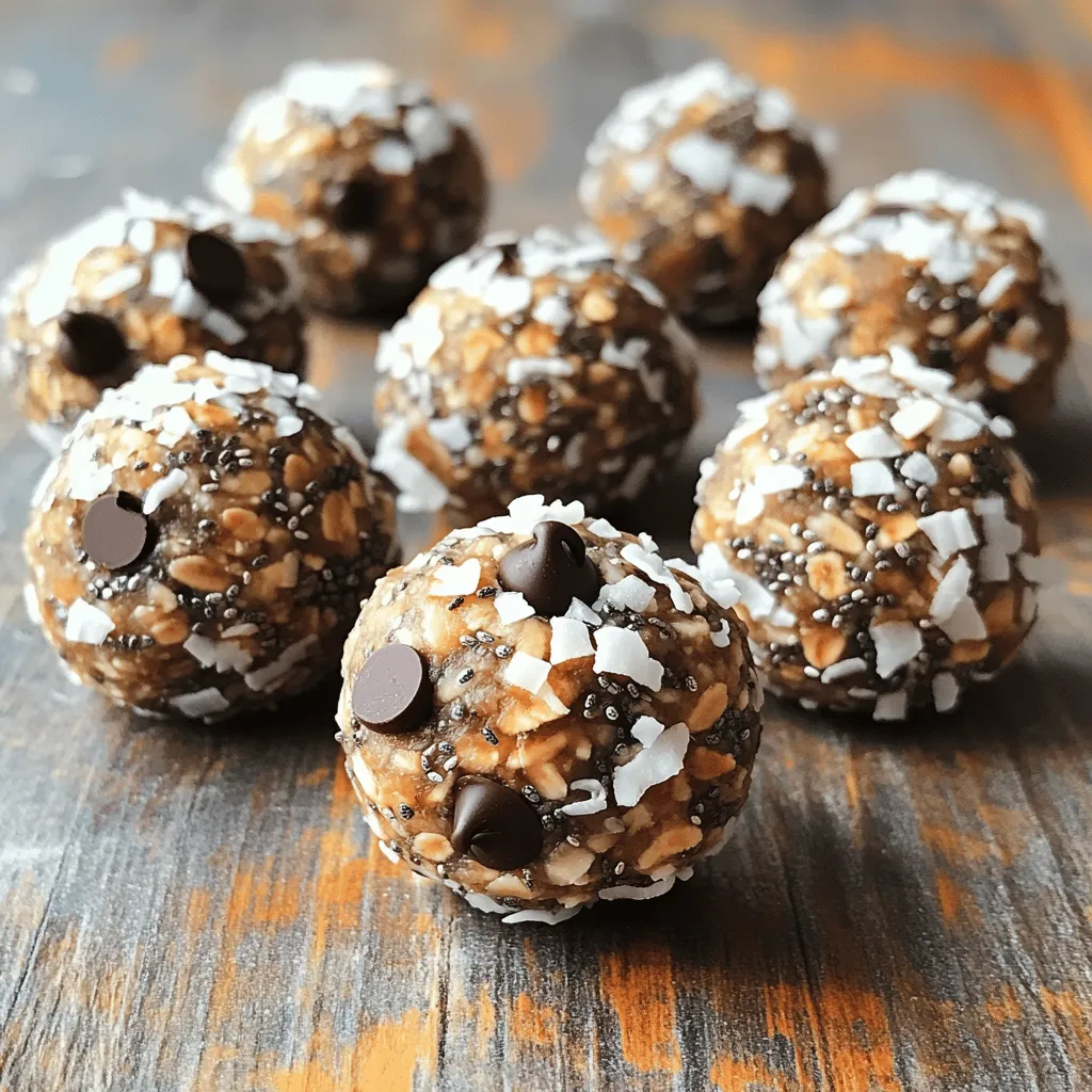 To make no-bake energy balls, you need simple ingredients. Here’s what you will need: - 1 cup rolled oats - 1/2 cup almond butter (or peanut butter) - 1/4 cup honey or maple syrup - 1/2 cup shredded coconut (unsweetened) - 1/2 cup dark chocolate chips - 1/4 cup chia seeds - 1/2 teaspoon vanilla extract - A pinch of sea salt These ingredients blend together to create a tasty snack. The oats provide fiber, while the nut butter adds protein. Honey or maple syrup gives a sweet touch. Coconut and chocolate make them fun! You can swap some ingredients if needed. Here are a few ideas: - Use sunflower seed butter instead of almond butter for nut-free options. - Agave syrup works well in place of honey or maple syrup. - Try different seeds like flaxseeds instead of chia seeds. - You can use dried fruits, like cranberries or raisins, for extra sweetness. These changes let you customize your energy balls to your taste. These energy balls are not just tasty; they are also good for you. Here’s what’s great about them: - Rolled oats give you energy and keep you full. - Nut butters offer healthy fats and protein. - Chia seeds are a source of omega-3 fatty acids. - Dark chocolate chips provide antioxidants. With these benefits, you can enjoy a delicious snack that fuels your body. For the complete recipe, check the Full Recipe section. To make No-Bake Energy Balls, start with the right ingredients. Gather these items: - 1 cup rolled oats - 1/2 cup almond butter (or peanut butter) - 1/4 cup honey or maple syrup - 1/2 cup shredded coconut (unsweetened) - 1/2 cup dark chocolate chips - 1/4 cup chia seeds - 1/2 teaspoon vanilla extract - A pinch of sea salt 1. In a big bowl, mix the rolled oats, almond butter, and honey (or maple syrup). 2. Next, add the shredded coconut, dark chocolate chips, chia seeds, vanilla extract, and sea salt. 3. Stir all the ingredients together until they form a sticky mix. This is key for binding. Mixing is important for flavor. Make sure to blend well. If you find it hard to combine, use a fork or spatula. This helps to break down any lumps. You can also use your hands for a better mix. Just remember to wash them first! If the mixture feels too dry, add a bit more almond butter or honey. If it’s too wet, add more oats. Finding the right texture makes a big difference. Rolling the balls is fun! Take a small piece of the mixture, about the size of a golf ball. Wet your hands slightly to keep the mixture from sticking. Roll it gently between your palms until it forms a nice ball. If they are not perfect, don’t worry! Each ball will taste great. Place the rolled balls on a tray with parchment paper. Once you finish rolling, chill them in the fridge for at least 30 minutes. This makes them firmer and easier to eat. Enjoy your Nutty Choco-Coconut Energy Balls! For more details, check the Full Recipe. To make your energy balls stick well, you need the right balance of ingredients. Use enough nut butter and sweetener. If your mixture feels too dry, add a bit more nut butter or honey. You can also wet your hands slightly when rolling the balls. This helps prevent the mixture from sticking to your hands. Want to boost flavor? Try adding spices like cinnamon or nutmeg. You can also mix in dried fruits like cranberries or raisins. For a crunchier texture, add nuts or seeds. Experiment with different combinations. Each time, you can create a unique energy ball. One common mistake is not measuring ingredients properly. Always use measuring cups for accuracy. Another mistake is skipping the refrigeration step. This helps the balls firm up and makes them easier to eat. Lastly, avoid overmixing. You want a sticky mixture, not a paste. For a complete guide, check out the Full Recipe. {{image_2}} You can mix and match flavors for your energy balls. Try adding cinnamon for warmth. You can also use dried fruit like cranberries or raisins. For a nutty twist, add chopped nuts or seeds. If you enjoy a hint of spice, try a dash of cayenne. Swapping almond butter for cashew butter creates a different taste. You can even use flavored protein powder for added nutrition. These energy balls can fit many diets. To make them gluten-free, choose certified gluten-free oats. For a vegan option, use maple syrup instead of honey and choose a plant-based protein. You can also use nut-free butter for those with allergies. There are many ways to adapt this recipe to fit your needs. Seasonal ingredients can add fun twists to your energy balls. In the fall, add pumpkin puree and pumpkin spice. During summer, incorporate fresh berries for a burst of flavor. In winter, try using chopped dates and walnuts. These ingredients not only taste great but also add nutrition. By changing ingredients with the seasons, you keep snacks exciting. Check out the Full Recipe for more ideas! To keep your no-bake energy balls fresh, store them in an airtight container. This helps keep moisture out and maintains their texture. I like to use glass containers, but any airtight box works well. Place a piece of parchment paper between layers if you stack them. This way, they won’t stick together. These energy balls stay fresh in the fridge for up to a week. You can also check for changes in smell or texture. If they feel dry or smell off, it’s best to toss them. They are easy and quick to make, so you can whip up a new batch anytime. If you want to keep them longer, freeze the energy balls. Place them in a single layer on a tray first. After they freeze for a few hours, transfer them to an airtight container or freezer bag. They can last for up to three months in the freezer. Just thaw them in the fridge before you enjoy them again. This method helps retain their taste and texture. Yes, you can use different nut butters. Almond butter and peanut butter work great. You can also try cashew or sunflower seed butter. Each nut butter adds its own taste. Just keep the same amount to keep the texture right. To make energy balls less sweet, reduce the honey or maple syrup. You can cut it in half. Adding more nut butter can help balance the taste. You can also use unsweetened cocoa powder for flavor without adding sugar. Yes, these energy balls are great for kids! They are easy to chew and packed with nutrients. You can even let kids help make them. They will love rolling the balls. Plus, they are a fun snack for school or after playtime. No-bake energy balls are easy to make and full of goodness. We covered key ingredients, tasty substitutes, and their health benefits. The simple steps help you mix and roll perfect balls, while tips on binding and flavor boost your results. We explored variations for different diets and seasonal treats. Proper storage keeps them fresh longer. Now, get ready to enjoy these wholesome snacks anytime!