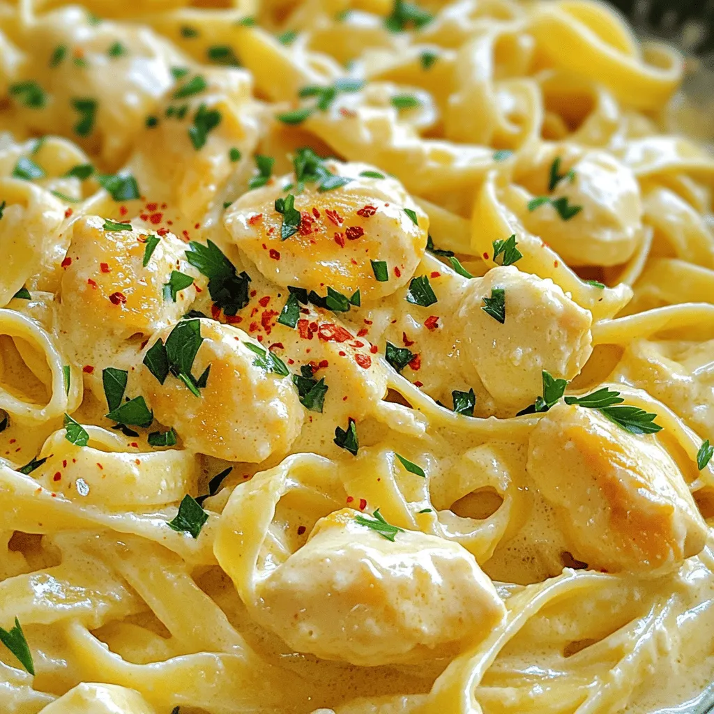 - Chicken: 2 boneless, skinless chicken breasts, cut into bite-sized pieces - Pasta: 8 oz penne or fettuccine - Sauce Ingredients: 4 cloves garlic, minced, 1 cup heavy cream, 3/4 cup grated Parmesan cheese I love this dish because it uses simple, fresh ingredients that blend perfectly. The chicken adds protein and flavor, while the pasta gives it heartiness. Garlic brings a nice kick, and the cream and Parmesan make the sauce rich and creamy. - Olive oil, salt, pepper, and optional red pepper flakes - Fresh parsley for garnish I use olive oil to sauté the chicken and garlic. It adds a nice depth of flavor. Salt and pepper are key for seasoning. If you like heat, toss in some red pepper flakes. They give a nice warmth without overpowering the dish. Finally, sprinkle fresh parsley on top before serving. It adds color and freshness to the plate. This recipe is all about balance. You want the chicken to shine, but you also want the sauce to be rich. The Full Recipe gives you all the steps to make this dish a hit at your table. To start, fill a large pot with water and add salt. Bring the water to a boil. Then, add your pasta. I recommend penne or fettuccine for this dish. Cook the pasta based on the package instructions, usually about 8 to 10 minutes. Once cooked, reserve half a cup of pasta water. Drain the pasta and set it aside. Next, take a large skillet and heat two tablespoons of olive oil over medium-high heat. Add the cut chicken pieces to the skillet. Season them with salt and pepper. Cook for about 5 to 7 minutes until they turn golden brown and are cooked through. Once done, remove the chicken from the skillet and set it aside. In the same skillet, add the minced garlic and red pepper flakes, if you like some heat. Sauté these for about one minute until the garlic smells great. Then, pour in one cup of heavy cream. Bring it to a gentle simmer. This step will create a rich and creamy sauce. Now, it's time to make it creamy! Whisk in three-quarters of a cup of grated Parmesan cheese. Stir until the cheese melts and the sauce is smooth. Add the chicken and pasta back into the skillet. Toss everything together, and use the reserved pasta water to get your desired sauce thickness. Taste your dish and adjust the seasoning with more salt and pepper if needed. For a fresh touch, garnish with chopped parsley before serving. Your delicious Easy Chicken Garlic Parmesan Pasta is now ready to enjoy. For more details, check out the Full Recipe. For the best results, start with boiling salted water for your pasta. This enhances flavor. Cook your pasta just until al dente. This means it should still have a slight bite. Reserve about half a cup of pasta water before draining. This water helps adjust the sauce later. For the chicken, heat olive oil in a skillet over medium-high heat. Season the chicken with salt and pepper before cooking. Cook the chicken until it's browned, which takes about 5-7 minutes. Don’t overcook! This keeps the chicken juicy. To achieve a creamy sauce, add the heavy cream slowly. Stir it in well, allowing it to simmer gently. Then, whisk in the Parmesan cheese until it melts. This creates the creamy texture that everyone loves. If you want a lighter dish, you can use half-and-half instead of heavy cream. This keeps the creaminess but lowers the fat. For Parmesan cheese, try nutritional yeast for a dairy-free option. It adds a cheesy flavor without the milk. When it comes to pasta types, penne and fettuccine are great choices. You can also use spaghetti or rotini. They all hold onto the sauce well, making every bite flavorful. To boost flavor, consider adding fresh vegetables. Spinach or broccoli works well. Just toss them in during the last few minutes of cooking. Herbs like basil or thyme add freshness too. If you want some heat, adjust the spice levels by adding more or fewer red pepper flakes. For a milder dish, skip them altogether. For extra zing, a squeeze of lemon juice can brighten the flavors nicely. For the full recipe, check out the Easy Chicken Garlic Parmesan Pasta 🧄. {{image_2}} You can switch up the protein in this dish. If you want to change from chicken, try shrimp. Shrimp cooks fast and brings a sweet taste. Tofu is a great choice too. It soaks up flavors well, making it a tasty option for vegetarians. For veggie lovers, mushrooms or chickpeas can work wonders. Use mushrooms for a hearty bite. Chickpeas add a nice crunch and protein. Both options make this dish filling and fun. Looking to lighten things up? You can make a lighter sauce using milk or yogurt. This change keeps the creaminess but cuts down the fat. Adding lemon juice or fresh herbs can brighten it up, too. Herbs like basil or parsley add fresh flavors, making each bite more exciting. If you need gluten-free options, there are many pasta choices. Rice pasta or quinoa pasta is easy to find. Both can replace traditional pasta without losing taste. For a veggie twist, try zucchini noodles or cauliflower pasta. Zucchini noodles are low in carbs and add a fresh crunch. Cauliflower pasta is also great. It keeps the dish light and adds a unique flavor. Feel free to explore these variations to make the recipe your own! For the complete recipe, check out the [Full Recipe]. To store leftovers, place them in an airtight container. Make sure the pasta cools down before sealing. This way, it won’t steam inside. Properly stored, your Easy Chicken Garlic Parmesan Pasta lasts about 3 to 4 days in the fridge. Always check for signs of spoilage before enjoying your leftovers. If you want to freeze your pasta, follow these best practices. First, let the dish cool completely. Then, spoon it into freezer-safe bags or containers. Squeeze out the air before sealing to prevent freezer burn. This dish can stay fresh for about 2 to 3 months in the freezer. When you’re ready to eat, thaw it in the fridge overnight. Reheat it gently on the stove over low heat. Add a splash of water or cream to bring back the creaminess. Stir often to heat evenly and enjoy your meal just like when it was fresh! Making Easy Chicken Garlic Parmesan Pasta takes about 30 minutes. You spend around 10 minutes prepping ingredients. The cooking time is about 20 minutes. This quick recipe fits perfectly into a busy weeknight dinner. Yes, you can make this dish dairy-free. Use coconut cream instead of heavy cream. For cheese, try nutritional yeast or a dairy-free Parmesan. These swaps keep the creamy flavor while fitting your diet. You can serve this pasta with a fresh salad or garlic bread. A Caesar salad pairs well with the creamy pasta. Roasted veggies also complement the meal nicely. Try adding a side of steamed broccoli for extra nutrients. If your sauce is too thick, add a bit of reserved pasta water. Start with a few tablespoons and stir well. This helps loosen the sauce without losing flavor. You can also add a splash of broth or extra cream if needed. For the full recipe, check out the section above. In this post, we explored making Easy Chicken Garlic Parmesan Pasta. You learned about the main ingredients and their roles. We covered simple steps to cook pasta, sauté chicken, and create a creamy garlic sauce. I shared tips for cooking and flavor-enhancing options. You can even switch proteins or pasta types to suit your taste. Remember, this dish is flexible and easy to store or freeze. Enjoy crafting this delicious meal and share it with loved ones!