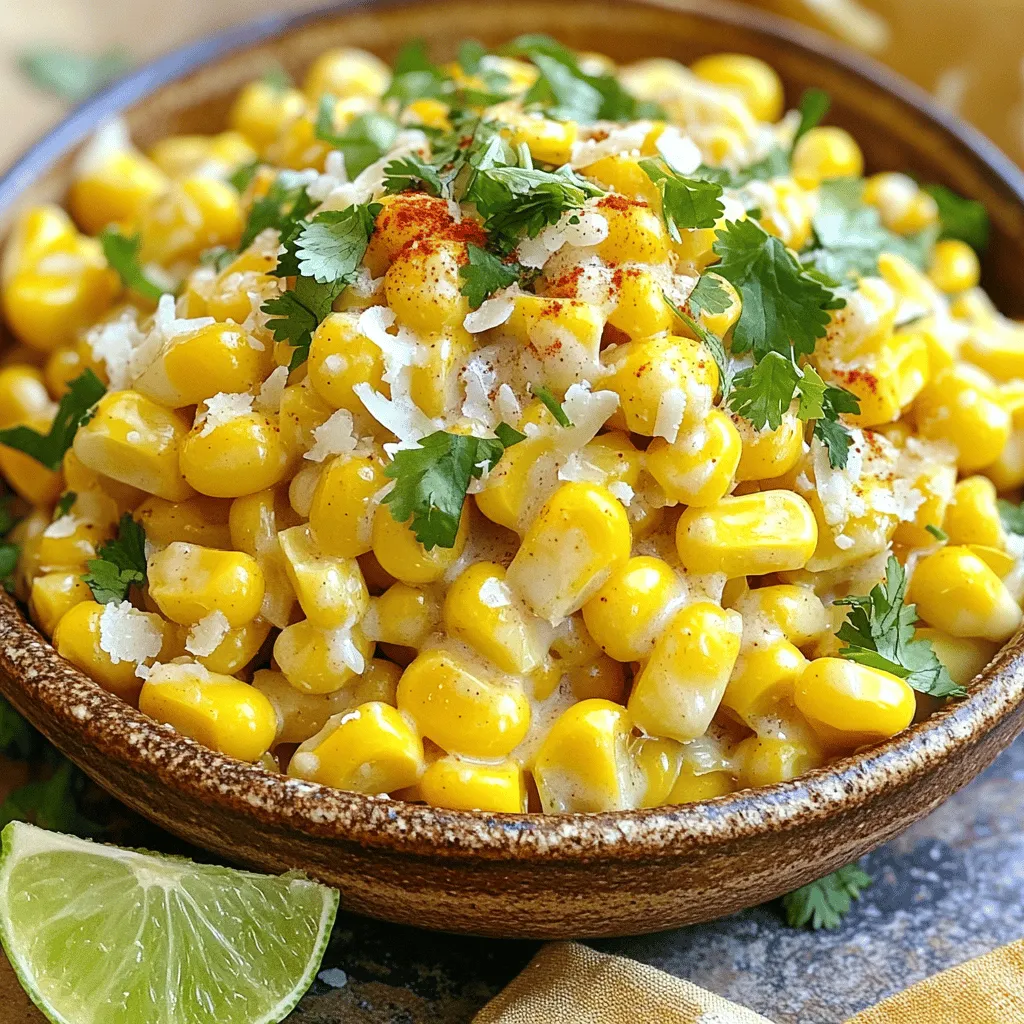 To make this garlic butter corn with cheese, gather these simple items: - 4 ears of fresh corn, husked and cleaned - 4 tablespoons unsalted butter - 4 cloves garlic, minced - 1 teaspoon smoked paprika - 1 cup grated Parmesan cheese - 1/2 cup fresh cilantro, chopped (or parsley) - Juice of 1 lime - Salt and pepper to taste Choose corn that feels firm and heavy in your hand. Look for bright green husks. The silk should be moist and golden. Avoid ears with dry or dark silk. Fresh corn is sweet and crisp. You can also peel back the husk slightly to check the kernels. They should be plump and tightly packed. Sweet corn is best for this recipe. You can add more fun to your corn. Try using different cheeses like feta or cotija. A sprinkle of chili powder adds heat. You might want to add bacon bits for a savory touch. Fresh herbs like basil or green onions can also enhance the dish. These extras can create new flavors and make the corn even more exciting. Start by boiling a large pot of salted water. You want it to bubble nicely. Once it boils, add the corn. Cook it for about 5-7 minutes. The corn should be tender but still have a good crunch. After cooking, take the corn out and let it cool for a bit. This makes it safe to handle. While the corn cooks, grab a small saucepan. Melt four tablespoons of unsalted butter over medium heat. Once the butter melts, add four minced garlic cloves. Cook for 1-2 minutes until you smell the garlic. Be careful not to let it brown. Remove the pan from heat. Stir in one teaspoon of smoked paprika, lime juice, salt, and pepper. This sauce will make the corn pop with flavor! When the corn is cool enough, cut the kernels off the cob. Place the fresh kernels in a mixing bowl. Pour the garlic butter sauce over the corn. Toss everything well to coat. Next, add one cup of grated Parmesan cheese and half a cup of chopped cilantro, or parsley if you prefer. Mix until everything is evenly combined. Taste it and add more salt or pepper if you like. Serve the garlic butter corn warm. You can add more cheese and cilantro on top for a beautiful finish. For the full recipe, check the previous section! To get the best flavor, always use fresh corn. Fresh corn has a sweet taste that frozen corn cannot match. When you cook the corn, do not overdo it. Cooking for 5-7 minutes gives you tender but crisp kernels. Add the garlic butter right after cooking. This step helps the corn soak up all that delicious flavor. I like to sprinkle some smoked paprika for a little heat. It adds a great touch to the overall taste. To check if corn is ripe, look at the husks. They should be bright green and tightly wrapped. You can also feel the kernels. They should be plump and round. If you see some dark spots, it may not be fresh. Another way to check is to peel back a bit of the husk. Look at the silk. It should be brown and slightly dry, not black or mushy. Follow these steps to find the best corn for your dish. If you do not have a pot to boil, try grilling the corn. Grilling gives the corn a nice smoky flavor. Simply brush it with olive oil and grill for about 10 minutes. Turn it often to cook evenly. You can also roast the corn in the oven. Preheat the oven to 400°F (200°C). Place the corn in a baking dish and cover it with foil. Roast for 20-25 minutes, turning halfway through. These methods keep the corn juicy and full of flavor. You can use these tips in the full recipe to make your garlic butter corn even better! {{image_2}} You can choose many cheeses to add to your garlic butter corn. Parmesan gives a nice salty flavor. But you can also try cheddar for a richer taste. Feta can add a tangy kick. If you want creaminess, use mozzarella. Each cheese changes the dish in a fun way. Mix and match to find your favorite! If you like heat, add some spice to your corn. Try red pepper flakes for a mild kick. For more heat, use diced jalapeños. You can also add a splash of hot sauce. Just remember, start small and taste as you go. You want to enjoy the flavor, not just the heat. You can make this dish vegetarian or vegan with a few swaps. Use vegan butter instead of regular butter. Replace Parmesan with nutritional yeast for a cheesy flavor. You could also try cashew cheese for creaminess. These changes keep the dish tasty while meeting different diets. Enjoy your garlic butter corn, no matter how you choose to make it! To store leftover garlic butter corn, let it cool first. Place it in an airtight container. Keep it in the fridge for up to three days. Make sure to seal the container well. This helps keep the flavors fresh. When you're ready to enjoy it again, heat the corn gently. You can use the microwave or a skillet. If using a microwave, cover it loosely. Heat for about 1-2 minutes. Stir halfway through to warm it evenly. If using a skillet, add a little butter. Heat on medium for about 3-5 minutes until warm. Freezing garlic butter corn is a great option for later. First, cool the corn completely. Then, place it in freezer-safe bags. Squeeze out as much air as possible before sealing. It will keep well for up to three months. When you’re ready to eat, thaw it in the fridge overnight. Reheat as mentioned above for best taste. Yes, you can use frozen corn. Frozen corn is quick and easy. It often cooks faster than fresh corn. Just make sure to thaw it first. You can add it directly to the garlic butter sauce. This keeps the flavor rich and tasty. Garlic butter corn goes well with many dishes. It complements grilled meats like chicken or steak. You can serve it with fish for a light meal. It also pairs nicely with salads, tacos, or as a side for BBQs. The rich flavors of the corn enhance any meal. To make this recipe dairy-free, swap the butter with olive oil or plant-based butter. For cheese, use a dairy-free cheese option. Nutritional yeast also adds a nice cheesy flavor without dairy. These changes keep the dish creamy and delicious while being dairy-free. This recipe combines sweet corn with rich garlic butter and cheese. The blend creates a dish that is both simple and delicious. Each bite bursts with flavor and satisfaction. You will love how easy it is to make. Start by boiling fresh corn. The water should be salty, like the sea. Boil the corn for about five to seven minutes. The corn should be tender but still crunchy. This keeps the texture nice. While the corn cooks, melt the butter in a pan. Add minced garlic and cook for one to two minutes. This step makes the garlic fragrant. Be careful not to brown the garlic. It should stay light and flavorful. Mix in smoked paprika, lime juice, salt, and pepper. This adds a smoky and tangy taste. Once the corn cools, cut the kernels off the cob. Put them in a bowl. Pour the garlic butter mix over the kernels. Toss everything together so the corn is coated well. Then, add grated Parmesan cheese and cilantro. Mix again until you see the cheese melt slightly. Each serving of this dish is about one cup. It has around 200 calories. You will get 10 grams of fat, 20 grams of carbs, and 6 grams of protein. It's a good side dish for any meal. The cheese adds calcium, and the corn provides fiber. Serve this garlic butter corn warm. You can add more cheese and cilantro on top for a nice look. It pairs well with grilled meats. You can also serve it at barbecues or family dinners. Try placing it in a colorful bowl. Garnish with lime wedges for a fresh touch. For the full recipe, check out the details above. Enjoy your cooking! This blog post covered how to make delicious garlic butter corn. We shared tips on picking the best corn and adding flavor. You learned how to cook the corn, make the garlic sauce, and mix it all together. We also explored variations and storage tips. Cooking can be fun and easy. With simple steps, anyone can enjoy this tasty dish. Try your own ideas and make it your own. Enjoy your garlic butter corn!
