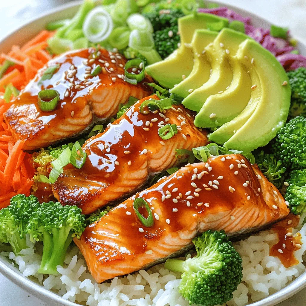 To make Honey Sriracha Salmon Bowls, gather these key items: - 4 salmon fillets (about 6 oz each) - 3 tablespoons honey - 2 tablespoons sriracha sauce - 1 tablespoon soy sauce - 1 tablespoon olive oil - 1 cup cooked jasmine rice - 1 cup broccoli florets - 1 carrot, julienned - 1/2 cup red cabbage, finely shredded - 1 avocado, sliced - 2 green onions, chopped - Sesame seeds for garnish - Salt and pepper to taste Using fresh ingredients makes a big difference in this dish. Fresh salmon and crisp veggies add great flavor and texture. I always prefer fresh broccoli and carrots for their crunch. However, some pantry staples are just as important. Honey and sriracha give the sauce its sweet and spicy kick. Soy sauce adds depth, while olive oil helps cook the salmon perfectly. You can swap some ingredients if needed. No salmon? Use chicken or firm tofu instead. If you dislike sriracha, try another hot sauce or even BBQ sauce for a sweet twist. Don't have jasmine rice? Any grain works, like brown rice or quinoa. You can also change the veggies based on what you have. Try bell peppers or snap peas for fun variations. To start, gather your ingredients. You need honey, sriracha, soy sauce, salt, and pepper. In a small bowl, whisk them. Mix until they blend well. This marinade gives your salmon a sweet and spicy kick. Next, take your salmon fillets. Place them in a shallow dish. Pour the marinade over the salmon. Make sure each piece gets coated. Let the salmon sit for at least 20 minutes. This step helps the flavors soak in well. You have two great options to cook your salmon: the skillet or the oven. If you choose the skillet, heat it over medium. Add olive oil, then place the salmon skin-side down. Cook for 4-5 minutes until crispy. Flip and cook for another 3-4 minutes. For the oven, preheat it to 400°F (200°C). Place the marinated salmon on a baking sheet lined with foil. Bake for 12-15 minutes, or until fully cooked. Both methods work well, but the skillet gives a nice crispy skin. You can follow the Full Recipe to explore more details. Enjoy your cooking! Cooking salmon can seem tricky, but it’s easy once you know a few tips. Always start with fresh salmon. Look for bright color and firm texture. Before cooking, let the salmon sit at room temperature for about 15 minutes. This helps it cook evenly. Use a non-stick skillet for best results. Heat the skillet first before adding olive oil. This way, the skin gets crispy. Cook skin-side down for 4-5 minutes. Flip it gently to avoid breaking. Brush with leftover marinade while cooking for extra flavor. Blanching makes your veggies bright and crunchy. Start by boiling water in a pot. Add a pinch of salt to keep colors vivid. Once boiling, add broccoli and carrots. Cook for just 2-3 minutes. You want them tender but still crisp. After that, quickly transfer them to an ice bath. This stops the cooking process and keeps them colorful. Pat them dry before adding to your bowl. A beautiful bowl makes the meal more fun. Use a wide, shallow bowl for serving. Start with a base of jasmine rice. Place the salmon in the center. Arrange your blanched vegetables around it. Add red cabbage and avocado for color. Finish with green onions and sesame seeds on top. A wedge of lime adds a nice touch. It gives a fresh burst when squeezed. For those who love spice, drizzle extra sriracha on top. Enjoy creating your colorful masterpiece! {{image_2}} You can switch the protein in your bowls. Tofu is a great choice for a vegetarian meal. It soaks up the honey sriracha flavors well. Just press it to remove excess water before marinating. Chicken is another option. Use boneless, skinless chicken thighs or breasts. Cook them in the same way as the salmon for a tasty twist. Both options will give you a healthy, filling meal. If you want to change things up, try a different sauce. Teriyaki sauce adds a sweet and savory flavor. It pairs well with both salmon and chicken. Garlic soy sauce gives a nice punch. This sauce is rich and very aromatic. You can mix these sauces with honey and sriracha for more depth. Experimenting with these sauces will keep your meals exciting. Seasonal vegetables can add color and taste to your bowls. Try using bell peppers in the summer for a crunchy bite. In the fall, roasted sweet potatoes can add sweetness. You can even add snap peas or asparagus for a fresh crunch. The key is to use what is fresh and in season. This not only enhances flavor but also makes your meal more nutritious. Customize your bowls to your taste and enjoy the variety. Store your Honey Sriracha salmon bowls in an airtight container. Make sure to separate the salmon from the rice and veggies. This keeps the rice fluffy and the salmon fresh. You can keep leftovers in the fridge for up to three days. Don't forget to label your containers with the date. This helps you remember when you made them. To reheat, use the microwave or a skillet. If you choose the microwave, heat the salmon and rice in 30-second bursts. Check often to avoid overcooking. For the skillet, warm it over medium heat. Add a splash of water to keep it moist. Stir gently until heated through. This way, you keep that delicious flavor intact. You can freeze the salmon and rice if you want to prep ahead. Place portions in freezer-safe bags. Remove as much air as possible. This prevents freezer burn. The salmon will last up to three months in the freezer. When you’re ready to eat, thaw it overnight in the fridge. Reheat it using the methods above for a quick meal. You can serve many sides with these salmon bowls. Here are some great options: - Steamed rice or quinoa for extra carbs. - A fresh green salad for crunch and color. - Pickled vegetables to add tang. - Crispy wonton chips for texture. - A wedge of lime for a zesty kick. These sides complement the sweet and spicy flavors of the salmon. Yes, you can prepare these bowls in advance. Cook the salmon and veggies, then store them separately. This helps keep everything fresh. Store the rice in the fridge, too. Assemble the bowls right before eating. This way, the food stays tasty and looks nice. To change the spice level, adjust the sriracha. Here’s how: - For less heat, use less sriracha in the marinade. - For more heat, add extra sriracha on top before serving. - You can also mix the sriracha with yogurt or sour cream. This makes a creamy sauce that cools the heat. These tips help you create the perfect bowl that suits your taste. For the complete recipe, check out the Full Recipe section. This blog post covered all you need for tasty Salmon Bowls. We discussed ingredients, from fresh options to pantry staples. I shared steps to prepare, marinate, and cook the salmon. You learned tips for cooking and serving, plus how to switch proteins and sauces. Storage tips ensure your leftovers stay great, while FAQs answered common questions. Cooking is fun and easy with the right info. Enjoy making these bowls and share with friends!