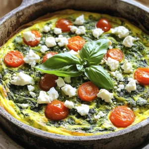- 6 large eggs - 1 cup fresh spinach, chopped - 1/2 cup cherry tomatoes, halved - 1/2 cup feta cheese, crumbled - Fresh basil leaves for garnish - Additional spices for flavor enhancement - Oven-safe skillet - Mixing bowl - Whisk To make a tasty spinach frittata, you need a few simple items. Start with six large eggs. They form the base of the dish. Next, grab one cup of fresh spinach and chop it well. This gives the frittata its vibrant color and nutrition. You will also need half a cup of cherry tomatoes, halved for a sweet burst of flavor. Lastly, half a cup of crumbled feta cheese adds a creamy touch that makes this dish special. For optional ingredients, consider fresh basil leaves. They add a lovely smell and taste when you serve the frittata. You can also use extra spices to boost the flavor, like garlic powder or black pepper. You will need a few kitchen tools to prepare this dish. An oven-safe skillet is key for cooking your frittata. A mixing bowl will help you whisk the eggs. Finally, a whisk makes it easy to combine the eggs and seasonings. For the full recipe, check the details provided earlier. First, preheat your oven to 375°F (190°C). This step warms up the oven and gets it ready for your frittata. While the oven heats, grab a large bowl and whisk together 6 large eggs. Make sure they are mixed well. Next, season the eggs with salt and pepper to taste. This will add flavor to your base mixture. Set the bowl aside for now. Now, heat 2 tablespoons of olive oil in an oven-safe skillet over medium heat. Once the oil is hot, add 1/4 cup of finely chopped onion. Sauté the onions for about 2-3 minutes until they turn translucent. This means they should look soft but not brown. Next, add 2 cloves of minced garlic and cook for another minute. You want to smell that lovely garlic aroma! Then, stir in 1 cup of chopped fresh spinach. Cook it for about 2 minutes until it wilts down. This will help the spinach blend with the other flavors. Now it’s time to add some color! Toss in 1/2 cup of halved cherry tomatoes and mix well with the other veggies. Pour your egg mixture over the vegetables, ensuring everything is spread evenly. Finally, sprinkle 1/2 cup of crumbled feta cheese on top of the egg mixture. Cook the frittata on the stovetop for about 4-5 minutes without stirring. You want the edges to start setting. Once they do, transfer the skillet to the preheated oven. Bake the frittata for 12-15 minutes. It’s ready when the center is set and the top is lightly browned. Let it cool for a few minutes, then slice and serve. For a nice touch, you can garnish with fresh basil leaves if you like. Check out the Full Recipe to make your own delicious spinach frittata! To get the best frittata, start with the eggs. Whisk them well until they are light and frothy. This adds air and makes your frittata fluffy. Mix in salt and pepper to season. Always choose fresh ingredients. Fresh spinach, ripe tomatoes, and good cheese make a big difference in flavor. When your veggies are fresh, your dish will shine. For side dishes, think simple. Toasted bread pairs well with a frittata. A fresh salad can also add crunch and color. Try a mix of greens with a light dressing. This balances the rich frittata. You can also serve it with fruit for a sweet touch. Make your frittata look great on the plate. After slicing, arrange the pieces neatly. Add a sprinkle of fresh basil on top for color. You can also drizzle a little olive oil for shine. Using a nice plate can elevate the meal. Remember, we eat with our eyes first! For the full recipe, check out Spinach Frittata Delight . {{image_2}} You can swap out feta cheese for other tasty options. Try goat cheese for a tangy kick. Cheddar adds a rich flavor, while mozzarella gives a nice stretch. Feel free to mix in different veggies too. Bell peppers, zucchini, or mushrooms work great. Each adds unique taste and nutrition to your frittata. Herbs and spices can change the game. Fresh basil, parsley, or thyme brighten the dish. If you like heat, add a pinch of red pepper flakes. Want more protein? Throw in cooked bacon or diced ham. These meats add a savory depth and make the frittata even more filling. You can cook your frittata on the stovetop or in the oven. Stovetop means quicker cooking, but the oven gives a nice, even finish. Using a non-stick skillet is smart. It helps the frittata slide right out when you serve it. No more messy plates! For the full recipe, check out Spinach Frittata Delight. To keep your frittata fresh, store it in the fridge. Place it in an airtight container. It stays good for about 3 to 4 days. When you are ready to eat, reheat it in the oven or microwave. For the oven, set it to 350°F (175°C) and heat for about 10 minutes. If using a microwave, warm it in 30-second bursts until hot. This helps keep the texture nice. You can freeze the frittata for longer storage. Cut it into slices. Wrap each slice in plastic wrap. Then, place them in a freezer bag. This method helps keep the frittata from getting freezer burn. To thaw, move it to the fridge overnight. Reheat in the oven or microwave as mentioned above. Always check your frittata for spoilage. If it smells off or has a slimy texture, throw it away. Keep your fridge at 40°F (4°C) or lower to ensure safety. This temperature helps prevent bacteria growth. To make a frittata fluffy, you want to aerate the eggs. Here’s how: - Whisk well: Beat the eggs until they are light and frothy. This adds air. - Add liquid: You can add a splash of milk or cream. This helps with fluffiness. - Don’t overcook: Keep an eye on the cooking time. Overcooked eggs can become dense. These steps help create a light, airy texture. A fluffy frittata feels soft and moist, making it more enjoyable to eat. Yes, you can make a spinach frittata ahead of time. Here’s how to prepare and store it: - Cook and cool: Follow the recipe and let the frittata cool completely before storing. - Cover tightly: Wrap it in plastic wrap or foil. This keeps it fresh. - Store in the fridge: It stays good for up to 3 days. When you're ready to eat, simply reheat it in the oven or microwave. This makes meal prep easy and saves time. To make the best frittata, avoid these common mistakes: - Overcooking: This makes the eggs rubbery. Cook just until set. - Under-seasoning: Season well with salt and pepper. Let the flavors shine. - Neglecting the vegetables: Make sure to cook them enough. This enhances the taste. By avoiding these errors, you'll enjoy a much better frittata. For the complete guide, check the Full Recipe. A spinach frittata is easy and fun to make. We discussed key ingredients like eggs, spinach, and feta. I shared steps for preparation, cooking, and serving. You can explore variations, storage tips, and common mistakes to avoid. In the end, a frittata is versatile and can suit any taste. Enjoy it fresh or save for later meals. With practice, you’ll master this tasty dish.