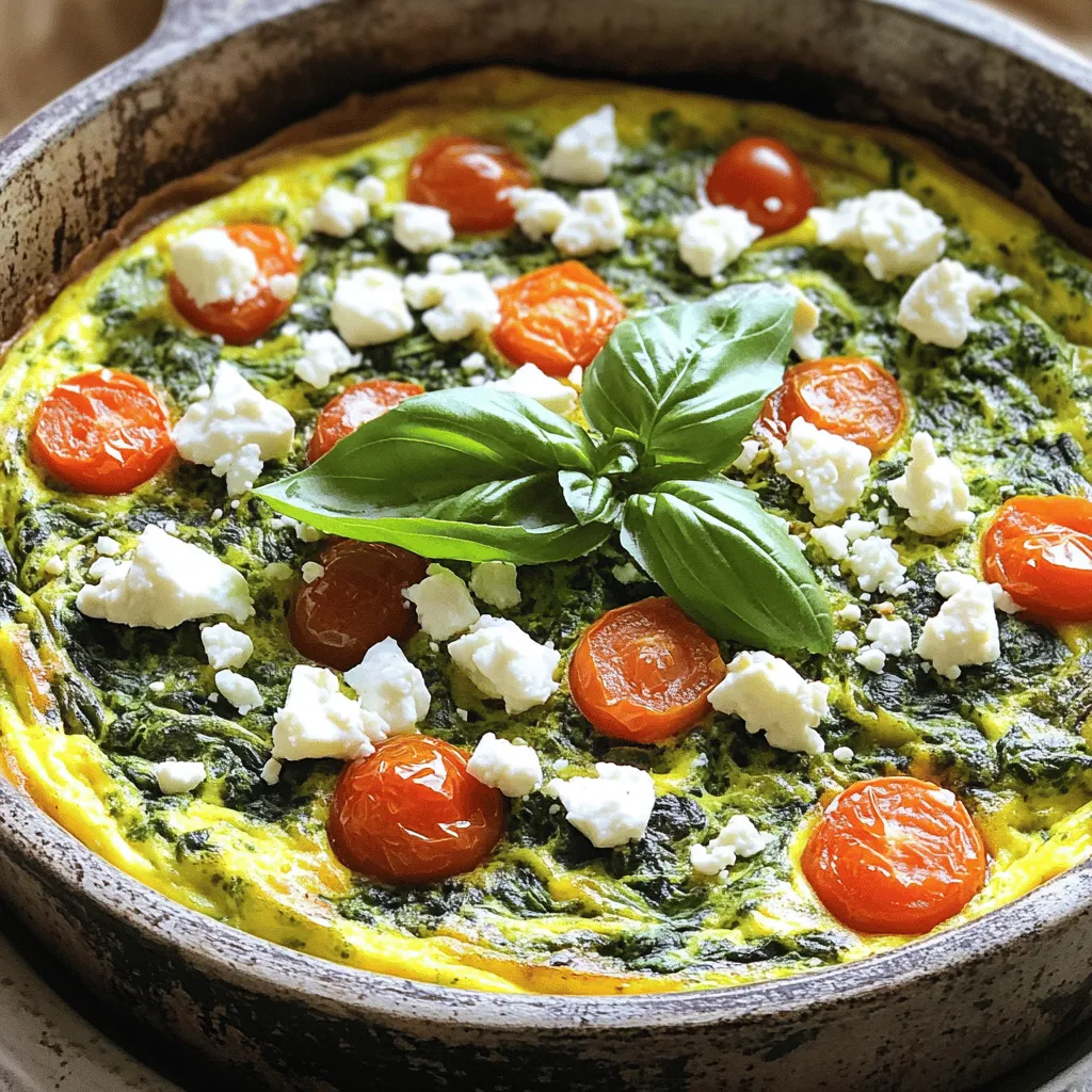 - 6 large eggs - 1 cup fresh spinach, chopped - 1/2 cup cherry tomatoes, halved - 1/2 cup feta cheese, crumbled - Fresh basil leaves for garnish - Additional spices for flavor enhancement - Oven-safe skillet - Mixing bowl - Whisk To make a tasty spinach frittata, you need a few simple items. Start with six large eggs. They form the base of the dish. Next, grab one cup of fresh spinach and chop it well. This gives the frittata its vibrant color and nutrition. You will also need half a cup of cherry tomatoes, halved for a sweet burst of flavor. Lastly, half a cup of crumbled feta cheese adds a creamy touch that makes this dish special. For optional ingredients, consider fresh basil leaves. They add a lovely smell and taste when you serve the frittata. You can also use extra spices to boost the flavor, like garlic powder or black pepper. You will need a few kitchen tools to prepare this dish. An oven-safe skillet is key for cooking your frittata. A mixing bowl will help you whisk the eggs. Finally, a whisk makes it easy to combine the eggs and seasonings. For the full recipe, check the details provided earlier. First, preheat your oven to 375°F (190°C). This step warms up the oven and gets it ready for your frittata. While the oven heats, grab a large bowl and whisk together 6 large eggs. Make sure they are mixed well. Next, season the eggs with salt and pepper to taste. This will add flavor to your base mixture. Set the bowl aside for now. Now, heat 2 tablespoons of olive oil in an oven-safe skillet over medium heat. Once the oil is hot, add 1/4 cup of finely chopped onion. Sauté the onions for about 2-3 minutes until they turn translucent. This means they should look soft but not brown. Next, add 2 cloves of minced garlic and cook for another minute. You want to smell that lovely garlic aroma! Then, stir in 1 cup of chopped fresh spinach. Cook it for about 2 minutes until it wilts down. This will help the spinach blend with the other flavors. Now it’s time to add some color! Toss in 1/2 cup of halved cherry tomatoes and mix well with the other veggies. Pour your egg mixture over the vegetables, ensuring everything is spread evenly. Finally, sprinkle 1/2 cup of crumbled feta cheese on top of the egg mixture. Cook the frittata on the stovetop for about 4-5 minutes without stirring. You want the edges to start setting. Once they do, transfer the skillet to the preheated oven. Bake the frittata for 12-15 minutes. It’s ready when the center is set and the top is lightly browned. Let it cool for a few minutes, then slice and serve. For a nice touch, you can garnish with fresh basil leaves if you like. Check out the Full Recipe to make your own delicious spinach frittata! To get the best frittata, start with the eggs. Whisk them well until they are light and frothy. This adds air and makes your frittata fluffy. Mix in salt and pepper to season. Always choose fresh ingredients. Fresh spinach, ripe tomatoes, and good cheese make a big difference in flavor. When your veggies are fresh, your dish will shine. For side dishes, think simple. Toasted bread pairs well with a frittata. A fresh salad can also add crunch and color. Try a mix of greens with a light dressing. This balances the rich frittata. You can also serve it with fruit for a sweet touch. Make your frittata look great on the plate. After slicing, arrange the pieces neatly. Add a sprinkle of fresh basil on top for color. You can also drizzle a little olive oil for shine. Using a nice plate can elevate the meal. Remember, we eat with our eyes first! For the full recipe, check out Spinach Frittata Delight . {{image_2}} You can swap out feta cheese for other tasty options. Try goat cheese for a tangy kick. Cheddar adds a rich flavor, while mozzarella gives a nice stretch. Feel free to mix in different veggies too. Bell peppers, zucchini, or mushrooms work great. Each adds unique taste and nutrition to your frittata. Herbs and spices can change the game. Fresh basil, parsley, or thyme brighten the dish. If you like heat, add a pinch of red pepper flakes. Want more protein? Throw in cooked bacon or diced ham. These meats add a savory depth and make the frittata even more filling. You can cook your frittata on the stovetop or in the oven. Stovetop means quicker cooking, but the oven gives a nice, even finish. Using a non-stick skillet is smart. It helps the frittata slide right out when you serve it. No more messy plates! For the full recipe, check out Spinach Frittata Delight. To keep your frittata fresh, store it in the fridge. Place it in an airtight container. It stays good for about 3 to 4 days. When you are ready to eat, reheat it in the oven or microwave. For the oven, set it to 350°F (175°C) and heat for about 10 minutes. If using a microwave, warm it in 30-second bursts until hot. This helps keep the texture nice. You can freeze the frittata for longer storage. Cut it into slices. Wrap each slice in plastic wrap. Then, place them in a freezer bag. This method helps keep the frittata from getting freezer burn. To thaw, move it to the fridge overnight. Reheat in the oven or microwave as mentioned above. Always check your frittata for spoilage. If it smells off or has a slimy texture, throw it away. Keep your fridge at 40°F (4°C) or lower to ensure safety. This temperature helps prevent bacteria growth. To make a frittata fluffy, you want to aerate the eggs. Here’s how: - Whisk well: Beat the eggs until they are light and frothy. This adds air. - Add liquid: You can add a splash of milk or cream. This helps with fluffiness. - Don’t overcook: Keep an eye on the cooking time. Overcooked eggs can become dense. These steps help create a light, airy texture. A fluffy frittata feels soft and moist, making it more enjoyable to eat. Yes, you can make a spinach frittata ahead of time. Here’s how to prepare and store it: - Cook and cool: Follow the recipe and let the frittata cool completely before storing. - Cover tightly: Wrap it in plastic wrap or foil. This keeps it fresh. - Store in the fridge: It stays good for up to 3 days. When you're ready to eat, simply reheat it in the oven or microwave. This makes meal prep easy and saves time. To make the best frittata, avoid these common mistakes: - Overcooking: This makes the eggs rubbery. Cook just until set. - Under-seasoning: Season well with salt and pepper. Let the flavors shine. - Neglecting the vegetables: Make sure to cook them enough. This enhances the taste. By avoiding these errors, you'll enjoy a much better frittata. For the complete guide, check the Full Recipe. A spinach frittata is easy and fun to make. We discussed key ingredients like eggs, spinach, and feta. I shared steps for preparation, cooking, and serving. You can explore variations, storage tips, and common mistakes to avoid. In the end, a frittata is versatile and can suit any taste. Enjoy it fresh or save for later meals. With practice, you’ll master this tasty dish.