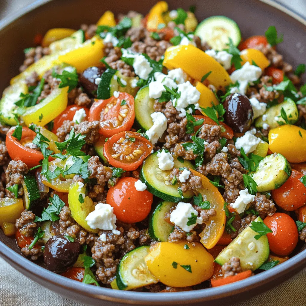 For the Mediterranean Ground Beef Stir Fry, you will need: - 1 lb ground beef - 1 tablespoon olive oil - 1 medium onion, diced - 3 cloves garlic, minced - 1 bell pepper, sliced (any color) - 1 medium zucchini, sliced - 1 cup cherry tomatoes, halved - 1 teaspoon dried oregano - 1 teaspoon smoked paprika - Salt and pepper to taste - 1/4 cup kalamata olives, sliced - 1/4 cup feta cheese, crumbled - Fresh parsley for garnish These ingredients bring together bold flavors and fresh textures. Each one plays a key role in making this dish tasty. If you need to swap some items, here are a few ideas: - Ground turkey or chicken can replace ground beef. - Any type of cooking oil can work instead of olive oil. - You can use red onion instead of yellow for a sweeter taste. - Instead of bell peppers, try snap peas or broccoli. - Use canned tomatoes if you can't find cherry tomatoes. - For a vegan option, skip the feta and use tofu or a plant-based cheese. These swaps help you customize the dish to suit your taste or dietary needs. This stir fry is not only delicious but also healthy. Here is the breakdown per serving: - Calories: 350 - Protein: 25g - Carbohydrates: 15g - Fat: 20g - Fiber: 3g This meal provides a good mix of protein and veggies. You can enjoy it without guilt. For more details, check the Full Recipe. First, gather your ingredients. You will need ground beef, olive oil, onion, garlic, bell pepper, zucchini, cherry tomatoes, dried oregano, smoked paprika, kalamata olives, feta cheese, salt, and pepper. This recipe takes about 10 minutes to prep and 30 minutes to cook. 1. Heat the olive oil in a large skillet over medium heat. 2. Add the diced onion and sauté until it turns translucent, about 3-4 minutes. 3. Mix in the minced garlic and cook for another minute until it smells good. 4. Raise the heat to medium-high and add the ground beef. Cook until it turns brown, breaking it up as you stir, about 5-7 minutes. 5. Next, add the sliced bell pepper and zucchini to the skillet. Stir-fry for 4-5 minutes until the veggies are tender. 6. Stir in the halved cherry tomatoes, dried oregano, smoked paprika, salt, and pepper. Cook for another 3-4 minutes until the tomatoes soften. 7. Take the skillet off the heat and mix in the sliced kalamata olives. Serve the stir fry warm in shallow bowls. Sprinkle crumbled feta cheese on top, and garnish with fresh parsley. For a complete meal, pair it with warm pita bread or a side of couscous. This dish is colorful and tasty, making it perfect for any meal. For the full recipe, check out the main article. To make a great stir fry, keep your heat high. This helps the beef brown well. Use a large skillet; it gives you room to mix. Cut all your veggies the same size. This ensures they cook evenly. Add your vegetables in stages. Start with those that take longer to cook, like bell peppers and zucchini. Then, add quicker-cooking ones, like cherry tomatoes. This keeps everything fresh and crunchy. One common mistake is overcrowding the pan. If the pan is too full, the beef will steam instead of brown. Another mistake is cooking at low heat. This can lead to soggy veggies and bland taste. Don't forget to season as you go. Adding salt and pepper at the end won’t give you the best flavor. Lastly, avoid overcooking the vegetables. They should be tender but still bright. For a full meal, serve your stir fry with warm pita bread. It’s perfect for scooping up the beef and veggies. You can also add a side of couscous or rice. This will soak up the juices. A fresh salad with lemon dressing pairs well too. It adds brightness to your plate. Don’t forget to sprinkle extra feta on top for a creamy touch. Check out the Full Recipe for more ideas! {{image_2}} You can easily make this dish vegetarian. Instead of ground beef, use lentils or chickpeas. Cook them the same way as the beef. They add protein and flavor. You can also add more veggies, like spinach or mushrooms. This keeps the dish hearty and healthy. If you want to try other proteins, chicken or turkey work great. Just replace the ground beef with the same amount. Make sure to cook them until they are no longer pink. You can also use tofu for a plant-based option. Firm tofu absorbs flavors well and keeps a nice texture. You can switch up the veggies based on what’s in season. In spring, try asparagus or peas. In fall, use butternut squash or Brussels sprouts. This keeps your stir fry fresh and exciting. Seasonal veggies are often tastier and better for the planet. Just remember to adjust cooking times as needed. For the full recipe, refer to the above instructions. After making Mediterranean Ground Beef Stir Fry, let it cool. Once cool, put the leftovers in an airtight container. Store them in the fridge for up to three days. Be sure to label the container with the date. This way, you stay organized. To reheat, take the stir fry out of the fridge. Place it in a skillet over medium heat. Stir occasionally until it's hot. You can add a splash of water or broth to keep it moist. If you prefer the microwave, use a microwave-safe dish. Heat in short bursts, stirring in between. Make sure it’s steaming hot before eating. If you want to freeze the stir fry, use a freezer-safe container. It can last for about three months in the freezer. When ready to eat, move it to the fridge overnight to thaw. Reheat it as mentioned above. Enjoy your tasty meal anytime! For more details, check out the Full Recipe. Making Mediterranean Ground Beef Stir Fry takes about 30 minutes. This includes 10 minutes for prep and 20 minutes for cooking. It is quick and simple, making it perfect for busy days. Yes, you can use other types of meat. Ground turkey, chicken, or lamb can work well. Just remember, each meat cooks a bit differently. You may need to adjust the cooking time for each type. You can serve this stir fry with warm pita bread or couscous. A side salad also pairs nicely. For a lighter option, try serving it over a bed of spinach or mixed greens. The Full Recipe provides all the details to help you enjoy this dish fully. This blog post covered essential ingredients, step-by-step cooking, and helpful tips for a Mediterranean Ground Beef Stir Fry. I shared ingredient swaps and nutritional info to boost your meals. You learned cooking tricks and common mistakes to improve your stir fry skills. Additionally, I offered variations and storage advice to help you make the most of your dish. Use these insights to create delicious meals your family will love. Enjoy this quick, tasty dish any time!