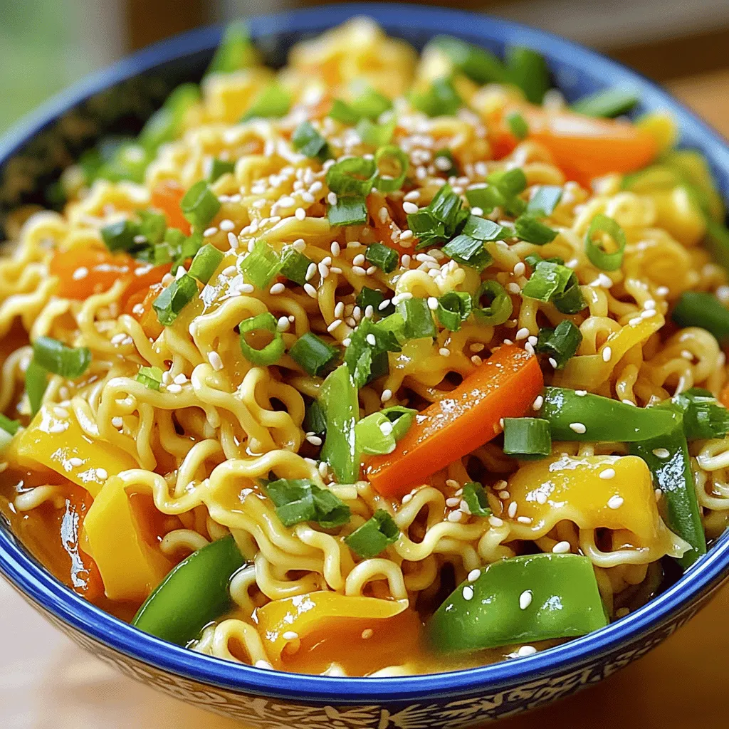 To make this dish, you need just a few key items. Here’s the list: - 2 packets of instant ramen noodles - 2 tablespoons soy sauce - 1 tablespoon sesame oil - 1 tablespoon chili garlic sauce - 1 cup mixed vegetables (carrots, bell peppers, snow peas) - 2 green onions, chopped - 2 tablespoons peanut butter - 1 teaspoon ginger, freshly grated - 1 teaspoon garlic, minced - 1 tablespoon rice vinegar - Sesame seeds for garnish These essentials come together to create a quick and tasty meal. The ramen noodles serve as your base, while the sauce adds a rich flavor. You can elevate your ramen with extra ingredients. Here are some options: - Soft-boiled eggs for creaminess - Cooked chicken, shrimp, or tofu for protein - Fresh herbs like cilantro or basil for freshness - Lime juice for a zesty kick Adding these items can make your dish even more delightful. Feel free to mix and match based on what you like. If you have allergies, don't worry! Here are some simple swaps: - Use gluten-free ramen for a gluten-free option. - Replace soy sauce with tamari for a soy-free version. - Opt for sunflower seed butter instead of peanut butter if you're nut-free. These substitutes help you enjoy this meal without worry. Cooking should be fun and safe for everyone! Start by boiling water in a medium saucepan. This is the base for your ramen. Once the water boils, add the instant ramen noodles. Cook them for 3-4 minutes, or until they are tender. You want them soft but not mushy. Drain the noodles in a colander and set them aside. This step is key to getting the right texture. Now, let’s make the sauce that will bring everything together. In a large skillet or wok, heat 1 tablespoon of sesame oil over medium heat. This adds a nice nutty flavor. Add 1 teaspoon of minced garlic and 1 teaspoon of freshly grated ginger. Sauté them for about 1 minute until they smell amazing. Next, mix 2 tablespoons of soy sauce, 1 tablespoon of chili garlic sauce, 2 tablespoons of peanut butter, and 1 tablespoon of rice vinegar in a bowl. Whisk these until smooth. This sauce will give your ramen a rich taste. Add 1 cup of mixed vegetables, like carrots, bell peppers, and snow peas, to the skillet. Stir-fry these for 3-4 minutes until they are crisp-tender. Now, it’s time to combine. Toss the cooked ramen noodles into the skillet with the vegetables. Pour the sauce over everything. Stir well to coat all the noodles in that tasty sauce. Finally, add 2 chopped green onions and toss for one more minute. Serve hot and sprinkle sesame seeds on top for a nice crunch. This method gives you a quick, flavorful meal that is easy to make. You can find the full recipe [here](#). To cook ramen noodles just right, start by boiling water in a medium pot. Add your noodles and cook them for about 3-4 minutes. Check them often until they are tender but not mushy. Drain the noodles and set them aside. This step is key for great texture. To make your ramen even better, think about adding more flavors. You can toss in extra veggies like mushrooms or bok choy. You might like adding a boiled egg on top for protein. If you want more heat, add more chili garlic sauce. These little changes can make your dish shine! Using the right tools can save time in the kitchen. A large skillet or wok works best for stir-frying your ingredients. A whisk helps mix your sauce smoothly. Don’t forget to use a sharp knife for chopping veggies. These tools make cooking ramen quick and easy. For the complete experience, check out the Full Recipe. {{image_2}} You can easily make Easy Saucy Ramen Noodles vegetarian. Start by swapping the chicken or shrimp for more veggies. Great choices include mushrooms, zucchini, or bok choy. Use firm tofu instead of meat for protein. Just cut the tofu into cubes and pan-fry until golden. This adds texture and flavor. You still get a tasty meal without meat. Want to add some protein? You can use chicken, shrimp, or tofu. For chicken, cut it into bite-size pieces. Sauté it in the skillet until it's cooked through, about 5-7 minutes. For shrimp, cook until it turns pink, which takes about 3-4 minutes. If you prefer tofu, follow the tips above. Each protein option adds flavor and fills you up. If you love heat, you can spice up your ramen. Add more chili garlic sauce to the mix. You can also toss in sliced jalapeños or sriracha for extra kick. Another idea is to sprinkle in red pepper flakes while cooking. This adds a punch to the dish. Adjust the spice level to fit your taste. Enjoy the bold flavors! After enjoying your Easy Saucy Ramen Noodles, store any leftovers in an airtight container. Keep them in the fridge for up to three days. If you want to keep them longer, avoid mixing the noodles with the sauce. Store the sauce separately. This helps retain the noodles' texture. When you're ready to eat the leftovers, reheat them on the stove. Use low heat and add a splash of water or broth. This helps the noodles stay moist. Stir often to prevent sticking. You can also use the microwave. Heat in short bursts, stirring in between, until warm. If you want to save your ramen for longer, freezing is a great option. Portion the noodles and sauce into freezer-safe bags. Remove as much air as possible before sealing. They can last up to two months in the freezer. When ready to eat, thaw in the fridge overnight and reheat as described earlier. Enjoy your Easy Saucy Ramen Noodles any time! It takes about 20 minutes to make Easy Saucy Ramen Noodles. You’ll spend 10 minutes prepping, and another 10 minutes cooking. This quick time makes it a great meal for busy days. Yes, you can use fresh ramen noodles! Just cook them according to the package instructions. Fresh noodles often have a better texture, making your dish even tastier. You can add many things to boost nutrition. Here are some ideas: - Leafy greens like spinach or kale - Cooked chicken, tofu, or shrimp for protein - A boiled egg for extra protein and creaminess - More veggies like broccoli or zucchini for fiber These additions make your meal healthy and delicious! For the full recipe, check out the Easy Saucy Ramen Noodles section above. In this post, we explored easy saucy ramen noodles. We covered essential and optional ingredients for best flavor. I shared simple steps to prepare the noodles, sauce, and combine them. Tips helped you cook the noodles right and add extra taste. We also looked at delicious variations, storage tips, and answered common questions. Now you have the tools to create your perfect bowl of ramen. Enjoy making and sharing your own ramen adventures!