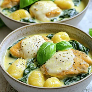 - 1 lb boneless, skinless chicken breasts, cut into bite-sized pieces - 1 cup fresh or frozen gnocchi - 1 cup heavy cream - 1 cup grated Asiago cheese - 2 tablespoons olive oil - 3 cloves garlic, minced - 1 cup fresh spinach - 1 teaspoon Italian seasoning - Salt and black pepper to taste - Fresh basil leaves for garnish These ingredients make up the heart of the dish. Fresh ingredients bring out the best flavors. For example, using fresh spinach adds vibrant color and nutrition. The Asiago cheese offers a rich, nutty flavor that elevates your dish. To cook this dish, you will need a few key tools: - Large skillet - Sharp knife - Cutting board - Wooden spoon - Measuring cups These tools help you prepare the chicken and sauce with ease. A large skillet allows for even cooking. A sharp knife ensures clean cuts for the chicken. You might also find a garlic press handy for mincing the garlic quickly. Using the right tools makes cooking enjoyable and efficient. Enjoy your cooking process! To cook the chicken, heat olive oil in a large skillet over medium heat. Add the bite-sized chicken pieces, making sure they are seasoned well. Use salt, black pepper, and Italian seasoning for the best flavor. Cook the chicken for about 5 to 7 minutes until it turns golden brown and is fully cooked. Always check that the chicken reaches an internal temperature of 165°F to ensure safety. Once done, take the chicken out of the skillet and set it aside for later. For the creamy sauce, keep the skillet on medium heat. Start by adding minced garlic and sauté it for about one minute until it becomes fragrant. Then, pour in the heavy cream and let it come to a gentle simmer. Stir in the grated Asiago cheese next. Keep stirring until the cheese melts completely into the cream. This gives the sauce a smooth, rich texture that pairs perfectly with the chicken and gnocchi. When it comes to the gnocchi, you can choose between fresh or frozen. Fresh gnocchi cooks faster, usually around 2 to 3 minutes. If you're using frozen gnocchi, follow the package instructions for cooking time. Both types will add a delightful texture to your dish. Once the gnocchi is cooked, gently stir it into the creamy sauce. This will ensure that each piece is coated well. For the full recipe and detailed instructions, check the Full Recipe section. To get the right thickness in your sauce, adjust the cream. Start with one cup of heavy cream, as listed in the Full Recipe. If you want a thicker sauce, add more cheese or simmer the sauce longer. For a thinner sauce, add a splash of chicken broth or milk. Tasting during cooking is key. It helps you find the right balance of flavors. Keep tasting as you cook. This will guide you to adjust salt, pepper, or seasoning if needed. To boost flavors, consider adding more spices or herbs. Fresh thyme or rosemary can add depth. A pinch of red pepper flakes gives a nice kick. If you like lemon, a squeeze of juice brightens the dish. Pairing with wine can elevate your meal. A crisp white wine, like Sauvignon Blanc, works well. It complements the creaminess of the sauce. For sides, think about a simple green salad or roasted vegetables. These add freshness and contrast to the rich dish. {{image_2}} You can brighten up your Asiago chicken and gnocchi with extra veggies. Seasonal vegetables like zucchini, bell peppers, or cherry tomatoes work well. You can also use your favorites, like broccoli or peas. To add them, chop the veggies into bite-sized pieces. Sauté them in the skillet after cooking the chicken. This step adds color and flavor to your dish. Cook the veggies for about 3-5 minutes until they soften. Then, continue with the cream and cheese sauce. If you want to change the protein, consider these options. Shrimp, turkey, or even tofu can replace chicken. Each option brings its own flavor and texture. When using shrimp, cook for about 2-3 minutes until they turn pink. For turkey, use ground turkey and cook until no longer pink. If you opt for tofu, make sure to press it first and sauté until golden. Adjust cooking times based on the protein you choose to keep your dish tasty and safe. To store leftovers safely, let the dish cool down. Place it in an airtight container. This keeps the chicken and gnocchi fresh for up to three days. When reheating, use low heat on the stove. This helps maintain the creamy texture. Stir often to avoid sticking. You can also add a splash of cream if the sauce thickens too much. To freeze the dish effectively, let it cool completely first. Then, transfer it to a freezer-safe container. It can last for up to two months in the freezer. When you’re ready to enjoy it again, thaw it overnight in the fridge. Reheat slowly on the stove, adding a little cream for moisture. You might also use thawed leftovers in a soup or as a filling for a pasta bake. Asiago cheese is an Italian cheese made from cow's milk. It comes in two main types: fresh and aged. Fresh Asiago has a mild, creamy taste. Aged Asiago is sharper, with a rich, nutty flavor. Both types melt well, making them perfect for sauces. You will love how it adds depth to Asiago Chicken & Gnocchi. Yes, you can easily adapt this dish to be vegetarian. Simply omit the chicken and use extra vegetables. You might try mushrooms, zucchini, or bell peppers. Add these veggies to the skillet after the garlic. Cook until tender before adding the cream and Asiago cheese. This way, you still get that creamy goodness without meat. Pairing sides with Asiago Chicken & Gnocchi can elevate your meal. A fresh green salad with a light vinaigrette complements the rich flavors. Roasted vegetables, like asparagus or Brussels sprouts, add a nice crunch. Garlic bread is also a great choice; it helps soak up the creamy sauce. Enjoy experimenting with these side options! You learned how to create a delicious dish with chicken, gnocchi, and a creamy sauce. Fresh ingredients and the right tools make a difference. Remember to season well and adjust the cream for the right thickness. You can add veggies or swap out proteins for variety. Store leftovers safely, and don't forget to reheat gently. With these tips, you’ll impress everyone at the table. Enjoy the process and have fun cooking!