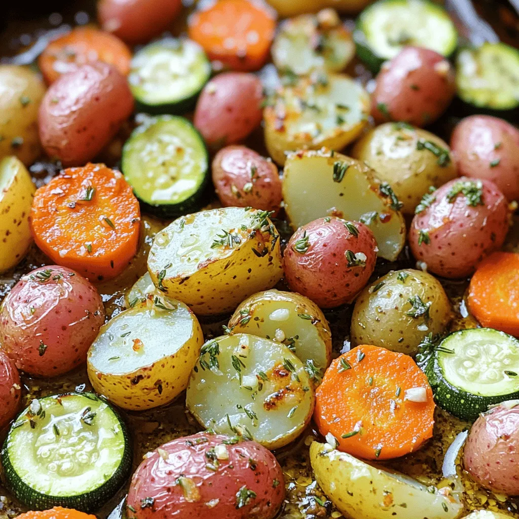 - 4 medium red potatoes, chopped into bite-sized pieces - 3 large carrots, peeled and sliced into thick rounds - 2 medium zucchinis, sliced into half-moons - 4 cloves garlic, minced - 3 tablespoons olive oil - 1 teaspoon dried thyme - 1 teaspoon dried rosemary - 1 teaspoon paprika - Salt and pepper, to taste - Fresh parsley, chopped (for garnish) Gathering these ingredients is simple. I love using red potatoes for their creamy texture. Carrots add sweetness, while zucchini brings a nice crunch. Garlic is key for flavor. The blend of dried herbs elevates the dish, making it aromatic and savory. Use high-quality olive oil for the best taste. Seasoning with salt and pepper helps bring all the flavors together. Fresh parsley adds a pop of color and a burst of freshness. This combination creates a colorful and flavorful meal. For the complete recipe, check out the Full Recipe section. - Preheat oven to 425°F (220°C). - In a large mixing bowl, combine the chopped potatoes, sliced carrots, and zucchini. This step is essential. Preheating the oven ensures the veggies cook evenly. Mixing the vegetables allows their flavors to blend. - In a small bowl, whisk together olive oil, minced garlic, dried thyme, dried rosemary, paprika, salt, and pepper. - Pour the herb and oil mixture over the chopped vegetables. Toss everything together until all the veggies are well coated. This herb oil adds depth to the dish. The garlic and herbs create a fragrant blend. Ensure every piece of vegetable gets coated for maximum flavor. - Spread the vegetables out evenly on a large baking sheet in a single layer. - Roast in the preheated oven for 30-35 minutes and stir halfway through for even cooking. Roasting brings out the natural sweetness of the veggies. Stirring helps them brown nicely. The result? Tender, golden vegetables that are packed with flavor. For the full recipe, check out the detailed instructions above. To get your Garlic Herb Roasted Potatoes, Carrots, and Zucchini just right, you need to focus on even cooking. Here are some tips: - Cut vegetables evenly. Make sure all pieces are about the same size. This helps them cook at the same rate. - Use a large baking sheet. Spacing is key. If veggies are too close, they will steam instead of roast. Spread them out well. Want to boost the taste of your dish? Here’s how: - Add lemon juice or zest. This gives a fresh and zesty kick that brightens the flavors. - Try different herbs or spices. You can swap thyme and rosemary for basil or oregano. Each brings a new twist to the dish. For the full experience, check out the Full Recipe. {{image_2}} You can easily change up the main veggies. Try sweet potatoes or parsnips for a fun twist. Their flavors add a nice sweetness. You can also use seasonal vegetables. Think of bell peppers, squash, or even Brussels sprouts. They all roast well and bring their own unique taste. Want to try something different? You can make Garlic Herb Roasted Potatoes, Carrots, and Zucchini in an air fryer. Just toss the veggies with the oil and herbs, then place them in the air fryer basket. Cook at 400°F for about 20 minutes, shaking halfway through. This method gives them a crispy texture. Grilling is another great option. Preheat your grill and place the veggies in a grill basket. Toss them with the herb oil and grill for about 15-20 minutes. You’ll get nice char marks and a smoky flavor. Both methods keep the dish fresh and exciting. For the full recipe, check out the details above! Store your leftover Garlic Herb Roasted Potatoes, Carrots, and Zucchini in airtight containers. This keeps them fresh and tasty. Make sure to let the veggies cool before sealing them. Leftovers are best when eaten within three to four days. If you plan to use them later, grab a container that fits snugly. This helps avoid moisture and preserves flavor. You can freeze leftover roasted vegetables for later use. Let the veggies cool completely first. Then, spread them out on a baking sheet, and freeze them for about an hour. Once frozen, transfer the veggies to a freezer bag. This keeps them from sticking together. Use them within three months for the best taste. To reheat, place the frozen veggies on a baking sheet. Bake at 400°F (204°C) until they are heated through, about 15-20 minutes. This method helps keep their texture and flavor intact. Enjoy those delightful flavors again! Yes, you can! Roasting is flexible and fun. Here are some great options to try: - Sweet potatoes add a touch of sweetness. - Bell peppers bring color and crunch. - Onions give a savory depth. - Broccoli florets add a nice bite. - Mushrooms add an earthy flavor. Feel free to mix and match based on what you have. Vegetable roasting is all about creativity! Making this dish vegan is simple and easy. Just swap out the olive oil for any plant-based oil. You can also add nutritional yeast for a cheesy taste without dairy. It's a great way to keep it flavorful while staying plant-based. Garlic Herb Roasted Potatoes, Carrots, and Zucchini offer many health benefits: - Potatoes are rich in potassium and vitamin C. - Carrots are packed with beta-carotene, good for your vision. - Zucchini is low in calories and high in fiber. - Garlic has immune-boosting properties. This dish is not only delicious but also nutritious! Enjoy the flavors while getting good nutrition. For the full recipe, check out the section on ingredients and step-by-step instructions. Roasting Garlic Herb Potatoes, Carrots, and Zucchini is simple and tasty. We explored the main ingredients and how to prepare them perfectly. Tips for roasting help make your veggies golden and crisp. You can swap in other vegetables or use different cooking methods for variety. Store leftovers well to enjoy later. This dish is not only easy but also nutritious. Now, you can make it at home with confidence!
