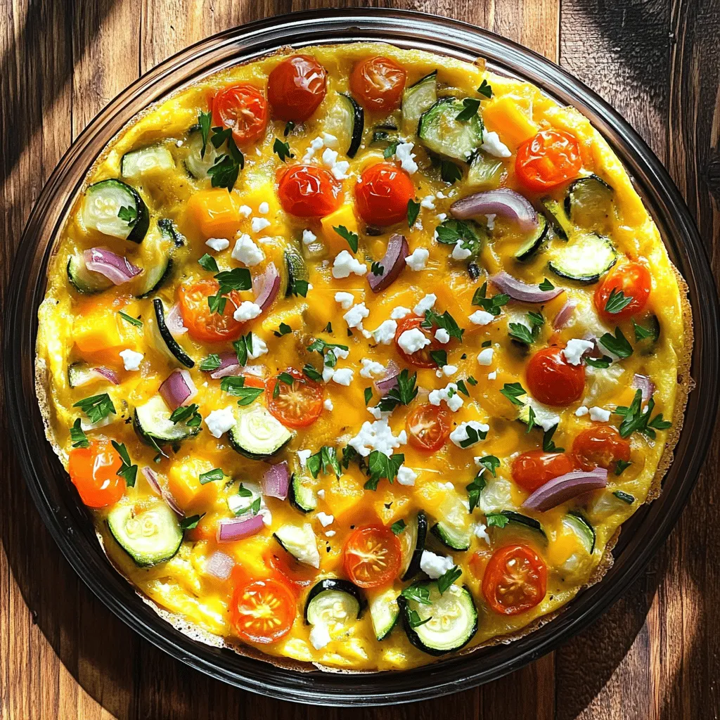 For this frittata, choose fresh veggies for the best taste. I like to use: - 1 cup mixed bell peppers, diced - 1 medium zucchini, diced - 1 small red onion, diced - 1 cup cherry tomatoes, halved These vegetables add color and flavor. Roasting them brings out their natural sweetness. Eggs are the heart of a frittata. You’ll need: - 6 large eggs - 1/2 cup shredded cheddar cheese - 1/2 cup crumbled feta cheese The eggs create a fluffy base. The cheese adds creaminess and a rich taste. Seasonings add depth to your dish. Here’s what you need: - 2 tablespoons olive oil - 1 teaspoon garlic powder - Salt and pepper to taste - Fresh herbs (like parsley or basil) for garnish Olive oil helps the veggies roast evenly. Garlic powder gives that extra kick. Use salt and pepper to enhance all the flavors. For a lovely finish, sprinkle fresh herbs on top. For the full recipe, check out the Easy Cheesy Roasted Vegetable Frittata. First, preheat your oven to 400°F (200°C). This step is key for roasting. While the oven heats, chop your vegetables. You will need bell peppers, zucchini, red onion, and cherry tomatoes. Toss them in a bowl with olive oil, garlic powder, salt, and pepper. Make sure each piece is coated well. Spread the veggies on a baking sheet in a single layer. Roast them for about 20 minutes. They should turn tender and get a bit brown. While the vegetables roast, grab a large mixing bowl. Crack six large eggs into the bowl. Add a pinch of salt and pepper. Whisk the eggs until they are fully combined. This makes a smooth mixture. After the veggies cool slightly, fold them into the egg mix gently. Then, add the shredded cheddar and crumbled feta cheese. Mix everything until well combined. Now, pour the egg and vegetable mixture into a greased oven-safe skillet or pie dish. Spread it out evenly. Place it in the oven and bake for 20-25 minutes. The frittata is done when it is set and the top is golden brown. Let it cool for a few minutes before slicing. Serve warm or at room temperature. You can find the full recipe for this easy cheesy roasted vegetable frittata to explore more details and tips. To achieve fluffy eggs, crack your eggs into a bowl. Use a fork or whisk to beat them well. Aim for a uniform yellow color. Add a pinch of salt and pepper while whisking. This enhances flavor and helps the eggs rise. Roasting vegetables brings out their best flavors. For this frittata, I roast mixed bell peppers, zucchini, red onion, and cherry tomatoes. Roast them at 400°F (200°C) for about 20 minutes. Check for tenderness and slight caramelization. If they look golden and soft, they are ready to mix into the eggs. This frittata is great on its own, but you can enhance it. Serve it with a side of mixed greens. A light salad adds freshness and crunch. You can also top it with fresh herbs like parsley or basil for extra flavor. Pair it with a slice of crusty bread or a light soup for a full meal. Enjoy your Easy Cheesy Roasted Vegetable Frittata with these tasty sides! For the complete cooking process, refer to the Full Recipe. {{image_2}} You can swap the veggies for your favorites. Try spinach, kale, or broccoli. Carrots add a nice crunch, while mushrooms bring a savory taste. Roasted sweet potatoes can add sweetness. Get creative! Use what you have in your fridge. Each vegetable gives a unique flavor and texture to your frittata. To make this dish dairy-free, skip the cheese or use a dairy-free alternative. Nutritional yeast gives a cheesy flavor without dairy. For a vegan version, replace eggs with a mixture of silken tofu and chickpea flour. Blend them until smooth for a great texture. You can also use flaxseed meal mixed with water as an egg substitute. Add spices for extra flavor! Paprika or cumin can give warmth. Fresh herbs like thyme or oregano also enhance taste. For heat, try red pepper flakes. A splash of hot sauce can kick it up a notch. Experiment and find your favorite mix. Each addition makes your frittata more exciting and delicious. For the full recipe, check out Easy Cheesy Roasted Vegetable Frittata. Enjoy crafting your dish! After enjoying your Easy Cheesy Roasted Vegetable Frittata, store leftovers in an airtight container. Let the frittata cool to room temperature first. Keep it in the fridge for up to three days. This way, you can enjoy it again without losing its great taste. You can also freeze the frittata for later use. Slice it into wedges and wrap each piece in plastic wrap. Place the wrapped pieces in a freezer-safe bag. This keeps it fresh for up to two months. When you crave it, just take a slice out to thaw. To reheat, place the frittata in a microwave-safe dish. Heat it on medium power for about one to two minutes. You can also use an oven. Preheat to 350°F (175°C) and bake for about 10-15 minutes. Both methods will bring back its cheesy goodness. For the best taste, enjoy it warm! For the full recipe, check the section above. Yes, you can use eggs from a carton. They work well in this recipe. Just measure out the same amount. For six eggs, use about three-quarters of a cup of liquid eggs. They taste great and save time. However, fresh eggs often give a richer flavor and texture. This frittata is naturally gluten-free. The main ingredients, like eggs and vegetables, are free from gluten. Just ensure any cheese you use is also gluten-free. Always check labels for safety if you have strict dietary needs. You can serve the frittata with a fresh salad for balance. Mixed greens with a light vinaigrette add a nice touch. You could also pair it with crusty bread or whole grain toast. For a fun twist, enjoy it with fresh fruit on the side. For more details, check the Full Recipe. You learned how to make a tasty Easy Cheesy Roasted Vegetable Frittata. We covered fresh veggies, eggs, and dairy. You also discovered how to prep and bake this dish. With tips on whisking, roasting times, and serving ideas, success is easy. You can mix in your favorite veggies or try dairy-free options. Store leftovers well, freeze portions, and reheat easily. Now you are ready to enjoy your frittata. Happy cooking!