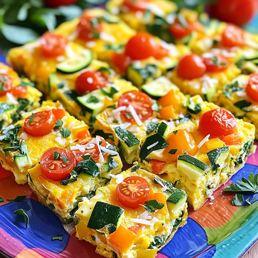 To make a tasty vegetable sheet pan frittata, you need a mix of colorful veggies. Here are the main ones I recommend: - 1 bell pepper (any color), diced - 1 zucchini, diced - 1 small red onion, finely chopped - 1 cup cherry tomatoes, halved - 1 cup baby spinach, chopped These vegetables add flavor and nutrition. You can switch them out for others like mushrooms or kale based on your taste. The egg and dairy base gives the frittata its creamy texture. For this recipe, you will need: - 8 large eggs - 1 cup milk (dairy or non-dairy) Whisk these together for a smooth blend. This mix binds the veggies and adds a rich taste. Seasonings make your frittata pop with flavor. Here’s what you should use: - 1 teaspoon garlic powder - 1 teaspoon onion powder - Salt and pepper to taste You can also add optional ingredients like fresh herbs. Try basil or parsley for a fresh touch. The choice of cheese is also important; pick from: - 1 cup shredded cheese (cheddar, feta, or a mix) This adds a delightful, melty finish. Be creative! Adjust the seasonings to match your preferences. For the Full Recipe, check the main instructions. First, preheat your oven to 400°F (200°C). This heat helps the frittata cook evenly. Next, grab a large sheet pan. Line it with parchment paper for easy cleanup. Lightly grease the paper with olive oil. This step prevents the frittata from sticking. A clean pan makes serving easier! In a big bowl, combine 8 large eggs and 1 cup of milk. You can use dairy or non-dairy milk, depending on your taste. Add 1 teaspoon each of garlic powder and onion powder. Season with salt and pepper. Whisk everything until the mixture looks smooth and creamy. This step adds flavor and helps the frittata rise. Spread the diced bell pepper, zucchini, red onion, and halved cherry tomatoes across the sheet pan. Make sure the veggies are evenly spaced. Drizzle a little olive oil on top and toss them gently. Then, pour the egg mixture over the vegetables. Ensure all veggies are submerged. Finally, sprinkle the chopped spinach and shredded cheese on top. This layer adds color and taste. Now, it’s time to bake! Place the sheet pan in the preheated oven. Bake for 20 to 25 minutes. You want the frittata to be set and golden on top. Check it by inserting a toothpick. If it comes out clean, your frittata is ready. Once baked, remove it from the oven and let it cool a bit. Then, slice it up and enjoy! For the full recipe, visit the link. Eggs are a key part of many meals. To make your frittata perfect, use fresh eggs. They taste better and give a lovely color. Always whisk your eggs until they are smooth. This helps them mix well with the other ingredients. You can add a splash of milk for creaminess. Don’t skip seasoning! Salt and pepper boost the flavor. To cook your frittata evenly, cut all veggies into similar sizes. This ensures they cook at the same rate. Spread the veggies evenly across the pan. When pouring the egg mixture, make sure all veggies are covered. If you bake it too long, the frittata can dry out. Keep an eye on it in the oven. A toothpick test helps check if it’s done. Presentation makes your dish shine! Once baked, let the frittata cool a bit. Cut it into squares or slices for serving. A colorful platter adds charm. Garnish with fresh herbs like parsley or basil to enhance the look. This adds freshness and a pop of color. Your Vegetable Sheet Pan Frittata will look and taste amazing! For the full recipe, check out the details above. {{image_2}} You can change the veggies in a sheet pan frittata to match your taste. Try using broccoli, mushrooms, or asparagus for a fresh twist. You can also mix in some kale or carrots for extra color. Just chop them small so they cook well. The key is to keep the total amount of veggies similar to the original recipe. This helps the frittata set nicely. Cheese can change the flavor of your frittata. If you prefer a milder taste, use mozzarella or Swiss cheese. For a tangy kick, try feta or goat cheese. You can even mix different cheeses for a unique taste. Just remember to use about one cup total. This will keep the frittata creamy and delicious. Boost the protein in your frittata easily. You can add cooked bacon, ham, or sausage for a hearty meal. If you want a meatless option, consider using black beans or chickpeas. These add flavor and make it filling. Just make sure to drain any canned beans before adding them. This keeps the frittata from getting too wet. For the full recipe, check out the Colorful Vegetable Sheet Pan Frittata. After you make your colorful vegetable sheet pan frittata, let it cool. Slice the frittata into pieces. Store the pieces in an airtight container. It will last in the fridge for about 3 to 4 days. When you want to eat it again, just grab a slice! If you want to save some for later, freezing works great. Wrap each slice in plastic wrap. Then, put the wrapped slices in a freezer bag. This keeps them fresh. Your frittata can stay frozen for up to 2 months. When you are ready to eat, just thaw it in the fridge overnight. To reheat, you can use the oven or microwave. For the oven, preheat it to 350°F (175°C). Place the slices on a baking sheet. Heat for about 10-15 minutes until warm. If you use the microwave, heat each slice for 30 seconds to 1 minute. Check if it's hot enough before eating. Enjoy your tasty frittata any time! For the Full Recipe, check back to ensure you have all the steps covered! The frittata lasts up to four days in the fridge. To store it, let it cool first. Then place it in an airtight container. This keeps it fresh and tasty. When you want to eat it, just reheat in the oven or microwave. Yes, you can use egg whites. Using egg whites will make the frittata lighter. You can use three egg whites for every whole egg. This gives you a healthier option. Just remember, the texture might change a little. Serve the frittata warm. Cut it into squares or slices. A colorful platter makes it look nice. You can add fresh herbs on top for extra flavor. Pair it with a side salad or fruit for a complete meal. For the full recipe, check out the details above. You now have all the tools to make a great frittata. We covered the key ingredients, from veggies to seasonings. You learned the steps for the perfect bake and some tips for even cooking. I shared various combinations to spark your creativity. Plus, you can store leftovers easily for future meals. With this knowledge, you can create delicious frittatas that suit your taste. Enjoy cooking and sharing this simple yet satisfying dish!