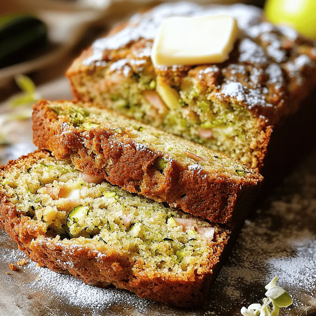 To make a tasty apple zucchini bread, you need the following: - 1 cup grated zucchini (about 1 medium zucchini) - 1 cup grated apple (about 1 large apple) - 1 ½ cups all-purpose flour - 1 teaspoon baking soda - ½ teaspoon baking powder - ½ teaspoon ground cinnamon - ¼ teaspoon ground nutmeg - ¼ teaspoon salt - ½ cup granulated sugar - ½ cup packed brown sugar - 2 large eggs - ½ cup vegetable oil - 1 teaspoon vanilla extract You can add some fun extras to your bread. Consider mixing in: - ½ cup chopped walnuts - ½ cup raisins These add-ins give a nice crunch and sweetness. Feel free to skip them if you prefer a simpler bread. This recipe is great for many diets. It contains no nuts if you skip the walnuts. You can use gluten-free flour for a gluten-free version. For a lower sugar option, you can reduce the sugar or use a sugar substitute. Always double-check ingredients to fit your needs. Enjoy your baking! Start by preheating your oven to 350°F (175°C). This step ensures your bread bakes evenly. Grease and flour a 9x5-inch loaf pan. You can also line it with parchment paper. This makes for easy removal later. In a medium bowl, combine the dry ingredients. Add 1 ½ cups of all-purpose flour, 1 teaspoon of baking soda, ½ teaspoon of baking powder, ½ teaspoon of ground cinnamon, ¼ teaspoon of ground nutmeg, and ¼ teaspoon of salt. Mix them well. Set this bowl aside while you work on the wet ingredients. In a large bowl, whisk together the sugars and eggs. Use ½ cup of granulated sugar and ½ cup of packed brown sugar. Add 2 large eggs to the mix. Whisk until it’s smooth. Then, stir in ½ cup of vegetable oil and 1 teaspoon of vanilla extract. Make sure everything is well combined. Next, it’s time to add the stars of the show: zucchini and apples! Grate 1 cup of zucchini and 1 cup of apple. Stir these into your wet mixture until they blend in nicely. This adds moisture and flavor to your bread. Now, carefully fold the dry ingredients into the wet mixture. Do this gently until just combined. It’s okay if there are small lumps; don’t overmix! If you want to add texture, fold in ½ cup of chopped walnuts and ½ cup of raisins. Pour the batter into the prepared loaf pan. Smooth the top with a spatula. Bake for 50-60 minutes. Check with a toothpick; it should come out clean when done. Let it cool in the pan for about 10 minutes, then transfer it to a wire rack. Enjoy your homemade Apple Zucchini Bread! For the full recipe, check the previous section. To keep your Apple Zucchini Bread moist, use freshly grated zucchini and apple. The moisture from these ingredients is key. Squeeze out excess water from the zucchini before mixing. Adding a bit more oil can help too. If you want a softer texture, consider using applesauce instead of some oil. This adds moisture without extra fat. One common mistake is overmixing the batter. This can make the bread tough. Mix just until you see no dry flour. Another mistake is not measuring ingredients correctly. Use proper measuring cups for dry and wet ingredients. Lastly, don't skip the cooling time after baking. Letting the bread cool helps it finish setting up. Apple Zucchini Bread tastes great warm or cold. Serve it with butter for richness or honey for sweetness. A sprinkle of powdered sugar on top makes it look fancy. For a fun twist, try it with cream cheese or yogurt. Pair it with tea or coffee for a delightful snack or breakfast. If you want to impress guests, check out the Full Recipe for more serving ideas! {{image_2}} You can easily make this bread gluten-free. Use a gluten-free flour blend instead of all-purpose flour. Look for a blend that contains xanthan gum. This helps the bread rise and hold its shape. You may need to adjust baking time, so keep an eye on it while it bakes. If you prefer a less sweet bread, reduce the sugar. Try using ½ cup of sugar total. For a sweeter loaf, add an extra ¼ cup of sugar. You can also use honey or maple syrup as a sweetener. Just remember, liquid sweeteners may change the texture. Feel free to get creative with this recipe. You can add mashed bananas or grated carrots for new flavors. If you want a tropical twist, try adding crushed pineapple. Just make sure to drain any excess liquid to keep the bread from getting soggy. This is where you can explore your favorite fruits and veggies! Check out the Full Recipe for more ideas and ways to enjoy this delightful treat. To keep your apple zucchini bread fresh, let it cool. Once cooled, wrap it tightly in plastic wrap or foil. You can also place it in an airtight container. Store it at room temperature for up to three days. If you want to keep it longer, consider freezing it. Freezing is a great way to save some bread for later. First, slice the bread into pieces. Then, wrap each slice in plastic wrap. Place the wrapped slices into a freezer-safe bag. Make sure to squeeze out the air before sealing. This bread can stay fresh in the freezer for up to three months. To enjoy your bread again, you can reheat it. If it's frozen, let it thaw in the fridge overnight. Once thawed, preheat your oven to 350°F (175°C). Place the slices on a baking sheet and heat for about 10 minutes. You can also microwave a slice for about 15-20 seconds. This keeps it soft and tasty. For a special touch, add a pat of butter or a drizzle of honey before serving. Apple zucchini bread can last three to five days at room temperature. Keep it in an airtight container. If you store it in the fridge, it can last up to a week. For longer storage, freeze it. Wrap slices tightly in plastic wrap before freezing. Yes, you can use alternative sweeteners. Options like honey, maple syrup, or stevia work well. Keep in mind that these may change the bread's texture. Adjust the liquid in the recipe if needed to balance the moisture. Absolutely! Replace the eggs with flax eggs or applesauce for a vegan option. Use plant-based milk instead of dairy milk if needed. The bread will still taste great without dairy! Yes, yellow zucchini works just as well. It has a slightly different flavor but adds the same moisture. The color will make your bread look bright and fun! Zucchini is low in calories and high in fiber. It helps digestion and supports heart health. Apples add vitamins and antioxidants. They may help reduce the risk of chronic diseases. Together, they make this bread a tasty and healthy treat! Apple zucchini bread brings together simple ingredients and easy steps for great taste. We covered how to mix flavors and avoid common mistakes. You can even tweak the recipe to match your diet or taste. Store leftovers well to keep them fresh for longer. This bread is fun to make and share, perfect for any occasion. Enjoy your baking and the delicious results!