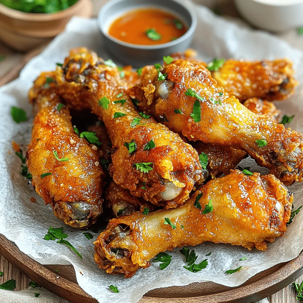 - 2 lbs chicken wings - 1 cup buttermilk - 1 cup all-purpose flour - ½ cup cornstarch - 1 tablespoon garlic powder - 1 teaspoon onion powder - 1 teaspoon paprika - 1 teaspoon baking powder - Salt and pepper to taste The main ingredients create a flavorful base for your crispy garlic fried chicken wings. The chicken wings are the star, offering juicy meat under a crunchy crust. Buttermilk adds tang and helps the coating stick. All-purpose flour and cornstarch mix for a light, crispy shell. Seasonings like garlic powder and paprika give depth and warmth to each bite. - Oil for frying - 4 cloves garlic, minced - 2 tablespoons fresh parsley, chopped You need oil to fry the wings. It should be hot enough to create a crispy texture. Fresh garlic adds a rich, aromatic flavor. Parsley serves as a bright garnish that enhances the dish's look. - Deep frying pan or pot - Mixing bowls - Slotted spoon Using a deep frying pan or pot ensures even cooking. Mixing bowls help keep your workspace organized. A slotted spoon lets you drain excess oil from the wings after frying. These tools make the process smooth and simple. For the full recipe, check out the details provided earlier. To make the wings juicy and tasty, start by marinating them. In a large bowl, place the chicken wings and add one cup of buttermilk. Mix well to coat each wing. Cover the bowl and refrigerate for at least two hours. For the best flavor, marinate overnight. This helps tenderize the wings and adds flavor. Next, prepare the coating. In another bowl, mix the dry ingredients. You will need one cup of all-purpose flour, half a cup of cornstarch, one tablespoon of garlic powder, one teaspoon of onion powder, one teaspoon of paprika, and salt and pepper to taste. The cornstarch gives a nice crunch. The right texture is key for crispy wings. Now, it’s time to fry the wings. Heat oil in a deep frying pan to 350°F (175°C). Make sure the oil is deep enough to cover the wings. Fry the wings in batches, not crowding the pan. Cook for about 10 to 12 minutes or until they turn golden brown and crispy. Use a slotted spoon to take them out and let them drain on paper towels. For the garlic sauce, heat a tablespoon of oil in a small skillet. Add four cloves of minced garlic and sauté for one to two minutes until fragrant. Mix in a pinch of salt. Toss the fried wings in the garlic sauce until they are well-coated. This step adds a punch of flavor. To get crispy garlic fried chicken wings, the coating matters. A good mix of flour and cornstarch gives the wings crunch. Aim for a thick coating, but don’t overdo it. Shake off any extra flour. This keeps the wings light and crispy. For frying oil, choose oils with high smoke points. Peanut or canola oil works best. These oils let you fry at high heat without burning. This is key for crispy wings. Marinate the wings in buttermilk for at least two hours. Overnight gives the best flavor and tenderness. The buttermilk helps break down the chicken. This makes the wings juicy and tasty. You can add spices to the buttermilk. Try hot sauce for a kick. Garlic powder or herbs can also enhance the flavor. Experiment to find your favorite mix! Hot oil can be dangerous, so be careful. Always use a deep pot to avoid spills. Keep the pot on the stove and away from kids. A thermometer helps you keep track of oil temp. Aim for 350°F (175°C) for frying. When frying, do not overcrowd the pan. This lowers the oil temperature. Fry in small batches for the best results. This ensures even cooking and crispiness. {{image_2}} You can easily change the flavor of these wings. Try adding other spices like cayenne for heat or smoked paprika for a smoky taste. Mixing dried herbs can also give your wings a fresh twist. For a spicy version, toss the wings in hot sauce before serving. You can even mix the hot sauce into the garlic sauce for extra kick. This way, you get that perfect balance of garlic and heat. If you want a healthier dish, consider baking the wings instead of frying them. Preheat your oven to 425°F (220°C). Place the coated wings on a baking sheet lined with parchment paper. Bake for about 40-45 minutes, flipping halfway through. This method keeps the wings crispy without all the oil. For an air fryer option, preheat your air fryer to 380°F (193°C). Cook the wings for 25-30 minutes, shaking the basket halfway. You’ll get crispy wings with less fat. These crispy garlic wings pair well with many dipping sauces. Ranch and blue cheese are popular choices. A sweet chili sauce adds a fun twist too. For sides, try coleslaw or carrot sticks. These fresh sides balance the rich flavors of the wings. Serve them on a large platter with parchment paper and extra parsley for a beautiful presentation. Check out the Full Recipe to make these wings today! To store leftover wings, first let them cool. Place them in an airtight container. You can also use a zip-top bag. Make sure to remove as much air as possible. This helps keep them fresh longer. You can store them in the fridge for up to 3 days. For reheating, preheat your oven to 350°F (175°C). Place the wings on a baking sheet. Heat for about 15-20 minutes until they're warm and crispy again. You can also use an air fryer set to 350°F for about 10 minutes. This keeps them crispy and delicious. If you want to freeze cooked wings, let them cool first. Place them in a freezer-safe bag or container. Be sure to label it with the date. You can keep them frozen for up to 3 months. When you’re ready to eat them, take the wings out of the freezer. Let them thaw in the fridge overnight. For reheating, use the oven or air fryer as mentioned before. This ensures they stay crispy and tasty. In the fridge, cooked wings last about 3 days. If you freeze them, they can last up to 3 months. Always check for any signs of spoilage before eating. Proper storage helps maintain their flavor and texture. Enjoy your crispy garlic fried chicken wings anytime! Cornstarch plays a key role in making wings crispy. It forms a light, crunchy layer when fried. A good resting time after coating helps too. This allows the flour and cornstarch to stick better. I always let my wings rest for 10-15 minutes. This small step makes a big difference in texture. Yes, you can prepare the wings ahead. Marinate them in buttermilk up to overnight. After marinating, coat the wings and store them in the fridge. You can fry them whenever you are ready. This way, you save time and still enjoy fresh wings! I recommend using fresh garlic for the best flavor. Fresh garlic gives a strong, rich taste. Garlic powder is a good backup, but it has a milder flavor. If you want a bold taste, use fresh garlic. About four cloves should do the trick for this recipe. To check if the wings are done, use a meat thermometer. They should reach 165°F (74°C). You can also look for a golden-brown color. If they look crisp and golden, they are likely ready. Always use a slotted spoon to remove them carefully. This keeps them nice and hot! This blog post gave you all the details for making tasty chicken wings. We covered core ingredients, steps for marinating, coating, and frying. You learned tips for achieving crispiness and safety. We discussed fun flavor variations and storage methods. Now, you can create delicious wings at home, impressing friends and family. Enjoy experimenting with flavors and cooking methods. Trust the process, follow the tips, and you’ll have amazing wings every time.