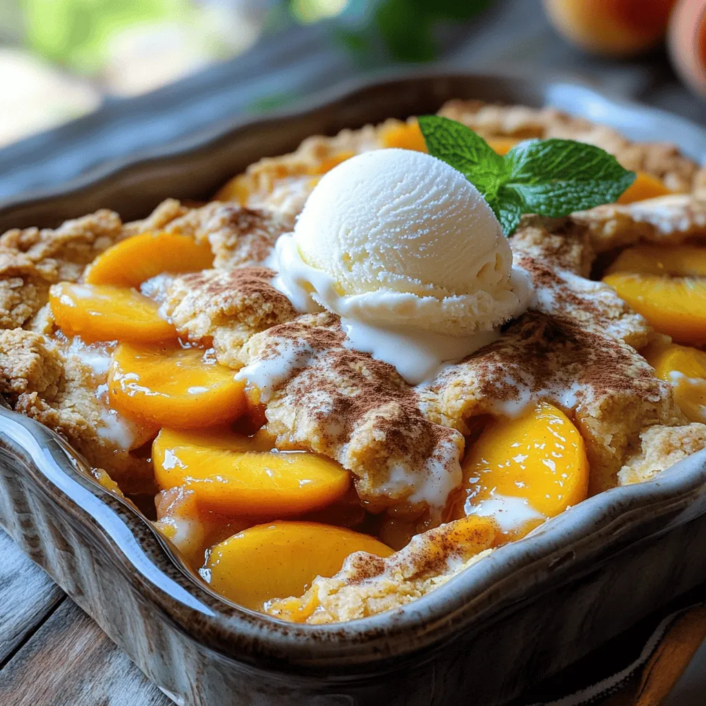 To make a tasty fresh peach cobbler, you need simple ingredients. Each item adds flavor and texture. The star is the peach, of course! Let’s dive into what you need. - 4 ripe peaches, peeled and sliced - 1 cup granulated sugar, divided - 1 teaspoon vanilla extract - 1 tablespoon lemon juice - 1 cup all-purpose flour - 1 tablespoon baking powder - ½ teaspoon salt - ½ cup milk - 1/3 cup unsalted butter, melted - 1 teaspoon ground cinnamon - Ice cream or whipped cream for serving (optional) Using ripe peaches is key. They should be soft and fragrant. The sugar helps to sweeten and enhance the peach flavor. Vanilla and lemon juice add a nice twist. Flour, baking powder, and salt create a fluffy base. Milk and melted butter make the batter rich and smooth. Finally, a dash of cinnamon gives a warm note. You can swap some ingredients if needed. If you don't have peaches, use other fruits like blueberries or apples. For sugar, try brown sugar for a deeper flavor. You can use almond milk instead of regular milk for a dairy-free option. If you need a gluten-free recipe, replace all-purpose flour with a gluten-free blend. Just remember, these changes may tweak the final taste! If you want the full recipe, check the instructions above. Happy baking! First, wash your peaches well. I like to use four ripe peaches. Peel them and slice them thin. This helps the peaches cook evenly. In a bowl, mix the sliced peaches with half a cup of sugar, one teaspoon of vanilla extract, and one tablespoon of lemon juice. Toss well to coat all the peaches. Let this sit for about ten minutes. This step helps the peaches release their yummy juices. Now, let’s make the batter. Grab another bowl and whisk together one cup of all-purpose flour, half a cup of sugar, one tablespoon of baking powder, half a teaspoon of salt, and one teaspoon of ground cinnamon. This mixture gives the cobbler great flavor. Next, pour in half a cup of milk and one-third cup of melted unsalted butter. Stir until just combined. The batter should be thick but still pourable. For baking, preheat your oven to 350°F (175°C). Lightly grease a 9x9-inch baking dish. Pour the batter into the dish, spreading it evenly. Now, spoon the peach mixture over the batter. Keep all the juices with the peaches. Do not stir; this creates a lovely layered look. Bake for 40 to 45 minutes. The top should be golden brown, and the peach juices should bubble. After baking, let it cool for a few minutes before serving. Enjoy your Fresh Peach Cobbler Delightful and Easy Dessert! You can find the Full Recipe here. To find the best peaches, look for ones that feel soft but not mushy. They should have a sweet aroma. The skin should be smooth and have a nice color. A little blush or a golden hue shows they ripened in the sun. Avoid peaches with dark spots or wrinkles. These may be overripe or bad. Always preheat your oven to 350°F (175°C) before baking. This step ensures even cooking. Use a glass or ceramic dish for best results; they heat evenly. When mixing batter, do not overmix. A few lumps are okay. This will keep your cobbler fluffy. Remember to layer the peach mixture on top without stirring. This creates a beautiful, layered look. Serve your peach cobbler warm for the best flavor. It pairs well with vanilla ice cream or whipped cream. The cold creaminess balances the warm, sweet peaches. For a touch of color, add a mint sprig on top. You can even sprinkle a bit of cinnamon for extra flavor. Enjoy this delightful dessert with family and friends! For the full recipe, check the section above. {{image_2}} You can switch up the fruit in your cobbler. Try using blueberries, raspberries, or mixed berries. Each fruit adds its own flavor. Blueberries give a sweet burst. Raspberries add a slight tang. Mixed berries create a colorful and tasty treat. Don’t be shy to experiment with your favorite fruits! You can make this recipe gluten-free by using almond flour or coconut flour. For a vegan twist, substitute milk with almond or oat milk. Instead of butter, use coconut oil or vegan butter. These swaps keep the cobbler delicious while meeting dietary needs. Adding spices and extracts can take your cobbler to the next level. Try adding cinnamon or nutmeg for warmth. A splash of almond extract can add a nice touch. This makes the cobbler unique and special. Feel free to play around with flavors to find your perfect mix! To keep your fresh peach cobbler tasty, store it in an airtight container. You want to use a glass or plastic container with a lid. This will help it stay fresh for a few days. If you don't have a container, cover it tightly with plastic wrap. Make sure it cools down before storing. This helps keep the crust nice and soft. When you are ready to eat the leftovers, you can reheat them. Preheat your oven to 350°F (175°C). Place the cobbler in an oven-safe dish. Cover it with foil to keep it from drying out. Heat for about 15-20 minutes or until it’s warm. You can also warm it in the microwave. Just heat it in short bursts of 30 seconds. Check after each burst to make sure it doesn’t get too hot. If you want to save some for later, you can freeze it. First, let the cobbler cool completely. Cut it into pieces and wrap each piece in plastic wrap. Then, put the wrapped pieces in a freezer bag. Squeeze out the air before sealing. Label the bag with the date. You can freeze it for up to three months. When you’re ready to eat it, thaw it in the fridge overnight. Then, reheat as described above. Enjoy your cobbler any time! For the full recipe, check out the detailed steps above. Yes, you can use frozen peaches! They work well in cobbler. However, you should thaw them first. Drain any excess juice to prevent a soggy cobbler. Frozen peaches may not be as firm as fresh ones. This can change the texture, but the flavor remains great. Check the cobbler after about 40 minutes. The top should be golden brown. The peach juices should bubble around the edges. A toothpick inserted in the batter should come out clean. If it looks wet, bake for a few more minutes. If your cobbler tastes too sweet, try adding a pinch of salt. It can balance the sweetness. You can also add more lemon juice for acidity. Serve it with plain yogurt or whipped cream. This adds a nice contrast in flavor. For the complete recipe, check the section above titled "Fresh Peach Cobbler Delightful and Easy Dessert Recipe." In this post, we covered how to make fresh peach cobbler. We discussed the key ingredients, including peaches and sugar, along with useful substitutions. I shared step-by-step instructions for prepping peaches, making the batter, and baking the cobbler. You also received tips on choosing ripe peaches and how to serve it. Don’t forget the variations! You can try different fruits or make it gluten-free. Lastly, I provided storage tips to help you keep leftovers fresh. Now, you’re ready to enjoy a delicious homemade peach cobbler!