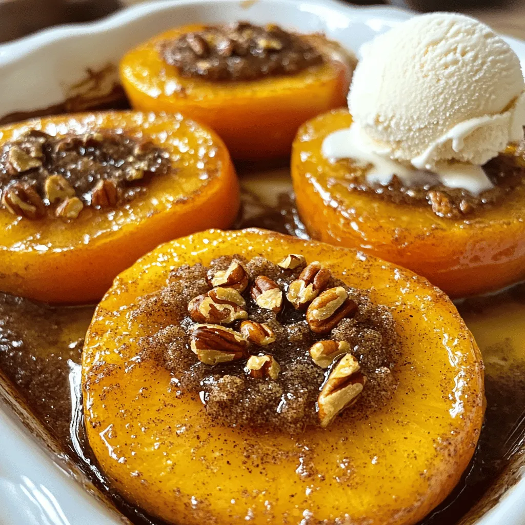 - 4 ripe peaches, halved and pitted - 4 tablespoons brown sugar - 1 teaspoon ground cinnamon - 2 tablespoons unsalted butter, melted - 1/2 teaspoon vanilla extract - Pinch of salt - Crushed nuts (optional) - Vanilla ice cream or yogurt (optional) When you choose peaches, look for ones that are soft but not mushy. You want them ripe for the best flavor. The brown sugar adds sweetness and the cinnamon gives a warm spice taste. The melted butter helps to caramelize the peaches, making them rich and tasty. A little vanilla enhances all the flavors. To pick the best peaches, feel for slight give when you squeeze gently. They should smell sweet, too. The skin should be smooth and shiny. Avoid peaches with dark spots or wrinkles. If your peaches are not quite ripe, leave them out at room temperature. They will ripen in a few days. You can use these tips to find the perfect peaches for your baked treat. For the full recipe, check out the instructions that follow. First, set your oven to 350°F (175°C). This warm-up time helps the peaches bake just right. While the oven heats, grab a baking dish. I prefer a glass dish, as it shows the beautiful colors of the peaches. Place the peach halves cut-side up in the dish. This way, they catch all the sweet flavors. In a small bowl, mix together 4 tablespoons of brown sugar and 1 teaspoon of ground cinnamon. This blend brings a warm sweetness. Set this bowl aside. The smell of cinnamon will make your kitchen feel cozy. Now, drizzle 2 tablespoons of melted butter and 1/2 teaspoon of vanilla extract over the peach halves. This adds rich flavor and makes the peaches shine. Next, sprinkle your cinnamon sugar mix all over the peaches. Make sure each half gets a good coating. Put the baking dish in the oven. Bake the peaches for 20 to 25 minutes. You want them to be soft and tender. The sugar will caramelize, creating a sweet topping. If you like a bit of crunch, sprinkle crushed nuts on top during the last 5 minutes of baking. Once they are done, let them cool for a few minutes. Serve these delightful baked peaches warm. You can add a scoop of vanilla ice cream or a dollop of yogurt on top for a heavenly treat. For the full recipe, check out the details above. Enjoy your sweet creation! To get the best texture, use ripe peaches. They should feel slightly soft when you press them. Overripe peaches can turn mushy. Underripe ones may not soften well. Look for peaches with a rich color and a sweet scent. Bake them until they are tender and the sugar caramelizes. This usually takes about 20 to 25 minutes. You want them soft but not falling apart. You can easily swap some ingredients for healthier options. For example, use honey instead of brown sugar. This adds natural sweetness without refined sugar. You can also use coconut oil in place of butter. It gives a nice flavor and is dairy-free. If you want extra crunch, try adding oats or seeds. These give texture and a boost of nutrition. - Use honey instead of brown sugar. - Substitute coconut oil for butter. - Add oats or seeds for crunch. I love to experiment with flavors too. Try adding a sprinkle of nutmeg or ginger for a twist. You can even mix in some chopped nuts for more texture. Enjoy your baked peaches any way you like! For the full recipe, check out the detailed instructions above. {{image_2}} Grilled peaches bring a new twist to your dessert. Instead of baking, you grill the peach halves. This method adds a smoky flavor and caramelizes the sugars. Just brush them with a bit of oil. Place them on a hot grill for about 4-6 minutes. Flip and grill until they are soft and slightly charred. They taste amazing when topped with the cinnamon sugar mix. Adding a nutty crunch makes baked peaches even better. You can sprinkle crushed nuts on top before baking. Pecans and walnuts work great. They add texture and flavor. You can also toast the nuts lightly for extra taste. The warm nuts mix perfectly with the sweet peaches. Spice variations can change the whole flavor of the dish. Besides cinnamon, consider using nutmeg or cloves. Nutmeg adds a warm, earthy taste. Cloves give a sweet, aromatic kick. Start with a small pinch and adjust to your taste. Each spice brings a different vibe to your baked peaches. For the full recipe, check out the earlier section. To store leftover baked peaches, let them cool completely. Place them in an airtight container. You can keep them in the fridge for up to three days. This keeps them fresh and tasty. Make sure to layer them gently to avoid squishing. To reheat baked peaches, preheat your oven to 350°F (175°C). Place the peaches in a baking dish. Cover them with aluminum foil to keep them moist. Heat for about 10 minutes, or until warm. If you want a crispy top, remove the foil for the last few minutes. You can freeze baked peaches for later use. Let them cool down, then place them in a freezer-safe bag. Remove as much air as possible before sealing. They will stay good for up to three months. When ready to eat, thaw them in the fridge overnight. You can also reheat them straight from the freezer. This makes for a quick and easy dessert! For the full recipe, check the details above. For baking, use ripe peaches that are firm but slightly soft to the touch. Yellow peaches have a sweet flavor and juicy flesh, making them great for this recipe. You can also use white peaches for a sweeter taste. Avoid overripe peaches, as they can turn mushy when baked. Yes, you can use frozen peaches! Thaw them first to remove excess water. Pat them dry with a towel to avoid sogginess. Keep in mind that frozen peaches may cook faster than fresh ones. Check them often while baking to get the best result. The peaches are done when they are tender and juicy. You can test them with a fork; it should go in easily. The sugar should also melt and caramelize, creating a lovely golden crust. Bake for 20-25 minutes, but keep an eye on them to ensure they don’t overcook. For the full recipe, check the details above! This blog post covered how to make a simple baked peach dish. We discussed key ingredients, tips for choosing ripe peaches, and step-by-step baking instructions. With variations like grilling and nutty crunch options, you can change it based on your taste. Lastly, we looked at ways to store and reheat them. Baked peaches are delicious and easy to make. Try these tips and enjoy!