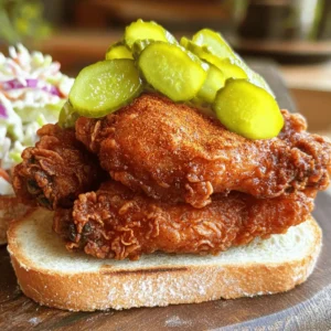 To make Nashville hot chicken, you need a few key ingredients. Here’s what you will need: - 2 lbs chicken (thighs or drumsticks) - 1 cup buttermilk - 2 tablespoons hot sauce (like Texas Pete or Frank's RedHot) - 1 tablespoon smoked paprika - 1 tablespoon garlic powder - 1 tablespoon onion powder - 1 teaspoon cayenne pepper (or to taste) - 1 teaspoon black pepper - 1 teaspoon salt - 1 cup all-purpose flour - ½ cup vegetable oil (for frying) - 1 tablespoon brown sugar - Pickles, for serving - Sliced bread, for serving Cayenne pepper is what gives this dish its bold heat. Use enough to suit your taste. Buttermilk plays a big role here too. It keeps the chicken moist and tender. The acid helps break down the meat, making it juicy and full of flavor. You can get creative with your spices. Try adding more heat with extra cayenne or a dash of chili powder. Some people love a pinch of cumin or even a touch of cinnamon for warmth. When it comes to sides, coleslaw is a classic choice. It adds coolness to the spicy chicken. You can also serve it on soft buns for a hot chicken sandwich. You could even make a Nashville hot chicken taco for a fun twist! For the full recipe, check out the detailed steps. Start by making the marinade. In a large bowl, mix buttermilk, hot sauce, smoked paprika, garlic powder, onion powder, cayenne pepper, black pepper, and salt. Whisk until well combined. Add the chicken pieces to this marinade. Make sure they are fully submerged. Cover the bowl and refrigerate. Marinate for at least four hours. If you want the best flavor, let it sit overnight. This process helps the chicken absorb all those bold spices. After marination, take the chicken out of the fridge. Set up a breading station. In a separate bowl, mix flour with extra salt and black pepper. Dredge each chicken piece in the flour mixture. Shake off the excess flour. This step is crucial for achieving that crispy texture. Make sure each piece is well coated, but not too thick. Now, heat vegetable oil in a large skillet over medium-high heat. The oil should shimmer but not smoke. Carefully add the chicken pieces. Fry them in batches if needed to avoid crowding. Cook for about twelve to fifteen minutes. Flip halfway through to ensure even cooking. The chicken should reach an internal temperature of 165°F. Once done, mix remaining flour, cayenne pepper, and brown sugar in a small bowl. Immediately sprinkle this spice mixture over the hot chicken. This adds that signature Nashville hot flavor. Let the chicken rest on a wire rack for a few minutes. This keeps it crispy. Check the [Full Recipe] for all the steps! To adjust the heat, start with the cayenne pepper. If you like it milder, use less. For more heat, add more cayenne. You can also mix in hot sauce. Texas Pete or Frank's RedHot work well. They add flavor and heat, making each bite sing. To keep the chicken crispy, let it rest on a wire rack after frying. This keeps steam away from the chicken. Fry in batches to avoid overcrowding the pan. This helps the chicken cook evenly and stay crispy. Serve Nashville hot chicken on soft slices of bread with pickles. This is a classic way to enjoy it. For a twist, try it in a taco with slaw. A side of coleslaw adds crunch and balances the spice. Pair your chicken with sweet tea to cool your palate. You can find the full recipe in the earlier sections to guide you. {{image_2}} Nashville hot chicken has made waves across the U.S. Each region puts its spin on this spicy dish. In cities like Atlanta, you'll find hot chicken served with a sweet glaze. In Texas, they often add BBQ sauce for a smoky twist. These styles contrast with the classic Nashville version, which packs a strong cayenne punch. Traditional fried chicken is often milder and less spicy. Nashville hot chicken is all about bold, fiery flavors that make your taste buds dance. Want to enjoy hot chicken without the guilt? You can bake or air fry it. This way, you cut down on oil and fat. Simply marinate the chicken as usual, then place it in the air fryer. Cook until crispy and golden! If you need gluten-free options, swap all-purpose flour for a gluten-free blend. This way, everyone can enjoy this dish without worry. You can use Nashville hot flavors in many ways. Try making a spicy hot chicken sandwich. Just add pickles and slaw on a bun for a tasty meal. You can even turn the leftover chicken into spicy tacos. Shred the chicken and mix it with fresh veggies and hot sauce. This gives you a fun twist on classic tacos. The bold flavors of Nashville hot chicken can make any dish exciting! To store your Nashville hot chicken in the fridge, follow these steps: - Let the chicken cool completely before storing. - Place the chicken in an airtight container. - Cover the container tightly to keep out air. - Store in the fridge for up to 3 days. This method keeps your chicken fresh and safe to eat. Keeping it sealed helps prevent it from drying out. To freeze Nashville hot chicken, follow these steps: 1. Cool the chicken completely. 2. Wrap each piece in plastic wrap. 3. Place the wrapped chicken in a freezer bag. 4. Label the bag with the date before sealing it. You can freeze the chicken for up to 3 months. To reheat, remember to thaw it overnight in the fridge. To reheat your Nashville hot chicken, use these methods: - Oven: Preheat to 375°F. Place chicken on a baking sheet. Heat for 15-20 minutes until warm. This keeps the skin crispy. - Microwave: Use a microwave-safe dish. Cover with a damp paper towel. Heat on medium power for 2-3 minutes. This method may make the skin softer. Using the oven is best for keeping flavors and textures. Nashville hot chicken is a spicy fried chicken dish. It has roots in Nashville, Tennessee. The story goes that a woman used spice to get back at her cheating partner. She served him hot chicken, and he loved it! Today, it’s a popular dish, known for its bold flavors and kick. People enjoy it as a meal or a late-night snack. Nashville hot chicken can be very spicy! It uses cayenne pepper, which brings the heat. You can control the spice level by adjusting the cayenne. If you want less heat, add less cayenne. You can also try a milder hot sauce. Always taste the marinade before adding the chicken. This way, you can find your perfect spice level. Yes, you can make Nashville hot chicken in an air fryer! Start by marinating the chicken as usual. Then, dredge it in the flour mixture. Spray the air fryer basket with oil to prevent sticking. Place the chicken in a single layer in the basket. Cook at 400°F for about 25-30 minutes. Flip halfway through for even cooking. Air frying gives a crispy outside and tender inside. It is a healthier option than traditional frying. However, the texture may differ slightly. The air fryer can still produce a delicious Nashville hot chicken. For the full recipe, check it out here. To make Nashville hot chicken, start with key ingredients like cayenne pepper and buttermilk. Marinate the chicken for the best flavor and crispiness. Fry it well, and finish with a spicy mix. Experiment with flavors for your taste. You can serve it in many fun ways, from sandwiches to tacos. Store leftovers properly and reheat them to enjoy later. Whether you're trying classic styles or health tweaks, Nashville hot chicken is a treat. Dive in and enjoy cooking this delicious dish your way!