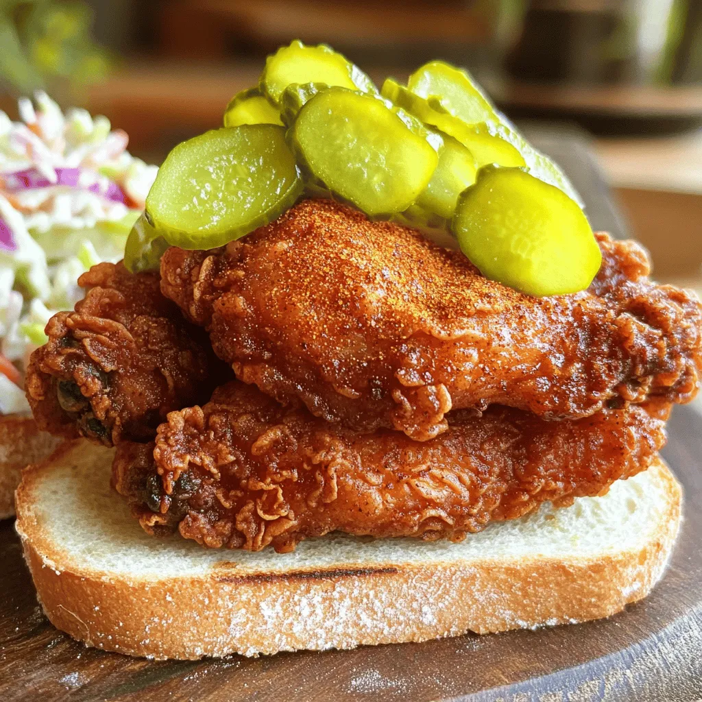 To make Nashville hot chicken, you need a few key ingredients. Here’s what you will need: - 2 lbs chicken (thighs or drumsticks) - 1 cup buttermilk - 2 tablespoons hot sauce (like Texas Pete or Frank's RedHot) - 1 tablespoon smoked paprika - 1 tablespoon garlic powder - 1 tablespoon onion powder - 1 teaspoon cayenne pepper (or to taste) - 1 teaspoon black pepper - 1 teaspoon salt - 1 cup all-purpose flour - ½ cup vegetable oil (for frying) - 1 tablespoon brown sugar - Pickles, for serving - Sliced bread, for serving Cayenne pepper is what gives this dish its bold heat. Use enough to suit your taste. Buttermilk plays a big role here too. It keeps the chicken moist and tender. The acid helps break down the meat, making it juicy and full of flavor. You can get creative with your spices. Try adding more heat with extra cayenne or a dash of chili powder. Some people love a pinch of cumin or even a touch of cinnamon for warmth. When it comes to sides, coleslaw is a classic choice. It adds coolness to the spicy chicken. You can also serve it on soft buns for a hot chicken sandwich. You could even make a Nashville hot chicken taco for a fun twist! For the full recipe, check out the detailed steps. Start by making the marinade. In a large bowl, mix buttermilk, hot sauce, smoked paprika, garlic powder, onion powder, cayenne pepper, black pepper, and salt. Whisk until well combined. Add the chicken pieces to this marinade. Make sure they are fully submerged. Cover the bowl and refrigerate. Marinate for at least four hours. If you want the best flavor, let it sit overnight. This process helps the chicken absorb all those bold spices. After marination, take the chicken out of the fridge. Set up a breading station. In a separate bowl, mix flour with extra salt and black pepper. Dredge each chicken piece in the flour mixture. Shake off the excess flour. This step is crucial for achieving that crispy texture. Make sure each piece is well coated, but not too thick. Now, heat vegetable oil in a large skillet over medium-high heat. The oil should shimmer but not smoke. Carefully add the chicken pieces. Fry them in batches if needed to avoid crowding. Cook for about twelve to fifteen minutes. Flip halfway through to ensure even cooking. The chicken should reach an internal temperature of 165°F. Once done, mix remaining flour, cayenne pepper, and brown sugar in a small bowl. Immediately sprinkle this spice mixture over the hot chicken. This adds that signature Nashville hot flavor. Let the chicken rest on a wire rack for a few minutes. This keeps it crispy. Check the [Full Recipe] for all the steps! To adjust the heat, start with the cayenne pepper. If you like it milder, use less. For more heat, add more cayenne. You can also mix in hot sauce. Texas Pete or Frank's RedHot work well. They add flavor and heat, making each bite sing. To keep the chicken crispy, let it rest on a wire rack after frying. This keeps steam away from the chicken. Fry in batches to avoid overcrowding the pan. This helps the chicken cook evenly and stay crispy. Serve Nashville hot chicken on soft slices of bread with pickles. This is a classic way to enjoy it. For a twist, try it in a taco with slaw. A side of coleslaw adds crunch and balances the spice. Pair your chicken with sweet tea to cool your palate. You can find the full recipe in the earlier sections to guide you. {{image_2}} Nashville hot chicken has made waves across the U.S. Each region puts its spin on this spicy dish. In cities like Atlanta, you'll find hot chicken served with a sweet glaze. In Texas, they often add BBQ sauce for a smoky twist. These styles contrast with the classic Nashville version, which packs a strong cayenne punch. Traditional fried chicken is often milder and less spicy. Nashville hot chicken is all about bold, fiery flavors that make your taste buds dance. Want to enjoy hot chicken without the guilt? You can bake or air fry it. This way, you cut down on oil and fat. Simply marinate the chicken as usual, then place it in the air fryer. Cook until crispy and golden! If you need gluten-free options, swap all-purpose flour for a gluten-free blend. This way, everyone can enjoy this dish without worry. You can use Nashville hot flavors in many ways. Try making a spicy hot chicken sandwich. Just add pickles and slaw on a bun for a tasty meal. You can even turn the leftover chicken into spicy tacos. Shred the chicken and mix it with fresh veggies and hot sauce. This gives you a fun twist on classic tacos. The bold flavors of Nashville hot chicken can make any dish exciting! To store your Nashville hot chicken in the fridge, follow these steps: - Let the chicken cool completely before storing. - Place the chicken in an airtight container. - Cover the container tightly to keep out air. - Store in the fridge for up to 3 days. This method keeps your chicken fresh and safe to eat. Keeping it sealed helps prevent it from drying out. To freeze Nashville hot chicken, follow these steps: 1. Cool the chicken completely. 2. Wrap each piece in plastic wrap. 3. Place the wrapped chicken in a freezer bag. 4. Label the bag with the date before sealing it. You can freeze the chicken for up to 3 months. To reheat, remember to thaw it overnight in the fridge. To reheat your Nashville hot chicken, use these methods: - Oven: Preheat to 375°F. Place chicken on a baking sheet. Heat for 15-20 minutes until warm. This keeps the skin crispy. - Microwave: Use a microwave-safe dish. Cover with a damp paper towel. Heat on medium power for 2-3 minutes. This method may make the skin softer. Using the oven is best for keeping flavors and textures. Nashville hot chicken is a spicy fried chicken dish. It has roots in Nashville, Tennessee. The story goes that a woman used spice to get back at her cheating partner. She served him hot chicken, and he loved it! Today, it’s a popular dish, known for its bold flavors and kick. People enjoy it as a meal or a late-night snack. Nashville hot chicken can be very spicy! It uses cayenne pepper, which brings the heat. You can control the spice level by adjusting the cayenne. If you want less heat, add less cayenne. You can also try a milder hot sauce. Always taste the marinade before adding the chicken. This way, you can find your perfect spice level. Yes, you can make Nashville hot chicken in an air fryer! Start by marinating the chicken as usual. Then, dredge it in the flour mixture. Spray the air fryer basket with oil to prevent sticking. Place the chicken in a single layer in the basket. Cook at 400°F for about 25-30 minutes. Flip halfway through for even cooking. Air frying gives a crispy outside and tender inside. It is a healthier option than traditional frying. However, the texture may differ slightly. The air fryer can still produce a delicious Nashville hot chicken. For the full recipe, check it out here. To make Nashville hot chicken, start with key ingredients like cayenne pepper and buttermilk. Marinate the chicken for the best flavor and crispiness. Fry it well, and finish with a spicy mix. Experiment with flavors for your taste. You can serve it in many fun ways, from sandwiches to tacos. Store leftovers properly and reheat them to enjoy later. Whether you're trying classic styles or health tweaks, Nashville hot chicken is a treat. Dive in and enjoy cooking this delicious dish your way!