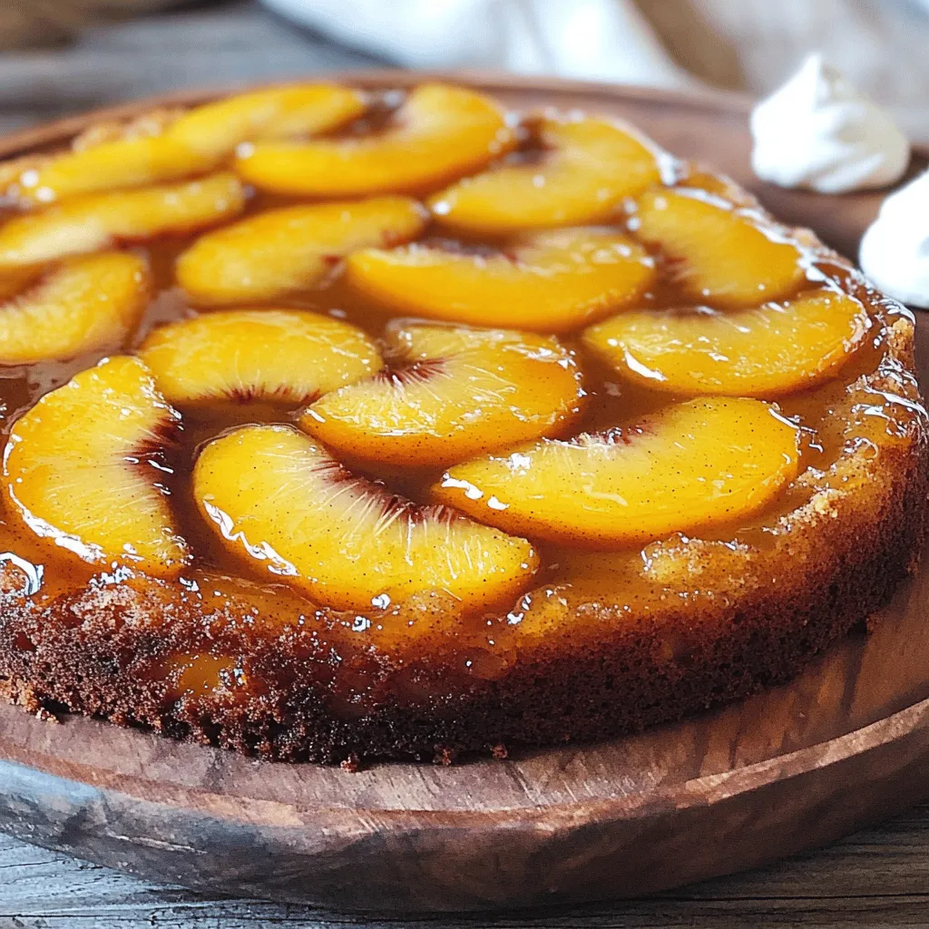 To make a Peach Upside Down Cake, you will need the following: - 3 ripe peaches, pitted and sliced - 1/4 cup unsalted butter (for the topping) - 1/2 cup brown sugar - 1 cup all-purpose flour - 1 teaspoon baking powder - 1/4 teaspoon salt - 1/2 cup granulated sugar - 1 large egg - 1/2 cup milk - 1 teaspoon vanilla extract - 1/2 teaspoon cinnamon When you measure your ingredients, accuracy is key. Here are some tips: - Use measuring cups for dry and liquid ingredients. - Level off dry ingredients with a knife for precision. - Use a liquid measuring cup for milk and other liquids. - For brown sugar, pack it into the cup to get the right amount. You can make swaps if you need to. Here are some options: - If you don't have peaches, use other fruits like pears or pineapples. - Swap unsalted butter for coconut oil for a dairy-free version. - Use whole wheat flour instead of all-purpose flour for added fiber. - Substitute almond milk for regular milk for a nutty flavor. These tips will help you gather the right ingredients and make your cake tasty! For the full recipe, check out the Peachy Paradise Upside Down Cake. Start by preheating your oven to 350°F (175°C). This ensures even baking. Next, grab a 9-inch round cake pan. Melt 1/4 cup of unsalted butter in the pan. Once melted, sprinkle 1/2 cup of brown sugar over the butter. This mix will create a sweet base for the peaches. Now, take your 3 ripe peaches. Pitting and slicing them is easy. Arrange the peach slices over the brown sugar mix. Cover the bottom of the pan well and set it aside. In a bowl, mix 1 cup of all-purpose flour, 1 teaspoon of baking powder, 1/4 teaspoon of salt, and 1/2 teaspoon of cinnamon. This will be your dry mix. In another bowl, combine 1/2 cup of granulated sugar, 1 large egg, 1/2 cup of milk, and 1 teaspoon of vanilla extract. Mix until smooth. Gradually add the dry mix to the wet mix. Stir until just combined. Pour this batter over the peach slices in the pan. Smooth it out gently. Bake in your preheated oven for 30-35 minutes. Check with a toothpick. It should come out clean when the cake is done. Once baked, take the cake out and let it cool for about 10 minutes. Carefully invert the cake onto a serving plate. This step makes the peaches shine on top. If you want, let it cool a bit more before slicing. Serve it warm or at room temperature. Adding a dollop of whipped cream or a scoop of vanilla ice cream makes it even better. For the full recipe, visit the complete guide. Enjoy every bite of your peach upside down cake! To get the best texture for your Peach Upside Down Cake, focus on the mixing. Combine the wet and dry ingredients just until they blend. Overmixing can lead to a tough cake. Keep your butter at room temperature for easy creaming. This helps the cake rise well. Adding a bit of cinnamon enhances the flavor too. A few common mistakes can spoil your cake. First, do not skip the butter layer. It keeps the peaches moist. Also, ensure your oven is fully preheated. Baking at the wrong temperature can affect the texture. Lastly, avoid using unripe peaches; they won't bring the sweet flavor you want. Storing your cake correctly keeps it fresh. Once cooled, cover the cake with plastic wrap. You can also store it in an airtight container. This keeps it moist for up to three days. If you want to keep it longer, freeze it. Just wrap it tightly and it can last for up to three months. When ready to eat, let it thaw at room temperature. For the full recipe, check out the Peachy Paradise Upside Down Cake. {{image_2}} You can switch out peaches for other fruits. Apples, pineapples, or berries work well. Each fruit adds its own taste and charm. For apples, slice thinly and use a bit of lemon juice to keep them fresh. Pineapples add a tropical twist. Berries create a colorful and vibrant look. Mix and match to find your favorite! If you need a gluten-free cake, use almond flour or gluten-free flour blends. These options keep the cake moist and tasty. For a vegan version, replace the egg with a flax egg. Just mix one tablespoon of ground flaxseed with three tablespoons of water. Let it sit until it thickens. Use plant-based milk for a vegan treat. Add spices to make the cake more exciting. A pinch of cardamom or nutmeg can elevate the flavor. You could also add a splash of almond extract for a nutty twist. Want a richer taste? Try mixing in some chopped nuts or chocolate chips. These little tweaks can make your cake unique and delightful. For the full recipe, check out Peachy Paradise Upside Down Cake. You can add fun toppings to your peach upside down cake. A dollop of whipped cream makes it light and airy. You might also try a scoop of vanilla ice cream for a creamy touch. For a twist, drizzle warm caramel sauce over the slices. This sweet sauce pairs well with the juicy peaches and adds richness. If you want a bit of crunch, sprinkle some chopped nuts on top. This cake shines at gatherings. Serve it at birthday parties, family reunions, or summer picnics. It’s also great for brunch with friends. The warm peaches and sweet cake cheer everyone up. You can enjoy it after a nice dinner, too. It’s a lovely dessert that feels special but is simple to make. You can make your cake look fancy with some easy tricks. Slice the cake into wedges and place them on colorful plates. Add a mint leaf on top for a fresh touch. You can also serve it on a wooden board for a rustic feel. For a fun idea, stack slices with layers of whipped cream in a glass. This way, everyone sees the beautiful peaches inside. Serve it warm or at room temperature for the best taste. For the full recipe, check out the details above! You can swap peaches for other fruits. Pineapples, pears, or apples work well. Just slice them thin. Each fruit gives a unique flavor and texture. If you use canned fruit, drain it first. This way, your cake stays moist without being soggy. To check if the cake is ready, use a toothpick. Stick it in the center of the cake. If it comes out clean, your cake is done. If it has wet batter, bake a bit longer. The edges should pull away from the pan slightly too. Yes, you can make this cake ahead of time. Bake it, then let it cool completely. Cover it with plastic wrap and store it in the fridge. When you are ready to serve, warm it up in the oven for a few minutes. This helps the cake taste fresh. For the full recipe, check out the Peachy Paradise Upside Down Cake section. This blog post covered how to create a Peach Upside Down Cake. We explored key ingredients, precise measuring tips, and great substitutions. You learned step-by-step preparation, baking directions, and how to add final touches. We shared tips for perfecting cake texture and storage advice. I also discussed variations, including seasonal fruits and dietary options. To wrap up, use our serving suggestions to impress guests. With these insights, you're ready to bake a fantastic cake. Enjoy the process and share it with others!