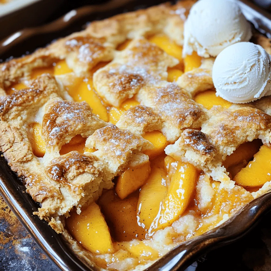 To make the best peach cobbler, start with ripe peaches. Look for fruit that is slightly soft to the touch. The skin should have a nice color, usually yellow or orange. A good peach smells sweet and fruity. If you can, pick local peaches; they often taste better. You need about four cups of sliced peaches for this recipe. Sugar is the main sweetener for this cobbler. I use granulated sugar for the filling. You can adjust the amount based on your taste. If you want a richer flavor, try brown sugar for the topping. You can also use honey or maple syrup, but remember, they add unique flavors. Keep in mind that the sweetness of the peaches matters too. For the batter, you'll need a few simple items. Here’s what you need: - 1 cup all-purpose flour - 1 tablespoon baking powder - ½ teaspoon salt - 1 cup milk - ½ cup unsalted butter, melted - 1 teaspoon vanilla extract - 1 tablespoon lemon juice - 1 teaspoon ground cinnamon Each ingredient plays a role in making the dish tasty. The flour helps create a nice texture, while the baking powder adds fluffiness. Milk makes the batter moist and rich. Don't forget the lemon juice; it brightens the peach flavor! This recipe is all about balance, and these ingredients work together to make a delicious dessert. You can find the full recipe in the earlier sections. To make peach cobbler, start by gathering all your ingredients. You need fresh peaches, sugar, lemon juice, cinnamon, vanilla, flour, baking powder, salt, milk, and butter. Preheat your oven to 350°F (175°C). This step helps the cobbler bake evenly. In a large bowl, mix the sliced peaches with half a cup of sugar, lemon juice, cinnamon, and vanilla. Toss gently to coat the peaches. Let them sit for about 10 minutes to soak in the flavors. In another bowl, whisk together the flour, baking powder, the rest of the sugar, and salt. Gradually add the milk to this mix. Stir until it is smooth. Finally, fold in the melted butter. Pour the batter into a greased 9x13 inch baking dish. Spread it evenly. Spoon the marinated peaches over the batter. Make sure to include the juices, but do not mix. Sprinkle brown sugar on top of the peaches. Place the dish in the oven and bake for 40-45 minutes. You know it’s done when the top is golden brown and a toothpick comes out clean. Let it cool for about 10 minutes before you dig in. For a treat, serve it warm with a scoop of ice cream. You can find the full recipe [here]. When picking peaches, look for ripe ones. They should feel soft but not mushy. The skin should be slightly fuzzy and have a warm color. I love using local peaches for the best flavor. If you can, buy them at a farmer's market. Fresh peaches taste sweet and juicy, making your cobbler shine. To get a great texture, mix your batter gently. Over mixing can make it dense. When you fold in the melted butter, do it slowly. This keeps air in the batter, making it light. Also, letting the peach mixture sit helps. It lets the juices soak into the batter as it bakes. For a crisp topping, sprinkle brown sugar on top before baking. Serve your peach cobbler warm for the best taste. A scoop of vanilla ice cream on top is a classic choice. The cold ice cream melts into the warm cobbler, creating a perfect mix. You can also pair it with whipped cream or yogurt. For a fun twist, try adding a sprinkle of cinnamon or nutmeg on top. Enjoy your sweet treat! Check out the Full Recipe for more details. {{image_2}} You can switch up the peaches for other fruits. Try fresh berries, apples, or even cherries. Each fruit adds a new taste. For example, blueberries bring a burst of sweetness. Apples offer a nice crunch. Mix and match your favorites for fun twists. You can make this dish gluten-free with simple swaps. Use gluten-free flour instead of all-purpose flour. Many brands work well in baking. Just ensure the baking powder is gluten-free too. This way, everyone can enjoy your cobbler. Adding spices and toppings can elevate your cobbler. Try a pinch of nutmeg for warmth. A splash of almond extract gives a unique flavor. Top with a sprinkle of oats or nuts for crunch. Serve it with whipped cream or yogurt for a fresh touch. For a classic feel, a scoop of vanilla ice cream is perfect. These tweaks make your cobbler even more special. For the full recipe, check this out: [Full Recipe]. To keep your peach cobbler fresh, let it cool down first. Cover it tightly with plastic wrap or aluminum foil. You can also place it in an airtight container. Store it in the fridge for up to four days. This way, you can enjoy your sweet treat later! Reheating peach cobbler is simple. Preheat your oven to 350°F (175°C). Place the cobbler in an oven-safe dish. Cover it with foil to prevent burning. Heat for about 20 minutes. If you want to microwave it, place a piece on a plate. Heat it for 30 seconds to 1 minute. Check if it's warm enough for you! You can freeze peach cobbler for later delight. Allow it to cool completely before freezing. Cut it into pieces and wrap each slice tightly in plastic wrap. Place the slices in a freezer bag or container. Label it with the date. It can last up to three months in the freezer. When you're ready to enjoy, thaw it in the fridge overnight before reheating. This way, you can savor that fresh peach flavor anytime! Yes, you can use canned or frozen peaches. They work well in a pinch. Just drain canned peaches before use. Frozen peaches should be thawed and drained of excess liquid. This helps keep your peach cobbler from getting too watery. However, fresh peaches give the best flavor and texture. They offer a juicy, sweet bite that canned or frozen options can't match. To ripen peaches, keep them at room temperature. Place them in a bowl, stem side up. Avoid the fridge until they ripen. Check them daily for softness. When they feel slightly soft, they are ripe and ready to use. You can also place them in a paper bag to speed up the process. Adding a banana to the bag helps too, as they release ethylene gas which helps peaches ripen faster. Your peach cobbler is done when the top is golden brown. A toothpick should come out clean when inserted in the center. The edges should bubble and look firm. If you notice a slight jiggle, let it bake a few more minutes. Don’t rush this step, as undercooked cobbler won’t taste as good. Let it cool for about 10 minutes before serving. This helps the juices set, making each bite more enjoyable. For the full recipe, check out the Sweet Southern Peach Cobbler section. In this blog post, we explored making peach cobbler. We picked fresh peaches and discussed sweeteners. I shared step-by-step instructions that guide you through preparation, mixing, and baking. Tips on texture, serving, and fruit choices enhance your dish. Storage methods help keep leftovers fresh. Finally, I answered common questions about ripening and using canned peaches. Peach cobbler is a fun and tasty treat. Enjoy your baking journey!