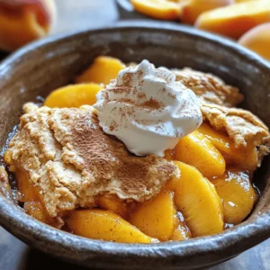 - 4 cups fresh peaches, sliced (or 2 cans of peaches, drained) - 1 cup granulated sugar - 1 tablespoon lemon juice - 1 teaspoon vanilla extract - 1 cup all-purpose flour - 1 tablespoon baking powder - ½ teaspoon salt - 1 cup milk - ½ cup unsalted butter, melted - 1 teaspoon cinnamon - Optional: Whipped cream or vanilla ice cream for serving Gathering your ingredients is key to a great cobbler. Fresh peaches are best, but canned peaches work too. They both bring that sweet, juicy flavor we love. When you slice the peaches, make sure they are ripe. Ripe peaches give the best taste. If you use canned, drain them well to avoid extra juice. Granulated sugar adds sweetness. We will use it in two stages: first for the peaches, then in the batter. The lemon juice and vanilla extract boost the flavor. They make the peaches shine and add a nice aroma. Next, we need our dry ingredients. All-purpose flour and baking powder create the batter. The salt helps balance the sweetness. We also need milk and melted butter. The butter gives richness to the batter. Lastly, don’t forget the cinnamon! It adds warmth and a cozy scent. For serving, whipped cream or vanilla ice cream is optional, but highly recommended. They make this dessert even better. Now that you have your ingredients, you're ready to make the best ever peach cobbler! For the full recipe, check out the details above. First, preheat your oven to 350°F (175°C). This step is key to getting a nice, golden crust. Next, take your fresh peaches or canned peaches. In a big bowl, mix the sliced peaches with ½ cup of sugar, lemon juice, and vanilla extract. Toss this mix gently. It helps to coat the peaches well. After that, pour the peach mix into a greased 9x13 inch baking dish. Spread it evenly so every bite has that sweet peach flavor. Now, let's make the batter. In a new bowl, mix the all-purpose flour, remaining ½ cup of sugar, baking powder, and salt. Make sure to stir it well. Then, slowly add in the milk. Mix until just combined. Don't overmix; we want a soft batter. Time to layer the ingredients! Pour the batter over the peach mixture in the baking dish. Do not stir it! This helps the peaches bubble up through the batter as it bakes. Next, drizzle the melted butter evenly over the top of the batter. For an extra kick, sprinkle some cinnamon on top. Now, place it in the preheated oven and bake for 35-40 minutes. You’ll know it’s done when it turns golden brown. A toothpick should come out clean when inserted in the batter. Once done, let it cool for a few minutes before serving. Enjoy your peach cobbler with a scoop of ice cream for a delightful treat! Check out the Full Recipe for more details. Choosing the best peaches: For peach cobbler, fresh peaches are best. Look for ripe, juicy ones at the market. If fresh peaches aren't available, canned peaches work too. Just make sure to drain them well. Their sweetness can vary, so adjust sugar if needed. Optimum baking techniques: Preheat your oven to 350°F (175°C). This ensures even baking. When you mix the peaches with sugar, let them sit for a bit. This helps release their juices. For the batter, mix the dry and wet ingredients separately. Pour the batter over the peaches without stirring. This creates a lovely, bubbly effect. Recommended toppings: I love serving peach cobbler warm. A scoop of vanilla ice cream on top is heavenly. Whipped cream is another great choice. Both add creaminess and balance the warm fruit. Serving presentation ideas: For a nice touch, serve the cobbler in individual bowls. Top with a dollop of whipped cream or a scoop of ice cream. Add a slice of fresh peach or a sprinkle of cinnamon for flair. This small detail elevates the dish and makes it special. {{image_2}} If you want to mix things up, try other fruits. Blueberries and cherries are great choices. You can use fresh or frozen fruits. Just remember to adjust the sugar based on the fruit's sweetness. For example, blueberries may need less sugar since they’re sweet already. Cherries also add a nice tartness. Experimenting with fruit can make your peach cobbler unique and fun! Adding spices can take your cobbler to the next level. You can try nutmeg or ginger for a warm, cozy taste. A pinch of nutmeg adds depth, while ginger gives a slight kick. You could also add a splash of almond extract for a nutty flavor. These enhancements bring new layers to the dish. Just a little can really transform your cobbler! If you need a gluten-free option, don't worry! You can swap all-purpose flour with gluten-free flour. Almond flour or a gluten-free blend works well. Make sure to check the packaging for measurements since they vary. You can also use oat flour for a different taste. This way, everyone can enjoy your peach cobbler without worry. For the best flavor and texture, try these variations. You can find the full recipe in the article. After enjoying the best ever peach cobbler, allow it to cool. Cooling helps keep moisture in check. Once cool, cover the cobbler tightly with plastic wrap or foil. You can also transfer it to an airtight container. This keeps the flavors fresh. In the fridge, your cobbler lasts about 3 to 4 days. If you want to save it longer, freezing is the way to go. To freeze peach cobbler, first, let it cool completely. Cut it into portions for easy thawing. Wrap each piece tightly in plastic wrap. Then, place the wrapped pieces in a freezer-safe bag. Label the bag with the date. Your cobbler can freeze for up to 3 months. When ready to enjoy, reheat it straight from the freezer. Preheat your oven to 350°F (175°C). Place the cobbler in a baking dish, cover it with foil, and heat for about 30 minutes. This keeps it moist and tasty. Enjoy your peach cobbler like it’s fresh from the oven! For the complete recipe, check out the Full Recipe. What are the best peaches to use for cobbler? Fresh peaches are best for cobbler. Look for ripe, juicy peaches with no bruises. If fresh ones are hard to find, use canned peaches. Just drain them well before use. Can I make this ahead of time? Yes, you can make peach cobbler ahead of time. Prepare it, cover it, and store it in the fridge. Bake it later when you’re ready to serve. Is it possible to make peach cobbler without butter? You can use oil or margarine instead of butter. Both will help keep your cobbler moist and tasty. How do I reheat leftovers effectively? To reheat, place the cobbler in an oven set to 350°F (175°C). Heat for about 15-20 minutes until warm. What can I serve with peach cobbler? Peach cobbler pairs well with whipped cream or vanilla ice cream. You can also serve it with fresh mint for a pop of color. How can I make this recipe vegan-friendly? To make it vegan, swap the butter for coconut oil or vegan butter. Use plant-based milk instead of regular milk. Where to find user reviews of Best Ever Peach Cobbler Delight 🥧 You can find user reviews on recipe websites, cooking blogs, and social media platforms. They often share tips and modifications. Recommendations for the best store-bought peach cobbler in comparison. Look for brands that use real fruit and fewer preservatives. Local bakeries often have great options too. Check reviews to find the best! For more details, you can check the Full Recipe. This blog post shared how to make a delicious peach cobbler. We explored key ingredients and provided step-by-step instructions. You learned tips for perfecting your cobbler, from choosing the right peaches to serving ideas. Variations let you customize flavors, and storage info helps keep leftovers fresh. Remember, the best cobbler brings joy to every occasion. Try new flavors and enjoy every bite of your creation!
