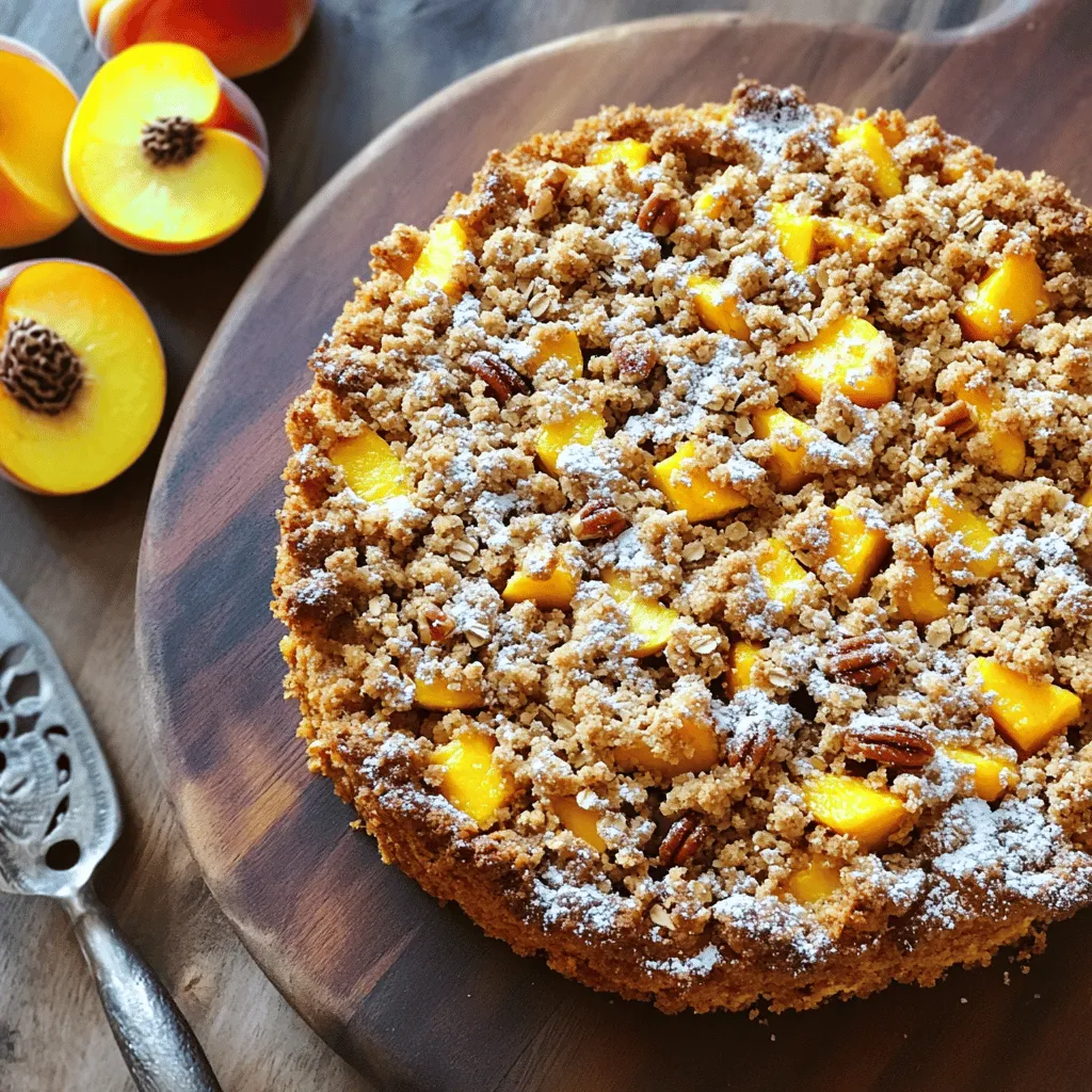 - 2 cups fresh peaches, peeled and diced - 1 ½ cups all-purpose flour - 1 cup granulated sugar - ½ cup unsalted butter, softened - 2 large eggs - 1 cup buttermilk - 1 teaspoon vanilla extract - 1 tablespoon baking powder - ½ teaspoon baking soda - ½ teaspoon salt - 1 teaspoon ground cinnamon - ½ cup brown sugar (for crumb topping) - ½ cup rolled oats (for crumb topping) - ½ cup chopped pecans (optional, for crumb topping) - ½ teaspoon ground nutmeg (for crumb topping) When measuring your ingredients, accuracy is key. Use measuring cups for dry ingredients like flour and sugar. For liquids like buttermilk, a liquid measuring cup works best. Always level off your dry ingredients with a flat edge for precise amounts. This way, your cake will rise just right. Peaches are the star of this cake. They add sweetness and moisture, making each bite delicious. Using fresh peaches makes a big difference. The butter contributes to the cake's rich taste and tender texture. Buttermilk adds tang and helps keep the cake moist. Lastly, the crumb topping with oats and nuts gives a nice crunch and flavor contrast. You can find the Full Recipe for even more details. First, you need to preheat your oven. Set it to 350°F (175°C). This step is key for an even bake. While the oven heats, take a 9x13-inch baking dish. Grease it well with butter or cooking spray. This will help the cake come out clean and not stick. Now, let’s create the cake batter. In a large bowl, cream together the softened butter and granulated sugar. Mix until it looks light and fluffy. Then, add the eggs one at a time, mixing well after each egg. In another bowl, whisk together the flour, baking powder, baking soda, salt, ground cinnamon, and nutmeg. Gradually add this dry mix to the butter mixture. Alternate it with buttermilk and vanilla extract. Mix just until combined. Finally, gently fold in the diced peaches. This adds great flavor and texture. Next, let’s prepare the crumb topping. In a separate bowl, combine the brown sugar, rolled oats, and chopped pecans if you are using them. Add ground cinnamon and melted butter to this mix. Stir it all together until it is crumbly. This will give your cake a nice, sweet crunch on top. Now, it’s time to assemble and bake. Pour the batter into the greased baking dish. Spread it out evenly. Next, sprinkle the crumb topping generously over the batter. Bake in your preheated oven for 35-40 minutes. Check for doneness by inserting a toothpick into the center. If it comes out clean, it’s ready. Once baked, let the cake cool for about 10 minutes. Cut it into squares. You can serve it warm or at room temperature. For a special touch, dust with powdered sugar and add fresh peach slices. A scoop of vanilla ice cream is a perfect addition! To get the right crumb, use cold butter. Cold butter makes the topping crispy. Mix the brown sugar, oats, and nuts until crumbly. Don't over-mix; a few lumps add texture. Let the topping sit for a bit before using it on the cake. This helps it form a nice crust while baking. Serve Southern Peach Crumb Cake warm for the best taste. A scoop of vanilla ice cream on top makes it even better. You can also add whipped cream or drizzle honey for extra sweetness. For a fun twist, serve it with a side of yogurt and fresh mint. This adds a fresh touch to every bite. Want to take your cake to the next level? Add in some spices like cardamom or ginger for warmth. You can also mix in blueberries or raspberries with the peaches. Nuts like almonds or walnuts add a nice crunch. If you love a little zing, try adding lemon zest. These flavors make your cake unique and special. For the full recipe, check out the entire article. {{image_2}} You can change the fruit in this cake to suit your taste. Try using fresh blueberries, blackberries, or even strawberries. Each fruit adds a unique flavor to the cake. For a tropical twist, consider adding diced pineapple or mango. Just keep the same amount of fruit as in the original recipe. Want to make this cake gluten-free? You can easily swap the all-purpose flour for a gluten-free blend. Many good mixes work well and do not change the taste much. Just be sure to check the blend for baking powder and other ingredients to ensure it fits your needs. While pecans add a nice crunch, you can use other nuts or seeds. Walnuts or sliced almonds also work great. For a sweeter topping, try adding chocolate chips or a drizzle of caramel sauce. You can also sprinkle coconut flakes on top for a fun twist. These changes can give your cake a new look and taste. To keep your Southern Peach Crumb Cake fresh, store it in an airtight container. If you do not have a container, wrap the cake tightly in plastic wrap. This helps lock in moisture and keep the cake soft. Place the cake at room temperature for up to three days. If you want to keep it longer, consider freezing it. Freezing this cake is easy. First, let the cake cool completely. Then, cut it into squares. Wrap each piece in plastic wrap, then place them in a freezer-safe bag. Label the bag with the date. Your cake will stay good for about three months in the freezer. When you are ready to eat it, remove the desired pieces and let them thaw in the fridge overnight. To reheat the cake, preheat your oven to 350°F (175°C). Place the cake pieces on a baking sheet. Heat for about 10-15 minutes until warm. You can also microwave a piece for 20-30 seconds. Enjoy it warm! For an extra treat, serve it with a scoop of ice cream. This enhances the flavor and adds a nice touch. Yes, you can use canned peaches. Just make sure to drain them well. Canned peaches may be softer, so they can change the cake's texture a bit. Fresh peaches add more flavor and a firmer bite. To check if the cake is done, insert a toothpick into the center. If it comes out clean, the cake is ready. The edges may pull away slightly from the pan, and the top should be golden brown. You can add nutmeg, cardamom, or ginger for extra warmth. A pinch of allspice also works well. Just remember to start with a small amount and taste as you go. Southern Peach Crumb Cake comes from the Southern United States. Peaches are a popular fruit in this region. This cake celebrates the sweet, juicy peaches grown in the South. To make this recipe dairy-free, use plant-based butter and almond or oat milk. These swaps keep the flavor rich while meeting dietary needs. You won't miss the dairy at all! For the complete recipe, check out the Full Recipe above for exact measurements and steps! We covered how to make a delicious Southern Peach Crumb Cake. We discussed key ingredients, step-by-step instructions, and helpful tips for perfecting the crumb texture. You can also explore variations and storage info to keep your cake fresh. In summary, you now have all the tools needed for a tasty treat. Enjoy baking and sharing this delightful cake with family and friends.