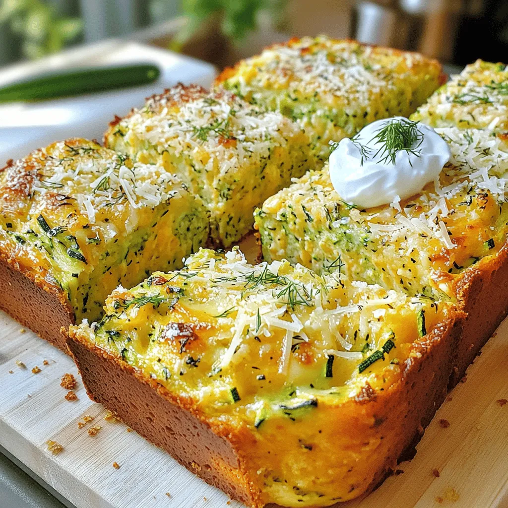 - 2 medium zucchinis, grated - 1 cup shredded cheddar cheese - 1 cup all-purpose flour - 1/2 teaspoon baking powder - 1/2 teaspoon baking soda - 1/2 teaspoon salt - 1/2 teaspoon black pepper - 2 large eggs - 1/4 cup olive oil - 1/4 cup Greek yogurt - 1 clove garlic, minced - 1 tablespoon fresh dill (or 1 teaspoon dried) - 1/4 cup grated Parmesan cheese (for topping) Gather these ingredients before you start. Fresh zucchini adds moisture and flavor. The cheddar cheese brings a rich taste. Flour helps bind everything together. Baking powder and baking soda give the bread lift. Salt and pepper enhance the flavors. Eggs provide structure. Olive oil keeps the bread moist. Greek yogurt adds creaminess. Garlic gives a wonderful aroma. Dill brings fresh herbal notes. Finally, Parmesan cheese makes a crispy topping. Calories per serving can vary, but expect about 150-200 per slice. Each slice has around: - Carbohydrates: 20g - Fats: 8g - Proteins: 6g This bread offers a good mix of nutrients. You get fiber from the zucchini and protein from the cheese and eggs. You can change this recipe to suit your taste. Try adding other cheeses like feta or mozzarella for different flavors. Incorporating herbs like rosemary or thyme can also brighten up the taste. Experimenting with these options makes the bread unique every time. You can make it your own! 1. Preheat your oven to 375°F (190°C). Lightly grease a 9x5-inch loaf pan or line it with parchment paper. This helps the bread come out easily after baking. 2. Grate the zucchini using a box grater. After grating, place the zucchini in a clean kitchen towel and squeeze out the moisture. This step is key to avoid a soggy bread. 1. In a mixing bowl, combine 1 cup of all-purpose flour with 1/2 teaspoon of baking powder, 1/2 teaspoon of baking soda, and 1/2 teaspoon each of salt and black pepper. Mix these dry ingredients well. 2. In another bowl, whisk together 2 large eggs, 1/4 cup of olive oil, 1/4 cup of Greek yogurt, and 1 clove of minced garlic. Make sure this mixture is smooth and well combined. 1. Pour the wet mixture into the dry mixture. Gently fold them together until just combined. It’s okay if some lumps remain; overmixing will make the bread tough. 2. Add 1 tablespoon of fresh dill and mix until evenly distributed. Transfer the batter to your prepared loaf pan. Smooth the top with a spatula and sprinkle 1/4 cup of grated Parmesan cheese on top. 3. Bake in the preheated oven for 45-50 minutes. Check doneness by inserting a toothpick into the center. If it comes out clean, your bread is ready! Let it cool in the pan for 10 minutes before removing it. Cool completely on a wire rack before slicing. Grating zucchini can be fun, but you need to do it right. First, choose medium zucchinis that are firm and fresh. Next, use a box grater or a food processor. This gives you the best size for mixing into the bread. To avoid excess moisture, squeeze the grated zucchini in a clean towel or cheesecloth. This step keeps your bread from becoming soggy. You want just the right amount of moisture for a perfect texture. Mixing is key to good zucchini cheese bread. When you combine the wet and dry ingredients, fold gently. Overmixing can make your bread tough. You want to see some lumps; they are okay! As you bake, watch for a golden crust. It should take about 45 to 50 minutes in the oven. An inserted toothpick should come out clean when it’s done. You can enjoy zucchini cheese bread in many ways. Try topping it with a dollop of Greek yogurt for creaminess. Fresh herbs like dill can add a nice touch too. For a meal, pair it with a light salad or soup. This adds balance to your plate and makes it more filling. The bread is also great for breakfast or as a snack. {{image_2}} You can make zucchini cheese bread gluten-free. Use gluten-free flour instead of all-purpose flour. This works because gluten-free flour binds well with the other ingredients. You may need to add a bit more liquid if the batter feels too thick. Want to spice things up? You can add a pinch of cayenne or paprika. This gives your bread a nice kick. You can also include other veggies. Chopped bell peppers or sweet corn add great flavors and textures. These ingredients complement the zucchini well. Mixing cheeses can change the flavor of your bread. Consider using feta for a tangy twist or mozzarella for a creamy texture. Both pair nicely with zucchini. You can also combine different cheeses for a richer taste. Mixing sharp cheddar with creamy cheese creates a lovely balance. To keep your zucchini cheese bread fresh, wrap it tightly in plastic wrap. You can also place it in an airtight container. Store it in the fridge for up to five days. It will stay tasty and moist if wrapped well. To freeze your zucchini cheese bread, first let it cool completely. Then, slice the bread into pieces. Wrap each slice in plastic wrap, then place them in a freezer bag. This method helps keep the bread fresh for up to three months. When you’re ready to enjoy it, take out a slice. Thaw it in the fridge overnight or at room temperature for a few hours. For a warm treat, reheat slices in the oven or microwave. Check your bread for signs of spoilage. If it has an off smell or shows mold, it’s time to toss it. Also, if the texture feels very dry or hard, it may not taste good anymore. I recommend eating it within five days if stored in the fridge. If frozen, use it within three months for the best flavor. You can check if your zucchini cheese bread is done using the toothpick test. Insert a toothpick into the center of the bread. If it comes out clean, your bread is ready. You can also look for a golden top. It should feel firm to the touch and spring back slightly when pressed. Yes, you can use frozen zucchini! Just make sure to thaw it first. After thawing, squeeze out the extra water. This helps keep your bread from getting too soggy. The flavor will still be great, and it saves time! You can serve zucchini cheese bread warm or at room temperature. It works well for breakfast with yogurt or jam. For lunch, pair it with a salad. For dinner, serve it alongside soup or as a side dish. Try adding a dollop of Greek yogurt on top for a tasty twist. Absolutely! You can add veggies like bell peppers, carrots, or spinach. Just make sure to grate or finely chop them. Adjust the moisture as needed, so your bread stays fluffy. This is a fun way to sneak in more nutrients! This blog post shared a simple recipe for zucchini cheese bread. We discussed key ingredients, step-by-step instructions, and tasty variations. You learned how to store leftovers and ensure freshness. Remember to have fun with this recipe. Feel free to try new cheeses or spices. Your kitchen will smell amazing, and you’ll enjoy every slice. Cooking can be creative and rewarding, so get started today. Enjoy making this dish and share with friends or family!