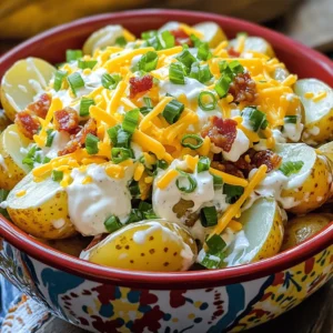 To make this loaded potato salad, you need: - 2 pounds baby potatoes, halved - 1 cup sour cream - 1/2 cup mayonnaise - 1 cup shredded sharp cheddar cheese - 6 strips crispy turkey bacon, crumbled - 1/2 cup green onions, finely chopped - 1/4 cup dill pickles, diced - 1 tablespoon Dijon mustard - 1 teaspoon garlic powder - Salt and pepper to taste The main stars of this dish are the baby potatoes and the creamy dressing. Baby potatoes are great because they are small and tender. They cook quickly and add a nice texture. Sour cream and mayonnaise create a rich, creamy base that balances flavors. The sharp cheddar cheese gives a wonderful taste, while crispy turkey bacon adds crunch. Green onions bring freshness, and dill pickles add a tangy kick. You can always make your potato salad special. Here are some fun ideas: - Add hard-boiled eggs for extra protein. - Use Greek yogurt instead of sour cream for a lighter option. - Swap out the cheddar for pepper jack cheese for a spicy twist. - Mix in roasted garlic for a deeper flavor. - Top with fresh herbs like parsley or dill for more color and taste. Feel free to experiment! You can find the Full Recipe for more details. Start by filling a large pot with water. Add a good amount of salt for flavor. Bring the water to a boil. Once boiling, carefully add the halved baby potatoes. Cook them for about 15 to 20 minutes. You want them fork-tender but still firm. Drain the potatoes and let them cool for a few minutes. While the potatoes cool, it’s time to make the dressing. Grab a large mixing bowl. Add the sour cream and mayonnaise. Then mix in the Dijon mustard, garlic powder, and a pinch of salt and pepper. Stir well until the dressing is smooth and creamy. This will give your salad a rich flavor. Once the potatoes are cool enough to touch, add them to the bowl with the dressing. Gently fold them in to coat each piece. Now it’s time to add the fun stuff! Sprinkle in the shredded cheddar cheese, crumbled turkey bacon, chopped green onions, and diced dill pickles. Stir everything together until well combined. Taste your salad and add more salt and pepper if needed. Cover the bowl with plastic wrap and chill it in the fridge for at least an hour. This helps the flavors blend. Before serving, give the salad a gentle stir. Feel free to top it with more bacon and green onions for a nice finish. Enjoy this delightful dish! For the complete list of ingredients and detailed instructions, check out the Full Recipe. To get the best texture in your loaded potato salad, start with baby potatoes. They cook evenly and taste great. Boil them until fork-tender but firm, about 15-20 minutes. If you overcook them, they can become mushy. Drain them well and let them cool. This keeps them from absorbing too much dressing. You want to serve loaded potato salad cold. Chill it in the fridge for at least one hour. This time helps the flavors mix well. If you serve it too warm, the dressing can become runny. A cold salad tastes crisp and refreshing. Seasoning is key to great flavor. Start with salt and pepper to taste. You can also add more garlic powder for a punch. Fresh herbs like dill or parsley can brighten the dish. If you want a kick, try a dash of hot sauce. These small tweaks make a big difference in taste. For the full recipe, check out the [Full Recipe]. {{image_2}} You can make your loaded potato salad a bit lighter. Try using Greek yogurt instead of sour cream. It adds creaminess and a nice tang. You can also use low-fat mayo for a healthier twist. Both options cut calories and add protein. Feel free to swap out the cheese. A mix of mozzarella and pepper jack gives a fun twist. If you like a strong flavor, try blue cheese or feta. For a vegan option, use dairy-free cheese. These changes keep the salad exciting and fresh. You can create themed potato salads too. For a BBQ twist, add grilled corn and smoked paprika. It gives a great smoky flavor. You could also mix in some barbecue sauce for an extra kick. Or, try adding cooked ham and sweet pickles for a southern flavor. Each theme can change the whole dish. Explore these ideas to find your favorite! For the full recipe, check out Loaded Potato Salad. To keep your loaded potato salad fresh, store it in an airtight container. Plastic or glass containers work well. Make sure to cover it tightly to prevent air from getting in. This helps maintain its creamy texture and flavor. Loaded potato salad can stay good in the fridge for about 3 to 5 days. After that, it may lose its taste. Always check for signs of spoilage, like a strange smell or discoloration. If you see these signs, it's best to throw it away. To enjoy it later, always label your container with the date you made it. Reheating loaded potato salad can be tricky. I recommend enjoying it cold, as it tastes best that way. If you must reheat, do it gently in the microwave. Use low power and stir every 30 seconds. This helps keep it creamy and delicious. Avoid high heat, which can make the potatoes mushy. For a fresh taste, consider adding a bit more sour cream or mayo after reheating. This can revive the flavors nicely. For the full recipe, check out the earlier section. Yes, you can make Loaded Potato Salad ahead of time. This dish is great for meal prep. Make it up to a day in advance. Just cover it and store it in the fridge. The flavors get better as it sits. You can use Greek yogurt instead of sour cream. It gives a nice tang and creamy texture. You can also try cottage cheese for a lighter option. Both substitutes work well in this recipe. To make Loaded Potato Salad gluten-free, check all your ingredients. Use gluten-free mayonnaise and mustard. Most baby potatoes are gluten-free, so you’re safe there. This way, everyone can enjoy this tasty dish. Loaded potato salad is a simple treat that blends taste and texture. I covered the main ingredients, the step-by-step instructions, and useful tips that can help you master this dish. You can easily customize it to fit your taste and needs, from healthier swaps to themed variations. Remember to store it properly for the best results. Try making it ahead of time or swapping ingredients to fit your diet. Enjoy crafting your version of this classic dish, making meals fun and easy.