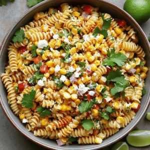 To make this tasty dish, you'll need: - 8 oz. rotini or fusilli pasta - 2 cups fresh corn kernels (or frozen, thawed) - 1 red bell pepper, diced - 1/2 cup red onion, finely chopped - 1/2 cup cilantro, chopped - 1 jalapeño, seeded and minced - 1/2 cup crumbled feta cheese (or cotija for authenticity) - 1/4 cup mayonnaise - 1/4 cup sour cream - Juice of 2 limes - 1 teaspoon chili powder - Salt and pepper to taste These ingredients bring flavors together and create a bright, fresh taste. The corn adds sweetness, while jalapeño gives a little heat. The creamy dressing binds everything nicely. You can enhance your salad with some fun extras, like: - Avocado for creaminess - Cherry tomatoes for extra color - Black beans for protein - Lime zest for a zesty kick Feel free to mix and match based on what you like or have at home. Experimenting is part of the fun! If you're missing an ingredient, don't worry! Here are some swaps you can try: - Use elbow macaroni instead of rotini. - Swap red onion for green onions for a milder taste. - Greek yogurt can replace sour cream for a lighter option. - If you can't find feta cheese, regular cheese works too. These substitutions keep the dish delicious and accessible. You can create your version while still capturing the essence of Mexican street corn. For the full recipe, be sure to check out the complete guide! Start by boiling water in a large pot. Add a pinch of salt to the water for flavor. Once the water is boiling, add 8 oz. of rotini or fusilli pasta. Cook until the pasta is al dente, which usually takes about 8 to 10 minutes. Drain the pasta in a colander and rinse it under cold water. This stops the cooking and cools the pasta down quickly. In a large skillet, heat over medium heat. Add 2 cups of fresh corn kernels. If you use frozen corn, make sure it is thawed first. Cook the corn for about 5 to 7 minutes. Stir the corn occasionally. You want to see some slight charring for that great flavor. Once done, remove it from the heat and let it cool. In a large bowl, combine the cooled pasta and the charred corn. Add in 1 diced red bell pepper, 1/2 cup of finely chopped red onion, 1 minced jalapeño, and 1/2 cup of chopped cilantro. Next, prepare the dressing. In a smaller bowl, whisk together 1/4 cup of mayonnaise, 1/4 cup of sour cream, the juice of 2 limes, 1 teaspoon of chili powder, and a pinch of salt and pepper. Pour this dressing over the pasta and veggies. Gently toss everything until it is well mixed. Finally, fold in 1/2 cup of crumbled feta cheese. Chill in the fridge for at least 30 minutes. Enjoy the fresh and flavorful taste! For the complete steps, check the Full Recipe. To get great flavor, start with fresh corn. If using frozen, thaw it completely. Heat your skillet over medium heat. Add the corn and let it sit still for a bit. This helps it char better. Stir every few minutes to get an even char. You want golden spots, not burnt pieces. Charred corn adds a sweet and smoky taste to your salad. Serve your pasta salad in a big bowl. Garnish it with fresh cilantro and lime wedges. A sprinkle of chili powder on top adds color and flavor. For a fun twist, use small cups for individual servings. This makes it easy for guests to grab a bite. Pair the salad with grilled chicken or fish for a complete meal. To boost the taste, add more lime juice and chili powder. A dash of cumin can also deepen the flavor. If you like it spicy, toss in more jalapeños. You can swap the feta for cotija cheese for an authentic touch. Don’t forget to taste as you go. Adjust salt and pepper to make it just right. For the full recipe, check the complete guide. {{image_2}} You can easily change up the veggies in your pasta salad. Try adding cherry tomatoes for a sweet burst. Zucchini can bring a nice crunch and color. Avocado adds creaminess and healthy fats. You can even toss in some black beans for extra fiber. These additions make the salad even more colorful and tasty! If you want to add protein, grilled chicken works great. Shrimp adds a fun twist and cooks quickly. For a plant-based option, try chickpeas or tofu. Each protein choice makes the salad more filling. You can mix and match based on your taste or dietary needs. While the classic dressing is creamy, you can try different styles. A tangy vinaigrette can lighten the dish. Use olive oil, vinegar, and herbs for a fresh flavor. You might also enjoy a yogurt-based dressing for a healthier twist. Each dressing option can change the mood of the salad while keeping it delicious. For the full recipe, check out the details above! You can store your Mexican street corn pasta salad in the fridge. Use an airtight container for best results. The salad stays fresh for about 3 to 5 days. Make sure to cover the salad well to keep it from drying out. I don’t recommend freezing this pasta salad. Freezing can change the texture of the pasta and veggies. They may become mushy when thawed. It's best to enjoy this dish fresh for the best taste. To keep your leftovers fresh, store them in the fridge right after serving. If you notice the salad getting dry, add a little more lime juice or dressing. This will help restore flavor and moisture. Enjoy the bright flavors for several days! For the full recipe, check out the previous sections. Mexican street corn, or elote, is a popular snack in Mexico. It features grilled corn on the cob topped with creamy sauce, cheese, chili powder, and lime. The flavors burst in your mouth, offering a sweet and savory experience. In our pasta salad, we capture these same flavors using fresh corn and zesty ingredients. Pasta salad can last in the fridge for 3 to 5 days. Store it in an airtight container to keep it fresh. After a day or two, you may need to add a splash of lime juice or a bit of dressing to revive its flavors. Yes, you can prepare this salad ahead of time. Making it a few hours before serving allows the flavors to blend well. You can also make it the night before. Just store it in the fridge, and it will taste even better the next day! You can serve this pasta salad with grilled meats, like chicken or steak. It pairs well with tacos or burritos for a full meal. For a lighter option, enjoy it with a fresh green salad. You can also add chips or a spicy salsa on the side for extra crunch. Check out the Full Recipe for more ideas! This blog post covered how to make Mexican Street Corn Pasta Salad. We discussed key ingredients and tips for cooking pasta and preparing corn. You learned how to assemble the salad and customize it with tasty variations. Storage tips ensure your leftovers stay fresh. Remember, this dish is easy to make. It brings bold flavors and fun to any meal. Try making it for your next gathering; it will impress your friends! Enjoy your cooking journey!