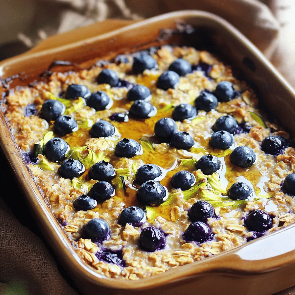To make Zucchini Blueberry Baked Oatmeal, you will need some simple ingredients. Here’s a list to help you gather everything you need: - 2 cups rolled oats - 1 medium zucchini, grated - 1 cup blueberries (fresh or frozen) - 2 cups almond milk (or any milk of choice) - 1/4 cup maple syrup (or honey) - 2 teaspoons baking powder - 1 teaspoon cinnamon - 1/2 teaspoon salt - 1/4 cup chopped walnuts or pecans (optional) - 1 teaspoon vanilla extract These ingredients work together to create a dish that is both tasty and nutritious. The oats provide fiber and help keep you full. Zucchini adds moisture and a hidden veggie boost. Blueberries are sweet and packed with antioxidants. Maple syrup gives just the right amount of sweetness. Adding nuts like walnuts or pecans adds a nice crunch and healthy fats. You can easily find most of these items at your local grocery store. For the full recipe, check out the details above and enjoy cooking! - Preheat the oven to 350°F (175°C). - Grease a 9x9-inch baking dish or line it with parchment paper. - Combine the rolled oats, baking powder, cinnamon, and salt in a big bowl. - In another bowl, whisk together almond milk, maple syrup, and vanilla extract until mixed well. - Pour the wet mixture into the dry ingredients and mix until combined. - Transfer the mix into the prepared baking dish and spread it evenly. - Bake for 30-35 minutes, or until the top is golden brown. A toothpick should come out clean when inserted. - Once baked, let it cool for 5-10 minutes before slicing into squares. You can find the full recipe with all details in the main article for more fun ideas! To get the best texture, start by grating the zucchini well. This helps it blend smoothly into the oats. If the zucchini is chunky, it can make the oatmeal uneven. When your dish is baking, use a toothpick to check if it is done. Insert the toothpick in the center; it should come out clean. When it's time to serve, drizzle some maple syrup on top. You can also add a handful of extra blueberries for a fresh touch. For a creamy boost, garnish with Greek yogurt or a scoop of nut butter. This makes each bite even more delicious. To add more fiber, think about using whole grain oats. You can also toss in some seeds like chia or flax for a nutrient boost. These small changes make your dish even healthier without losing flavor. For more ideas, check out the Full Recipe. {{image_2}} You can easily change the taste of your Zucchini Blueberry Baked Oatmeal. Try adding other fruits like apples or raspberries for a new twist. Each fruit brings its own flavor. You can also mix in spices like nutmeg or ginger. These spices add warmth and depth. They make your baked oatmeal even more inviting. If you have dietary needs, you can adjust the recipe. Substitute almond milk with coconut or oat milk if you prefer. This change can give the dish a different flavor. For a low-sugar option, use agave syrup or stevia. These sweeteners work well and keep it tasty. Toppings can make your baked oatmeal special. Experiment with different nuts or seeds for added crunch. Walnuts or almonds add a nice texture. You can also top it with a sprinkle of granola. This adds a delightful crunch and makes your dish look beautiful. For the full recipe, check out the Zucchini Blueberry Baked Oatmeal recipe above. Store leftovers in an airtight container in the fridge for up to 5 days. This keeps them fresh and tasty. I love to grab a piece for breakfast on busy mornings. Freeze portions for up to 3 months for easy breakfasts. You can cut them into squares and place them in freezer bags. This way, you have a quick meal ready whenever you want. Reheat in the microwave or oven until warmed through. I usually microwave for about 1-2 minutes. If using the oven, warm at 350°F (175°C) for 10-15 minutes. This brings back the flavor and makes it nice and cozy. Yes, you can prepare it ahead of time. Just store it in the fridge. This makes breakfast easy. You can bake it in the morning or heat it later. To make it gluten-free, use certified gluten-free oats. This ensures you avoid gluten. Most oats are safe, but checking labels helps. You can use many fruits in this recipe. Apples, bananas, and peaches work well. They add different flavors and textures. Feel free to mix your favorites. This recipe is naturally vegan. Just use plant-based milk and a vegan sweetener. Almond milk works great, and maple syrup is perfect. Enjoy a delicious vegan breakfast with ease. For the full recipe, check out the details above. This baked oatmeal recipe blends oats, zucchini, and blueberries for a tasty dish. You can easily customize it with different fruits and toppings. It’s a simple, healthy option for breakfast or snacks. You can store leftovers in the fridge or freezer for quick meals. Whether you enjoy it fresh or reheated, you'll love the flavor and ease of this dish. Now, get cooking and enjoy a delicious treat that’s good for you!