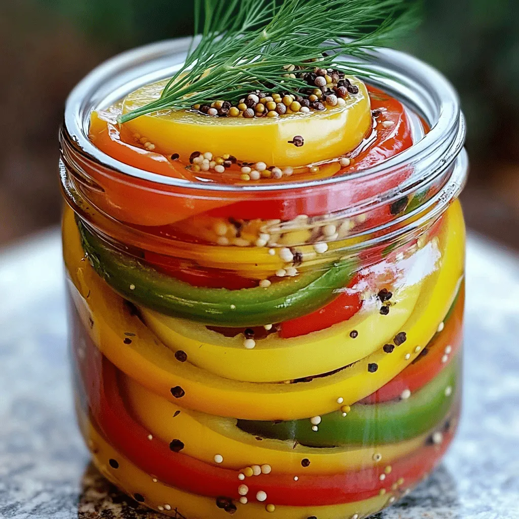 For this recipe, I like to use small bell peppers. They come in many colors like red, yellow, and green. If you want some heat, you can try other pepper types, such as jalapeños or banana peppers. Each type gives a unique taste and spice level. The pickling liquid is what makes these peppers flavorful. Here are the main ingredients: - 4-5 small bell peppers (a variety of colors), sliced - 1 cup apple cider vinegar - 1 cup water - 2 tablespoons sugar - 1 tablespoon salt Each of these ingredients works together to create a sweet and tangy brine. The seasonings add extra zing to the pickled peppers. Here’s what you need: - 1 teaspoon mustard seeds - 1 teaspoon black peppercorns - 1 teaspoon garlic powder - 1/2 teaspoon crushed red pepper flakes (optional for heat) These spices enhance the flavor and give the peppers a pleasant crunch. You can always adjust the spices to suit your taste. Once you have all your ingredients ready, you can check out the Full Recipe for the complete steps to make these easy pickled peppers! Start by washing your bell peppers under cold water. This step gets rid of dirt and germs. Next, remove the stems and cut the peppers in half. Scoop out the seeds using a spoon. Slice the peppers into rings or strips, based on what you like. I love using a mix of colors for a fun look! Grab a medium saucepan and combine your apple cider vinegar, water, sugar, salt, mustard seeds, black peppercorns, garlic powder, and crushed red pepper flakes. Heat the mixture over medium heat. Stir it gently until the sugar and salt dissolve completely. This process usually takes about 5 minutes. Once it simmers, take it off the heat and let it cool for about 10 minutes. Now it’s time to fill your clean jars. Pack the sliced peppers tightly in the jars, but don’t squish them. Leave a bit of space at the top. After that, pour the cooled pickling brine over the peppers. Make sure they are completely submerged. Seal the jars with lids tightly. Let them cool to room temperature before placing them in the fridge. For the best flavor, wait at least 24 hours before enjoying your delicious pickled peppers. They will stay fresh in the fridge for up to 2 weeks. To make your pickled peppers even better, think about adding more spices. Try adding: - 1 teaspoon of coriander seeds for a citrus touch. - 1 teaspoon of cumin for warmth. - A few whole cloves for a sweet note. Using fresh herbs like dill also boosts flavor. Toss in some sprigs while packing the jars. Dill adds a fresh taste and smells great! A colorful display makes your pickled peppers pop! Here’s how to create a feast for the eyes: - Use peppers of different colors: red, yellow, and green. - Layer the peppers in jars, alternating colors for a vibrant look. Serve them in a clear glass bowl. This way, guests can see the bright colors. You can also garnish with fresh dill sprigs on top. It adds a lovely touch! Safety is key when pickling. Always sterilize your jars before use. Here are some steps: - Wash jars and lids in hot, soapy water. - Rinse well and then place them in a pot of boiling water for 10 minutes. This keeps your pickled peppers safe to eat. Also, make sure to use clean utensils when handling the peppers. This prevents any unwanted germs in your jars. Following these tips keeps your pickled peppers fresh and tasty! {{image_2}} You can change the heat of your pickled peppers with simple swaps. Start by using spicier peppers like jalapeños or serranos instead of sweet bell peppers. These add a nice kick! If you want more heat, you can also adjust the crushed red pepper flakes. Just add more or less based on your taste. Changing the flavor of your pickled peppers is easy. You can add herbs like oregano or thyme for a fresh twist. Spices like coriander seeds or cumin can also work well. You might try using different liquids too. Rice vinegar brings a milder taste, while white vinegar gives a sharper flavor. Experiment with what you like best! Pickled peppers are great for many dishes. You can add them to sandwiches for a crunchy bite. They brighten up salads with their color and tang. Try them on tacos or in grain bowls for extra flavor. The options are endless! For more ideas on how to use your pickled peppers, check out the Full Recipe. To keep your pickled peppers fresh, store them in the fridge. This is the best way to maintain flavor and crunch. Use clean, sterilized jars to prevent spoilage. After you make the zesty quick pickled peppers, let them cool to room temperature. Then, seal the jars with lids securely. Your peppers will stay fresh for up to two weeks in the fridge. If you want to keep your pickled peppers longer, consider canning them. Canning can make your peppers shelf-stable. Follow safe canning practices to avoid spoilage. Use the hot water bath method for best results. Make sure to use clean jars and lids. Label your jars with the date, so you know when you made them. Always check your pickled peppers before eating. If you see mold or off smells, it's time to toss them. Also, if the brine looks cloudy, that can be a sign of spoilage. If the texture becomes mushy or slimy, do not eat them. Trust your senses; they are the best tools for keeping your food safe. Pickled peppers last about 2 weeks in the fridge. The vinegar helps keep them fresh. After you open them, always check for signs of spoilage. If they smell off or have a strange color, it’s best to throw them away. You can reuse pickling brine, but be careful. Make sure it has no food bits left in it. Strain the brine after use, and store it in the fridge. Use it within a week to keep things safe. Reusing brine works best for quick pickles, not for long-term storage. The best peppers for pickling are small bell peppers. They are sweet and crisp. You can also use jalapeños for some heat. Other options are banana peppers or pepperoncini. Choose a mix for a fun flavor and color. Each type adds its own taste to your pickles. You've learned how to make delicious pickled peppers. We explored fresh peppers, brine, and spices. I shared step-by-step instructions for making and storing your pickles safely. With tips for flavor, visual appeal, and safety, you can create tasty variations. Enjoy your pickled peppers on sandwiches or as appetizers. Remember, proper storage helps keep them fresh. Happy pickling!