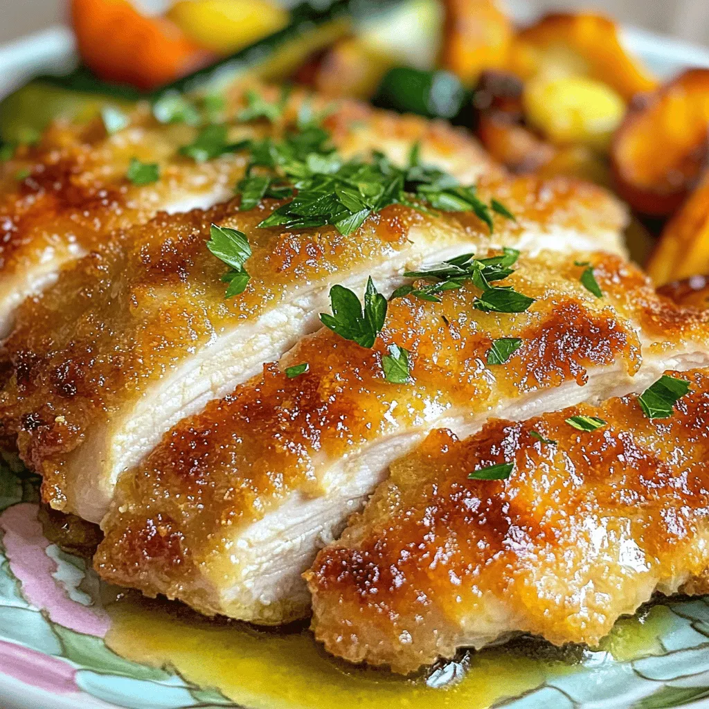 To make this dish, you need simple ingredients. Here’s what you will need: - 4 boneless, skinless chicken breasts - 1/2 cup buttermilk - 1 tablespoon Dijon mustard - 1 teaspoon garlic powder - 1 teaspoon onion powder - 1 teaspoon smoked paprika - 1 teaspoon salt - 1/2 teaspoon black pepper - 1/4 cup all-purpose flour - 1/4 cup cornstarch - 3 tablespoons unsalted butter - Fresh parsley, chopped (for garnish) These ingredients work together to create a juicy, flavorful chicken that melts in your mouth. You can add a few more ingredients for a fun twist. Consider these options: - Lemon juice for brightness - Honey for sweetness - Fresh herbs like thyme or rosemary - Chili powder for heat These extras can enhance the taste and make the dish your own. Pair your chicken with great sides. Here are some ideas: - Roasted vegetables like carrots and broccoli - A light salad with mixed greens and vinaigrette - Creamy mashed potatoes for comfort - Quinoa or rice for a healthy option These sides will complete your meal and balance the flavors. For the full recipe, check out the detailed cooking instructions. To start, gather your ingredients. You will need buttermilk, Dijon mustard, garlic powder, onion powder, smoked paprika, salt, and black pepper. In a bowl, whisk these together. This mix will add flavor and moisture to the chicken. The buttermilk helps tenderize the meat, making it juicy and delicious. This step is key for the best melt-in-your-mouth chicken. Next, take your chicken breasts and place them in the marinade. Make sure each piece is well-coated. This helps infuse the flavors deep into the chicken. Cover the bowl and place it in the fridge. Aim to marinate for at least one hour. If you have time, let it sit overnight. The longer it marinates, the better the flavor. Now, preheat your oven to 375°F (190°C). While it heats, prepare a shallow dish with flour and cornstarch. After marinating, take the chicken out and shake off extra marinade. Dredge each piece in the flour mix. This creates a crispy outer layer. In an oven-safe skillet, melt the butter over medium heat. Once hot, add the chicken breasts. Cook each side for about 4-5 minutes until golden brown. This step locks in the flavors. After browning, transfer the skillet to the oven. Bake for 15-20 minutes. You want the chicken cooked through and tender. Once done, let it rest for a few minutes. This helps keep the juices inside. For a complete meal, serve the chicken on a nice plate. You can drizzle any buttery juices on top and add some chopped parsley for color. Enjoy your melt-in-your-mouth chicken! For the full recipe, refer to the details above. To make your chicken super tender, marinate it in buttermilk overnight. The acidity in buttermilk breaks down proteins, making the meat soft. You can also use yogurt for a similar effect. Always let the chicken rest after cooking. This helps keep the juices inside. The best way to cook chicken is to sear it first. Heat your skillet until it's hot. Add butter and then the chicken. Sear each side for about 4-5 minutes. After that, bake it in the oven at 375°F (190°C). This method locks in flavor and moisture. Use a meat thermometer, and aim for 165°F (74°C) for safe eating. For extra flavor, try adding herbs like rosemary or thyme to the marinade. Lemon juice can also brighten up the taste. If you want a bit of heat, add cayenne pepper or chili flakes. You can swap out Dijon mustard for honey mustard for a sweeter touch. To explore more options, check the Full Recipe. {{image_2}} You can make this dish even better with herbs. Fresh herbs add bright flavors. Try rosemary, thyme, or basil. Simply chop the herbs finely and mix them into the marinade. This adds a fresh twist and keeps the chicken juicy. You can also use dried herbs if fresh ones are not available. Just remember to use less, as dried herbs are stronger. Grilling and baking both bring their own charm to this dish. Grilling gives a smoky flavor that many love. It creates nice grill marks and a crispy exterior. To grill, follow the same marinade and coating steps. Then, place the chicken on a hot grill for about 6-7 minutes on each side. Baking, as in the original recipe, is simple and hands-off. You get a tender and moist chicken without much fuss. If you prefer, you can even try broiling for a faster cooking time. Just keep an eye on it to avoid burning. If you love spice, you can add a kick to your chicken. Mix cayenne pepper or red pepper flakes into the marinade. Start with a small amount and adjust to your taste. You can also use spicy mustard instead of Dijon. Another fun idea is to serve the chicken with a spicy sauce on top. This adds both flavor and heat, making your meal exciting. For the full recipe, check out the details above. After making Melt in Your Mouth Chicken Breast, you may have leftovers. Store the chicken in an airtight container. Make sure to cool it to room temperature first. This helps keep it fresh longer. The chicken will last about 3 to 4 days in the fridge. If you want to keep it longer, consider freezing. When you’re ready to eat the leftovers, reheating is key. Preheat your oven to 350°F (175°C). Place the chicken in an oven-safe dish. Add a splash of chicken broth or water to keep it moist. Cover the dish with foil to trap in steam. Heat for about 15 to 20 minutes. This keeps the chicken tender and juicy. You can also use a microwave, but it may dry the chicken out. If you use the microwave, heat it in short bursts, checking often. To freeze the chicken, wrap each piece tightly in plastic wrap. Then place them in a freezer bag for extra protection. Label the bag with the date. The chicken can stay in the freezer for up to 3 months. When you’re ready to eat it, thaw it in the fridge overnight. This helps maintain the chicken’s texture and flavor. For the best experience, reheat it using the oven method mentioned above. Enjoy your tender chicken again! You should marinate the chicken for at least one hour. For the best results, let it sit overnight. This time allows the flavors to soak in well. The buttermilk helps keep the chicken tender and juicy. Yes, you can use chicken thighs. They are richer in taste and often more juicy. Thighs have more fat, which makes them less likely to dry out. Just keep in mind that cooking times may vary slightly. Perfectly cooked chicken should be firm to the touch but not hard. The juices should run clear when you cut into it. A good internal temperature is 165°F (74°C). If you use a meat thermometer, it will help you avoid overcooking. You learned about making melt-in-your-mouth chicken breast. We covered key ingredients and side dishes for balance. I shared steps for marinating and cooking the chicken to perfection. You now have tips for tenderness and flavor. Explore variations to make the dish your own. Storage and reheating methods ensure no chicken goes to waste. Remember to ask questions if you're unsure, like how to know when it's done. Enjoy your cooking!