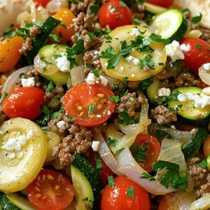 To make a tasty Mediterranean ground beef stir fry, gather these key items: - 1 lb ground beef - 1 medium onion, diced - 2 cloves garlic, minced - 1 bell pepper, sliced (red or yellow) - 1 zucchini, sliced - 1 cup cherry tomatoes, halved - 1 teaspoon dried oregano - 1 teaspoon ground cumin - 1/2 teaspoon smoked paprika - 2 tablespoons olive oil - Salt and pepper to taste These ingredients create a great mix of flavors and textures. You can make the dish even better by adding some extras: - Fresh parsley, chopped (for garnish) - Feta cheese, crumbled (optional) - Pita bread or couscous (for serving) Adding feta cheese gives a creamy touch. Fresh parsley adds color and freshness. Serve your stir fry warm. You can put it over pita bread or fluffy couscous. For an extra kick, add a side of tzatziki sauce. This cool sauce complements the warm, savory dish perfectly. You can also pair it with a light salad for a complete meal. If you want the full recipe, check out the details above! To start, gather all your ingredients. You will need: - 1 lb ground beef - 1 medium onion, diced - 2 cloves garlic, minced - 1 bell pepper, sliced (red or yellow) - 1 zucchini, sliced - 1 cup cherry tomatoes, halved - 1 teaspoon dried oregano - 1 teaspoon ground cumin - 1/2 teaspoon smoked paprika - 2 tablespoons olive oil - Salt and pepper to taste - Fresh parsley, chopped (for garnish) - Feta cheese, crumbled (optional) - Pita bread or couscous (for serving) Make sure to wash and cut the vegetables first. This makes cooking easier. Now, take a large skillet and heat the olive oil over medium-high heat. When the oil is hot, add the diced onion. Cook it for about 3-4 minutes until it turns clear. Next, stir in the minced garlic. Cook for another 30 seconds until you smell its nice aroma. Add the ground beef to the skillet. Break it apart with your spatula as it cooks. Keep cooking until it is brown, about 5-7 minutes. If there’s too much fat, drain some out. Then, add the sliced bell pepper and zucchini. Stir these in and cook for another 4-5 minutes until they soften. After that, add the cherry tomatoes, oregano, cumin, smoked paprika, salt, and pepper. Mix everything well and cook for an extra 3 minutes. This lets the tomatoes soften and release their juices. Once everything is cooked, taste it. Adjust the seasoning if you need to. Remove the skillet from heat. Now, it’s time for the fun part! Garnish your dish with fresh parsley and crumbled feta cheese if you like. You can serve the Mediterranean ground beef stir fry over warm pita bread or fluffy couscous. For extra flavor, pair it with some tzatziki sauce. Enjoy your meal! For full details on making this dish, check the Full Recipe. To cook ground beef well, use medium-high heat. This heat helps it brown nicely. Break the beef apart with a spatula as it cooks. This ensures even cooking. Drain any excess fat after browning. It keeps the stir fry light and tasty. Add herbs like oregano and spices like cumin. These bring a fresh taste to the dish. Fresh garlic and onion add depth. Use good-quality olive oil for cooking. It makes a big difference in flavor. Toss in cherry tomatoes at the end. Their sweetness brightens the whole dish. Do not overcook the beef; it should stay juicy. Avoid using too many spices at once. This can mask the fresh flavors. Don't forget to taste as you cook. Adjust seasoning to fit your preference. Lastly, watch the cooking time for veggies. They should be tender but still crisp. For the full recipe, check the details above. {{image_2}} If you want to switch it up, try using ground turkey or chicken. Both options are leaner than beef. They offer similar flavors but with less fat. You can follow the same steps in the recipe. Just remember to cook them until they are fully browned. This will keep the dish tasty and light. For a vegetarian or vegan option, consider using lentils or chickpeas. These options pack a lot of protein and fiber. You can sauté them just like the beef in the full recipe. Add extra vegetables for more flavor and nutrients. Try using mushrooms for a meaty texture or tofu for a protein boost. Feel free to change the seasonings to fit your taste. You can add a pinch of red pepper flakes for heat. If you love citrus, a squeeze of lemon juice adds freshness. Fresh herbs like basil or mint can elevate the flavor. You might also try different spices, like coriander or turmeric. Experimenting with flavors makes the dish uniquely yours. To store your Mediterranean ground beef stir fry, let it cool first. Then, place it in an airtight container. Make sure to cover it tightly. This keeps the flavors fresh and prevents spills. If you want to save space, use a flat container. It helps the stir fry cool faster. When you’re ready to eat, you can reheat the stir fry easily. Use a skillet over medium heat. Add a splash of water or olive oil to keep it moist. Stir often for even heating. You can also use a microwave. Heat it in short bursts, stirring in between. This way, it warms up evenly. Your stir fry will last in the fridge for about 3 to 4 days. If you want to keep it longer, consider freezing it. In the freezer, it can last up to 3 months. Just remember to label the container with the date. This helps you keep track of freshness. To make this recipe gluten-free, simply choose gluten-free pita bread or couscous. You can also use rice as an alternative. Always check labels on packaged foods to ensure they are gluten-free. This way, you can enjoy the stir fry without any worries. Yes, you can freeze this stir fry! Allow it to cool completely before placing it in an airtight container. It keeps well for up to three months in the freezer. When ready to eat, thaw it in the fridge overnight. Then, reheat it on the stove or in the microwave. Some great side dishes for this stir fry include: - Tzatziki sauce for dipping - Greek salad with cucumbers and olives - Roasted vegetables like eggplant or asparagus - A side of warm pita bread These sides add more flavor and texture to your meal. If you don’t have feta cheese, try using goat cheese or ricotta for a different flavor. You can also leave out the cheese for a lighter dish. Another option is to use a dairy-free cheese if you prefer a vegan meal. This article shared the key ingredients for Mediterranean Ground Beef Stir Fry, including optional add-ins. You learned step-by-step instructions to prepare and cook it. We also discussed cooking techniques and common mistakes to avoid. Variations let you customize with different proteins or flavorings. For storage, proper methods ensure freshness and flavor. Follow these tips for great results. Now, you are ready to make a delicious meal that everyone will enjoy. Happy cooking!