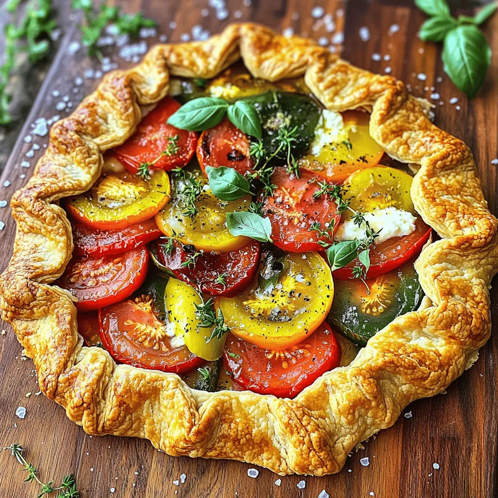 To make a delicious heirloom tomato galette, gather these key ingredients: - 2 cups all-purpose flour - 1/2 teaspoon salt - 1/2 cup unsalted butter, cold and cubed - 6-8 tablespoons ice water - 4-5 medium heirloom tomatoes, sliced (various colors if possible) - 1 cup fresh ricotta cheese - 1/2 cup grated Parmesan cheese - 2 tablespoons fresh basil, chopped - 1 tablespoon fresh thyme, chopped - 1 tablespoon olive oil - Freshly cracked black pepper to taste - Sea salt for sprinkling Each ingredient plays a big role in flavor and texture. The flour and butter create the flaky crust. The heirloom tomatoes bring freshness and color. The cheeses add creaminess and depth. Choose heirloom tomatoes for their rich taste and unique shapes. Some of my favorites include: - Brandywine: Sweet and meaty, great for layering. - Cherokee Purple: Juicy and flavorful, adds depth. - Green Zebra: Tart and colorful, adds fun contrast. - Black Krim: Earthy and rich, great for variety. Using different colors and types makes your galette pop. The mix of flavors will impress your guests. Want to take your galette up a notch? Consider these optional extras: - A splash of balsamic vinegar for tang. - A sprinkle of crushed red pepper for heat. - A few olives for a briny bite. - Sliced garlic for a savory kick. These additives can enhance the flavor and make your galette even more special. Experiment and find your favorite combination! For the full recipe, check the section above. To start, grab a large bowl. Mix 2 cups of all-purpose flour with 1/2 teaspoon of salt. Cut in 1/2 cup of cold, cubed unsalted butter. Use your fingers or a pastry cutter to blend until it looks like coarse crumbs. Then, slowly add 6-8 tablespoons of ice water. Add it one tablespoon at a time. Stop when the dough holds together but isn’t sticky. Shape the dough into a disk, wrap it in plastic, and chill it for at least 30 minutes. While your dough chills, preheat the oven to 400°F (200°C). In a medium bowl, mix 1 cup of fresh ricotta cheese and 1/2 cup of grated Parmesan cheese. Add 2 tablespoons of chopped fresh basil and 1 tablespoon of chopped fresh thyme. Drizzle in 1 tablespoon of olive oil and season with freshly cracked black pepper. Stir until smooth, then set it aside. On a floured surface, roll out your chilled dough into a large circle, about 1/8 inch thick. Carefully move the dough to a parchment-lined baking sheet. Spread the ricotta mixture over the dough, leaving a 2-inch border. Layer 4-5 medium heirloom tomato slices on top of the cheese. Pleat the edges of the dough over the tomatoes. Drizzle a little olive oil and sprinkle sea salt and black pepper on top. Bake for 35-40 minutes. The galette should be golden brown and the tomatoes lightly caramelized. Let it cool slightly, slice, and enjoy your delicious creation. For detailed directions, refer to the Full Recipe. To get the best crust, keep your ingredients cold. Use cold butter and ice water. Mix until you see coarse crumbs. Do not overwork the dough; it should be flaky. Chill the dough for at least 30 minutes. This helps the fat firm up. Roll it out gently on a floured surface. Aim for a thickness of about 1/8 inch. When layering heirloom tomatoes, use a mix of colors. This makes your galette look stunning. Start with a layer of cheese. Place the tomato slices on top, slightly overlapping them. This allows each slice to shine. Use different varieties for unique flavors and textures. Sprinkle a bit of sea salt on the tomatoes. This enhances their natural taste. Serve the galette warm or at room temperature. Present it on a rustic wooden board. Garnish with fresh herbs to add color. A drizzle of balsamic reduction offers a sweet touch. Pair with a light salad for a complete meal. Enjoy it with a glass of chilled white wine for a perfect match. {{image_2}} You can switch up the cheese in your galette. If you want a creamier texture, try using goat cheese. It adds a tangy taste. Feta cheese is another great choice. It gives a salty flavor that pairs well with tomatoes. You can also use a mix of cheeses. This adds more depth to the dish. Feel free to add more vegetables to your galette. Zucchini slices or bell peppers work great. They add color and taste. You can also mix in herbs like oregano or dill. This gives your galette a fresh twist. Try using different herbs each time. You can make a new flavor each time you bake! To make your galette vegan, replace the cheese. Use a dairy-free ricotta made from nuts. You can make it at home or buy it. Use vegan butter in the crust. This will keep the texture rich and flaky. Don't forget to add your favorite veggies and herbs for extra flavor. Enjoy a delicious plant-based meal! For the full recipe, check out the Delicious Heirloom Tomato Galette section. Leftover galette can be stored easily. First, let it cool completely. Then, place it in an airtight container. You can also wrap it in plastic wrap. Store it in the fridge for up to 3 days. This keeps the flavors fresh and tasty. To reheat, preheat your oven to 350°F (175°C). Place the galette on a baking sheet. Heat it for about 10-15 minutes. This way, the crust stays crisp. You can also use a microwave if you're in a hurry. Just heat it for one minute, but the crust may not be as good. Freezing is a great option for future meals. First, let the galette cool completely. Then, wrap it tightly in plastic wrap. After that, place it in a freezer bag. It can last up to 3 months in the freezer. When you're ready to eat, thaw it in the fridge overnight before reheating. This keeps the taste and texture just right. Yes, you can use other tomatoes. While heirloom tomatoes shine in flavor, you can swap them with Roma or vine-ripe tomatoes. These types offer a good taste and hold up well in the oven. Just remember to slice them evenly. This will help them cook properly and look nice in your galette. The galette is done when it turns golden brown. Check if the crust looks crisp and the tomatoes bubble slightly. You can also poke a fork into the filling; if it's hot and soft, you’re ready to serve. A good tip is to watch the edges closely. They should look flaky and browned. This galette pairs well with a simple salad. A mix of greens, like arugula or spinach, adds freshness. You can also serve it with a light vinaigrette for extra flavor. If you want a heartier meal, pair it with grilled chicken or fish. A glass of white wine could enhance the whole experience. You can find the full recipe for this delicious heirloom tomato galette earlier in this article. It guides you step-by-step to create a perfect dish. Enjoy cooking! This blog post covered how to make a delicious heirloom tomato galette. We discussed key ingredients, like the best tomatoes and optional flavors. You learned step-by-step directions for dough, filling, and baking. I shared tips for the perfect crust and serving ideas. You also explored variations, storage tips, and answered common questions. Making this galette is simple and rewarding. Enjoy your cooking and share your tasty creations!