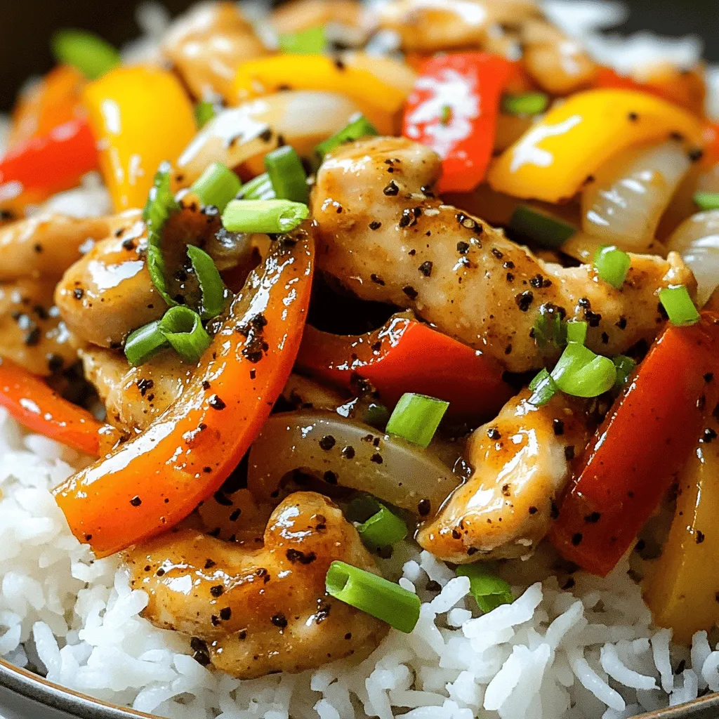 To make this savory dish, you need: - 500g chicken breast, sliced into thin strips - 2 tablespoons black pepper, freshly cracked - 1 tablespoon cornstarch - 3 tablespoons soy sauce - 1 tablespoon oyster sauce (optional) - 2 tablespoons vegetable oil - 1 bell pepper (any color), sliced - 1 onion, sliced - 3 cloves garlic, minced - 1 teaspoon ginger, minced - 1 tablespoon sesame oil - 2 green onions, chopped (for garnish) - Cooked jasmine rice (to serve) These ingredients come together to create a deliciously spicy and savory meal. The black pepper adds a kick, while the soy sauce gives it depth. You can add a few items to boost the flavor: - Fresh herbs like cilantro or basil - Red pepper flakes for extra heat - A splash of rice vinegar for tang - Toasted sesame seeds for crunch These extras can make your dish even more special. Feel free to mix and match based on what you like! To make a complete meal, pair your Black Pepper Chicken with: - Steamed jasmine rice - Stir-fried vegetables - A light salad with a citrus dressing - Egg noodles for a different twist Each side will complement the chicken well. Enjoy your meal with family or friends! For the full recipe, check the section above. To start, you need to marinate the chicken. In a bowl, take 500g of sliced chicken breast. Add 2 tablespoons of freshly cracked black pepper, 1 tablespoon of cornstarch, 3 tablespoons of soy sauce, and 1 tablespoon of oyster sauce if you like. Mix it well. Let it sit for at least 20 minutes. This step makes the chicken juicy and flavorful. After marinating, heat a large skillet or wok over medium-high heat. Pour in 2 tablespoons of vegetable oil and wait until it shimmers. Add the marinated chicken in a single layer. Cook for about 4-5 minutes, stirring occasionally. You want the chicken to turn brown and be cooked through. Once done, remove it from the skillet and set it aside. In the same skillet, add your sliced bell pepper and onion, along with 3 cloves of minced garlic and 1 teaspoon of minced ginger. Stir-fry these for about 3-4 minutes. You want them to be tender but still crisp. This adds nice texture and flavor to your dish. Now, take the cooked chicken and return it to the skillet with the veggies. Pour in 1 tablespoon of sesame oil. Stir everything together for about 1-2 minutes. This helps combine all the flavors. Once done, remove it from the heat. Garnish with chopped green onions. Now you have a savory dish ready to serve over jasmine rice. For the full recipe, check out our detailed instructions for Zesty Black Pepper Chicken! To cook chicken well, start with the right cut. Use chicken breast for a lean option. Slice it thin for quick cooking. Marinate the chicken for at least 20 minutes. This helps to add flavor and tenderness. When you cook, use medium-high heat. This keeps the chicken juicy. Avoid overcrowding the pan, as this can steam the chicken. Cook it in batches if needed. Meal prep makes cooking easy. Start by cutting all your ingredients first. This saves time when you start cooking. You can also marinate the chicken the night before. Store it in the fridge for added flavor. Chop your veggies ahead of time too. Keep them in airtight containers to stay fresh. When you are ready to cook, everything will be easy to grab. Serve Black Pepper Chicken over jasmine rice. The rice soaks up the sauce well. You can also add some steamed broccoli or snap peas for extra color. Top the dish with green onions for a fresh crunch. A sprinkle of sesame seeds adds nice flavor and looks great. For a spicy kick, serve with chili flakes on the side. For the complete Zesty Black Pepper Chicken recipe, check the Full Recipe section. {{image_2}} To add heat to your dish, use more black pepper. You can also add chili flakes or fresh chilies. This will give your Black Pepper Chicken a spicy kick. Adjust the amount to fit your taste. For a fiery twist, try mixing in some sriracha or hot sauce. This makes the dish exciting and full of flavor. Don’t be afraid to experiment. If you prefer a vegetarian meal, swap out the chicken for tofu or tempeh. These options soak up flavors well. Use the same marinade for a delicious taste. You can also add more vegetables like mushrooms or zucchini. This helps create a colorful and tasty dish. For a hearty option, use chickpeas or lentils. They add protein and keep you full. For a saucier dish, increase the soy sauce and oyster sauce. You can also add a bit of broth. This creates a rich sauce that coats the chicken and veggies. If you like a sweet and savory mix, try adding a dash of honey or brown sugar. This balances the flavors nicely. Pour the sauce over jasmine rice for a complete meal. You can find the full recipe for Zesty Black Pepper Chicken to guide you through this process. To keep your Black Pepper Chicken fresh, place it in an airtight container. Make sure it cools first before sealing. Store it in the fridge. It can last for up to 3 days in the fridge. Label the container with the date. This helps you track how long it has been stored. When you are ready to eat your leftovers, reheat them on the stove. Heat a pan over medium heat. Add a splash of water or oil to prevent sticking. Stir the chicken regularly for even heating. You can also use the microwave. Place the chicken in a safe dish, cover it, and heat for 1-2 minutes. Check that it is warm throughout before serving. If you want to save the dish for later, freezing is a great option. Let the chicken cool completely first. Then, transfer it to a freezer-safe container. Make sure to remove as much air as possible. This helps prevent freezer burn. Black Pepper Chicken can last up to 3 months in the freezer. When you are ready to eat it, thaw it in the fridge overnight before reheating. For the full recipe, check out the Zesty Black Pepper Chicken . If you need a soy sauce swap, try tamari or coconut aminos. Both options taste great and work well in this recipe. Tamari is gluten-free. Coconut aminos is milder and slightly sweeter. If you want a quick fix, mix water with a bit of salt and a splash of vinegar. This can mimic the salty flavor of soy sauce. Yes! You can use chicken thighs, pork, or beef. Just cut the meat into thin strips. Each meat will give a different taste. If you want to go plant-based, use tofu or tempeh. They soak up flavors nicely and will taste amazing with the black pepper sauce. To change the spice level, you can add more or less black pepper. Start with one tablespoon if you want it milder. If you love heat, add some crushed red pepper flakes or diced chili peppers. Taste as you go, so you find your perfect balance. Black Pepper Chicken comes from Asian cuisine, especially popular in Chinese and Thai dishes. It highlights the bold flavor of black pepper, making the chicken shine. The dish has a savory taste, showcasing how simple spices can create amazing meals. Yes, black pepper has many health perks. It can help with digestion and may improve nutrient absorption. The piperine in black pepper has antioxidant effects. It may also have anti-inflammatory benefits. Using black pepper in your meals can help boost your overall health. For the full recipe, check out Zesty Black Pepper Chicken . You'll find all the ingredients and steps to make this dish come alive in your kitchen! In this post, we explored the key ingredients, step-by-step instructions, and helpful tips for making Black Pepper Chicken. You learned about variations to try, how to store leftovers, and common questions. Black Pepper Chicken is easy and versatile. It offers many ways to adjust flavors and ingredients. Whether spicy or vegetarian, this dish fits your taste. Enjoy cooking and savoring every bite!