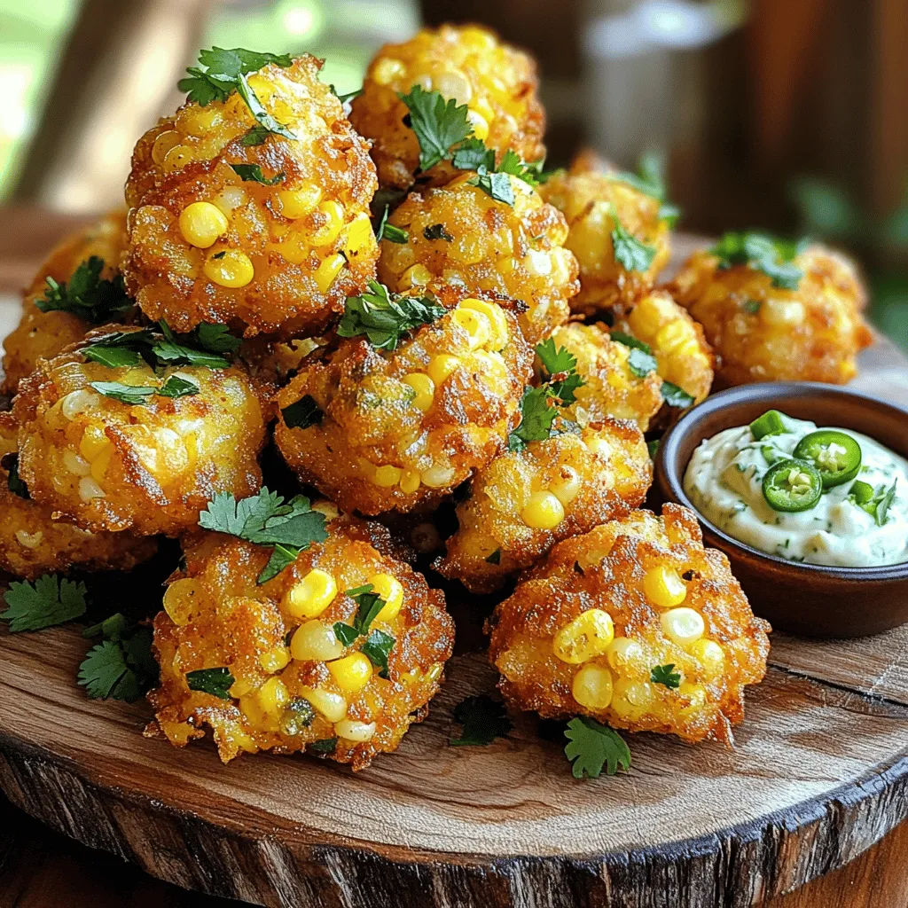 - 1 cup corn kernels (fresh or frozen) - 1/2 cup all-purpose flour - 1/4 cup cornmeal - 2 eggs, beaten - 1/2 teaspoon baking powder - 1 teaspoon chili powder - 1/2 teaspoon cumin - 1/4 teaspoon paprika - 1/4 teaspoon salt - 1/4 teaspoon black pepper - 1/3 cup diced jalapeños (fresh or pickled) - 1/4 cup chopped cilantro - 1/4 cup crumbled feta cheese (optional) - Oil for frying These simple ingredients pack a big punch of flavor. Corn kernels are the star here. They bring sweetness and texture. Flour and cornmeal give the bites a nice base. They help bind everything together. The eggs add richness and moisture. Spices like chili powder and cumin add heat and warmth. Jalapeños give an extra kick. You can use fresh or pickled, depending on your taste. Cilantro adds a fresh touch. If you like cheese, feta brings creaminess and saltiness. For frying, you’ll need enough oil to cover the bites. This ensures a crispy, golden finish. Each serving has about 200 calories. The bites are high in carbs and moderate in protein. Corn is high in fiber and vitamins. Jalapeños have vitamins A and C. They also boost metabolism. Cilantro adds antioxidants, while eggs provide healthy fats and protein. If you use feta, it adds calcium too. This recipe is not just tasty; it's also nutritious. You can enjoy these bites guilt-free! For the full recipe, check out the details above. 1. Mixing the dry ingredients Start with a large bowl. Add 1 cup of corn kernels, 1/2 cup of all-purpose flour, and 1/4 cup of cornmeal. Then, mix in 1/2 teaspoon baking powder, 1 teaspoon chili powder, 1/2 teaspoon cumin, 1/4 teaspoon paprika, 1/4 teaspoon salt, and 1/4 teaspoon black pepper. Stir until everything is well combined. 2. Incorporating wet ingredients Next, add 2 beaten eggs to the dry mix. Stir gently until just combined. Avoid over-mixing to keep the corn bites light and fluffy. 3. Method for frying corn bites Heat oil in a deep pan over medium heat. You need about 1 inch of oil for frying. Once the oil is hot, drop spoonfuls of the corn mixture into the oil. Fry in batches, making sure not to crowd the pan. Cook each side for about 3-4 minutes, or until golden brown and crispy. Use a slotted spoon to remove the corn bites and place them on paper towels to drain excess oil. - Prep time: 15 minutes - Cook time: 15 minutes - Servings: 4 This quick recipe gives you a tasty snack in just 30 minutes. You will love the crispy texture and spicy flavor of these bites! Check the Full Recipe for more details. To make your Spicy Mexican Corn Bites just right, you can adjust the spice levels. If you love heat, add more chili powder or jalapeños. For a milder taste, use less of both. This way, you can make the bites suit your taste buds. Texture is key for these bites. You want them crispy on the outside and soft inside. To achieve this, ensure your oil is hot enough before frying. If the oil is too cool, they will soak up oil and become greasy. Fry in small batches to keep the oil temperature steady. These corn bites shine when paired with tasty dips. I love serving them with spicy aioli for a kick. Salsa adds a fresh, tangy twist, while guacamole brings creaminess. Feel free to mix and match based on your mood! For creative serving ideas, think outside the box. Arrange the bites on a platter with dips in small bowls. You can also serve them in taco shells for fun finger food. Garnish with fresh cilantro or lime wedges for a pop of color. Try the Full Recipe to create your spicy snack today! {{image_2}} - Gluten-free options: Swap the all-purpose flour with a gluten-free blend. This makes the bites safe for those who can't have gluten. - Dairy alternatives: Replace crumbled feta cheese with a dairy-free cheese. This works well for vegans or those with dairy allergies. - Adding different herbs or spices: Try fresh basil or cilantro for a new twist. You can also mix in garlic powder for extra flavor. - Seasonal ingredient swaps: Use fresh corn in summer or sweet potatoes in fall. These ingredients keep the bites fresh and exciting all year round. You can find the full recipe above for the perfect base to start your variations! To keep your spicy Mexican corn bites fresh, store them in an airtight container. Place a paper towel at the bottom of the container. This helps absorb extra moisture. You can refrigerate them for up to 3 days. When you want to eat them, reheat them in a hot skillet. This keeps them crispy. Avoid using the microwave since it can make them soggy. Instead, heat them for about 2-3 minutes on each side. If you want to save some corn bites for later, freezing is a great option. First, let them cool completely. Then, place them in a single layer on a baking sheet. Freeze them for about 1-2 hours until firm. After that, transfer them to a freezer-safe bag or container. Remove as much air as possible. You can keep them in the freezer for up to 3 months. When ready to eat, bake them directly from the freezer. Heat the oven to 375°F (190°C) and cook for about 15-20 minutes until hot and crispy. How do I make Spicy Mexican Corn Bites in an oven? To bake these corn bites, preheat your oven to 400°F (200°C). Line a baking sheet with parchment paper. Then, scoop the corn mixture onto the baking sheet, spacing them apart. Bake for about 20 minutes or until golden and crispy, flipping them halfway through. Can I prepare the mixture ahead of time? Yes, you can prepare the mixture a few hours in advance. Store it in the fridge until you’re ready to fry or bake. Just remember to give it a good stir before cooking. What can I serve with Corn Bites for a complete meal? Pair your spicy corn bites with spicy aioli, salsa, or guacamole. For a complete meal, consider adding a fresh salad or tacos. These bites also work well as a side dish with grilled meats. Why are my corn bites falling apart? If your corn bites fall apart, it might be due to not enough binding. Ensure you mix the eggs well into the batter. Adding a bit more flour can also help them hold together better. How do I know when the oil is hot enough for frying? You can test the oil by dropping a small bit of the corn mixture into it. If it sizzles and bubbles, the oil is hot enough. If it sinks and does not bubble, let it heat for a bit longer. Suggestions from those who've made the recipe Many home cooks suggest adding extra spices, like garlic powder or onion powder, for more flavor. Some also recommend using fresh herbs for a brighter taste. Feedback on variations and serving ideas People love experimenting with different cheeses in the recipe. Try pepper jack or cheddar for a twist. A few users also enjoy serving the bites with fresh lime wedges for an extra zing. You now have a great recipe for Spicy Mexican Corn Bites. We covered key ingredients and their health benefits. I shared a step-by-step guide to make your cooking easy. Tips for storage and serving will help keep your bites fresh and tasty. Try different spices or serve with your favorite dips to make them your own. These corn bites are fun and simple to prepare. Enjoy experimenting and make these bites a hit at your next gathering!