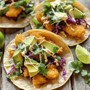 - 1 lb white fish fillets (tilapia or cod) - 1 cup all-purpose flour - 1 teaspoon paprika - 1 teaspoon garlic powder - 1 teaspoon cumin - ½ teaspoon black pepper - ½ teaspoon salt - 1 cup buttermilk (or plain yogurt) - Vegetable oil (for frying) - 8 small corn tortillas - 1 cup red cabbage, finely shredded - 1 avocado, sliced - ½ cup fresh cilantro, chopped - 1 lime, cut into wedges - ¼ cup spicy crema (sour cream mixed with hot sauce) I love using fresh, white fish like tilapia or cod for these tacos. They are mild in flavor and fry up nicely. You can use other fish if you want, but I find these two work best. I mix the all-purpose flour with spices like paprika, garlic powder, and cumin. These spices give the fish a great taste. The buttermilk helps the batter stick to the fish. You can also use plain yogurt if you prefer. Vegetable oil is key for frying. It gets hot and helps the fish become crispy. For toppings, I use shredded red cabbage for crunch, creamy avocado for richness, and fresh cilantro for brightness. A squeeze of lime juice adds a tangy finish. The spicy crema gives a nice kick to the tacos. This blend of ingredients makes for the best fish tacos. For the full recipe, check the detailed instructions. 1. Rinse and Cut the Fish Fillets: Start by rinsing your fish fillets in cold water. Pat them dry with paper towels. Cut the fish into bite-sized pieces. This size helps them cook evenly. 2. Seasoning the Fish and Mixing the Batter: Lightly season the cut fish with salt and black pepper. In a separate bowl, mix the flour, paprika, garlic powder, cumin, and salt. This mix adds great flavor and crunch to your fish. 1. Frying the Fish Until Golden: Heat about half an inch of vegetable oil in a large skillet over medium-high heat. Once the oil is hot, dip each piece of fish into buttermilk, letting the excess drip off. Next, coat the fish with the flour mix. Carefully add the fish to the hot oil, frying until golden brown. This should take about three to four minutes on each side. 2. Warming the Tortillas: While the fish cooks, warm your corn tortillas in a separate pan. Place them over medium heat for about 30 seconds on each side. This makes them soft and easy to fold. 1. Layering the Fried Fish and Toppings: Once the fish is golden and crispy, it’s time to assemble! Place a few pieces of fried fish on each warm tortilla. Top with shredded red cabbage, avocado slices, and fresh cilantro. Drizzle some spicy crema over the top and squeeze a little lime juice for that fresh kick. Now you have a tasty fish taco ready to enjoy! For the complete recipe, check out the Full Recipe section. Selecting the right fish for frying Choose fresh, white fish like tilapia or cod. These fish have mild flavors and a nice texture. They fry well and stay moist inside. Look for fillets that are firm and without strong odors. Freshness is key for great taste. How to achieve the ideal crispy texture To get that perfect crunch, use cold buttermilk for coating. It helps the batter stick better. Mix flour with spices like paprika and garlic powder for added flavor. When frying, keep the oil hot but not smoking. This helps the fish cook evenly and become golden brown. Fry in small batches to avoid steaming. Let the fish drain on paper towels after frying. Best sides to complement fish tacos Fish tacos pair well with fresh sides. Try a simple corn salad or black bean salad. You could also serve tortilla chips with salsa for a crunch. Adding a side of lime wedges brightens the meal. Pairing drinks with taco meals A light drink works best with fish tacos. Think about serving a crisp lager or a refreshing margarita. For a non-alcoholic option, try a limeade or sparkling water with lime. These drinks enhance the flavors of your meal. {{image_2}} You can use many types of fish for tacos. Each fish brings a unique taste. I love using tilapia or cod because they fry up nicely. However, you can try these options: - Mahi-mahi: This fish has a firm texture and sweet flavor. - Snapper: It offers a mild taste and works well with spices. - Salmon: Rich in flavor, salmon gives a nice twist. - Catfish: This fish has a unique flavor and crisps up well. By switching fish, you can explore new flavors and keep things exciting! Toppings can change your tacos from good to great. Here are some fun ideas to try: - Mango salsa: Fresh mango with lime, onion, and cilantro adds sweetness. - Pineapple salsa: Chopped pineapple mixed with jalapeños gives a spicy kick. - Pickled onions: They add a tangy crunch that brightens each bite. - Chipotle crema: A mix of sour cream and chipotle sauce gives a smoky flavor. Feel free to mix and match these toppings to create your perfect taco. If you need a gluten-free option, it's easy to make some swaps. Instead of flour, use these alternatives: - Corn flour: This works well and keeps the batter light. - Almond flour: It adds a nutty flavor and is great for frying. - Rice flour: This option creates a crispy texture that you will love. Make sure your tortillas are also gluten-free. Most corn tortillas are safe, but always check the label. Enjoy tasty fish tacos without worry! For the complete recipe, check out the Full Recipe. To keep your fish tacos fresh, store them properly. First, separate the fish from the tortillas and toppings. This helps keep them crisp. Place the fish in an airtight container. Use parchment paper to separate layers if needed. Store the tortillas in a plastic bag or wrap them in foil. The cabbage and other toppings should go in separate containers. This keeps them fresh for up to two days in the fridge. Reheating fish tacos can be tricky. To keep the fish crispy, use an oven. Preheat the oven to 350°F (175°C). Place the fish on a baking sheet. Heat for about 10 minutes or until warm. For tortillas, wrap them in a damp paper towel. Microwave for 20-30 seconds. This helps them stay soft and warm. Avoid using the microwave for the fish. It can make it soggy and lose its crunch. Enjoy your tacos like they were freshly made! Don't forget to check the Full Recipe for more details! The best fish for tacos is white fish. Options like tilapia or cod work well. These fish are mild and flaky. They absorb flavors well and fry beautifully. Yes, you can prep some parts ahead. Marinate the fish for extra flavor. You can also prepare the toppings in advance. Store them in the fridge until you need them. Just remember to fry the fish fresh for the best taste. To make fish tacos healthier, choose grilled fish instead of fried. You can also use whole grain tortillas. Swap sour cream for Greek yogurt to cut fat. Add more veggies like lettuce or tomatoes for crunch and color. You can find great fish tacos at local food trucks and restaurants. Check out spots with good reviews online. Ask friends for their favorite places. Some popular chains also serve tasty fish tacos, so you might want to explore those too. For a delicious recipe to try at home, check out the Full Recipe. Now you know how to make the best fish tacos. You’ve learned about the key ingredients. You understand the simple steps to prepare, cook, and assemble them. I also shared tips for perfect texture and serving ideas. Explore variations and healthy options to suit your taste. Remember to store any leftovers properly to keep the flavor alive. With this guide, you can enjoy delicious fish tacos anytime. Happy cooking!