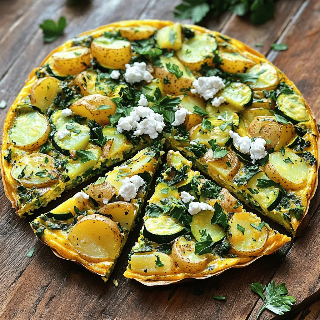 To make a delicious garden frittata with goat cheese and potatoes, you need simple, fresh ingredients. Here’s what you’ll need: - 4 large eggs - 1 cup spinach, chopped - 1 medium potato, peeled and diced - 1 small zucchini, diced - 1/2 red bell pepper, diced - 1/2 cup goat cheese, crumbled - 1/4 cup milk - 1 small onion, diced - 2 tablespoons olive oil - Salt and pepper to taste - Fresh herbs (like parsley or chives) for garnish These ingredients blend together to create a colorful dish. The eggs form a fluffy base, while the vegetables add flavor and nutrition. The goat cheese gives it a creamy touch. Together, they make a meal that is both tasty and satisfying. When picking your vegetables, look for fresh options. Organic produce often tastes better and is good for the earth. The goat cheese should be soft and crumbly, adding a rich flavor to your frittata. You can find this recipe in the [Full Recipe] section for complete details. Set your oven to 400°F (200°C). This step is key for a fluffy frittata. In a skillet, heat 1 tablespoon of olive oil over medium heat. Add the diced potato and cook for 5-7 minutes. Stir it often. You want the potato to be golden and tender. Next, add the diced onion and bell pepper. Sauté them for 3-4 minutes until they soften. Then, stir in the zucchini and chopped spinach. Cook until the spinach wilts, about 2 minutes. Season with salt and pepper to taste. In a mixing bowl, whisk together 4 large eggs and 1/4 cup of milk until blended. Gently fold in half of the goat cheese. This adds a creamy flavor to the frittata. Pour the egg mixture over the sautéed vegetables in the skillet. Cook on the stovetop for 2-3 minutes until the edges set. Sprinkle the rest of the goat cheese on top. Transfer the skillet to the oven and bake for 10-12 minutes. Look for the frittata to puff up and the center to set. Remove it from the oven, let it cool for a few minutes, and slice into wedges. Garnish with fresh herbs. For the full recipe, check out the earlier section. When making a garden frittata, fresh vegetables make a big difference. Look for vibrant colors. Choose firm and unblemished produce. Spinach should be bright green, and zucchini should be smooth. The potato must feel heavy for its size. Fresh herbs like parsley or chives add flavor and beauty. Always wash your veggies well before use. This ensures they are clean and ready to shine in your dish. Your frittata will taste better with quality ingredients. The egg mixture is key to a fluffy frittata. Use large eggs for the best texture. Whisk them well with milk until frothy. This adds air, making the frittata light. For added flavor, fold in half of the goat cheese into the egg mix. This creates pockets of creamy goodness in every bite. Don’t forget to season the mixture with salt and pepper. Taste it before cooking to ensure it’s just right. The right blend makes a big difference in your dish's final taste. Baking times can vary based on your oven. I recommend checking the frittata around the 10-minute mark. Look for puffiness and a set center. If it’s jiggly in the middle, give it more time. Keep an eye on it to avoid overcooking. The edges should be golden brown. If you use a larger skillet, you may need to adjust the bake time. Remember, every oven is different, and a little patience goes a long way. Enjoy the process, and your frittata will turn out great! {{image_2}} You can make your garden frittata even better by adding more greens. Kale and Swiss chard work great. They boost the flavor and add nutrition. Just chop them up and toss them in with the other veggies. Using different cheeses can also change the taste. Feta gives a tangy kick, while cheddar adds a sharp flavor. Both melt well and blend nicely with the eggs. Mix and match to find your favorite combo. This frittata pairs well with crusty bread or a fresh salad. The bread soaks up any extra flavors. A light salad adds a crisp touch. Both options make for a delightful meal. You can serve this dish at brunch, lunch, or dinner. It’s perfect for family gatherings or casual get-togethers. Everyone loves a slice of frittata, and it looks great on the table. For the full recipe, check out the instructions above to create your own delicious garden frittata with goat cheese and potatoes! To keep your garden frittata fresh, let it cool first. Then, slice it into wedges. Place the slices in an airtight container. Store them in the fridge. They will last for about 3-4 days. For the best taste, eat your leftovers within the first two days. When you're ready to enjoy your frittata again, I recommend reheating it in the oven. Preheat your oven to 350°F (175°C). Place the slices on a baking sheet. Heat for about 10-15 minutes. This method keeps the frittata soft and tasty. You can also use the microwave for quick reheating. Just cover it with a damp paper towel and heat for 30-60 seconds. If you want to save your frittata for later, freezing works well. Wrap each slice in plastic wrap. Then, place them in a freezer bag. Make sure to remove as much air as you can. Your frittata can stay frozen for up to 2 months. When you want to eat it, thaw it overnight in the fridge before reheating. Enjoy your delicious garden frittata anytime! For the full recipe, check out the earlier sections. Yes, you can make this frittata ahead of time. Cook it fully, then let it cool. Store it in the fridge for up to three days. When you're ready to eat, you can warm it in the oven or microwave. It tastes great even after a day or two! If you want to swap goat cheese, try feta cheese for a tangy flavor. Cream cheese works well too, giving a creamy texture. For a milder taste, use ricotta. Each cheese will change the frittata's flavor but will still be delicious! To cut the frittata neatly, let it rest for a few minutes before slicing. Use a sharp knife or a pizza cutter for clean edges. Wipe the knife between cuts to avoid sticking. This way, you get nice, even slices. You can tell the frittata is done when it puffs up and the center is set. A toothpick inserted should come out clean. If it jiggles too much, give it a few more minutes in the oven. It should be firm yet moist. For the full recipe, check out the Garden Frittata with Goat Cheese & Potatoes. This frittata recipe uses fresh vegetables, cheese, and eggs for a tasty meal. You learned how to cook it step-by-step and discovered tips for making it better. You can easily switch up the ingredients to fit your taste or occasion. Lastly, I showed you how to store and reheat leftovers. Enjoy this simple dish that is full of flavor and good for any time!