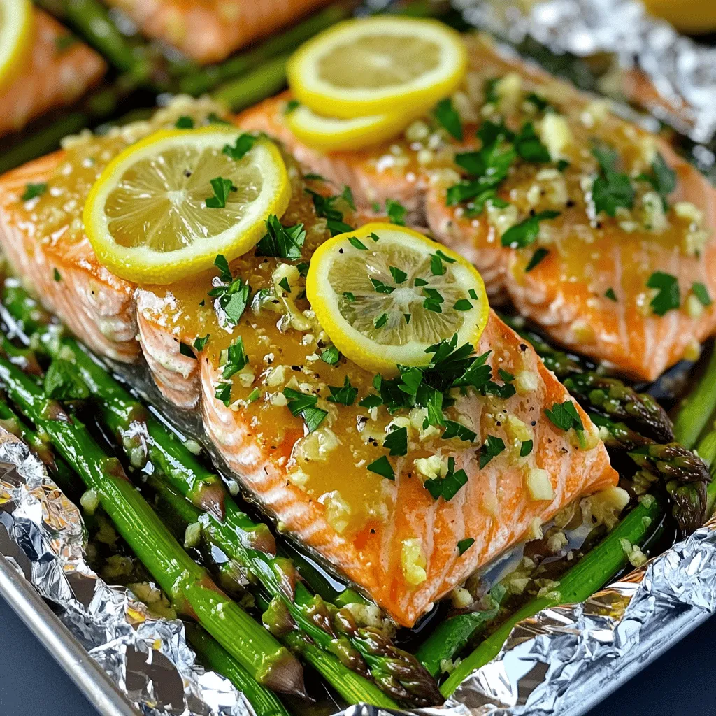 - 2 salmon fillets (6 oz each) - 1 bunch of asparagus, trimmed - 2 tablespoons olive oil - 4 tablespoons unsalted butter, melted - 3 cloves garlic, minced - Juice of 1 lemon - Zest of 1 lemon - Salt and pepper to taste - Fresh parsley, chopped (for garnish) - Lemon slices for serving When I create baked salmon in foil, I focus on fresh, simple ingredients. The salmon fillets are the star. They are rich and buttery, perfect with a squeeze of lemon. Asparagus adds a nice crunch and a pop of color. I use olive oil to keep everything moist. For the sauce, I mix melted butter with minced garlic and lemon juice. The zest adds a fresh, bright flavor. This sauce pulls the dish together. Finally, I season with salt and pepper. The fresh parsley at the end brings a nice touch. Lemon slices on the side make it look beautiful. You can find all these ingredients in the [Full Recipe]. First, preheat your oven to 400°F (200°C). This will ensure that the salmon cooks evenly. Next, take a large sheet of aluminum foil, about 16 inches long. Lay it flat on your counter. This foil will hold in all the flavors and moisture. Now, place the salmon fillets right in the center of the foil. Make sure they sit nicely without overlapping. Next, take your trimmed asparagus. Arrange the asparagus around the salmon, spreading them out to give them room to cook. This setup allows the flavors to blend beautifully. In a small bowl, whisk together the melted butter, minced garlic, lemon juice, and lemon zest. Add olive oil, salt, and pepper to taste. This sauce is key to infusing flavor. Once you mix it well, drizzle the lemon garlic butter sauce generously over the salmon and asparagus. Each bite will burst with flavor. Fold the edges of the foil together tightly. This creates a sealed packet that keeps in steam and flavor. Make sure it’s closed well. Then, place your foil packet on a baking sheet. Bake it in the preheated oven for 15-20 minutes. The salmon should flake easily when it’s done. When the baking time is up, carefully open the foil packet. Watch out for steam as it escapes! Finally, garnish your dish with freshly chopped parsley and lemon slices. This adds a pop of color and freshness to the meal. For the full recipe, check the detailed instructions. For the best baked salmon, cook it for 15 to 20 minutes at 400°F (200°C). This time keeps the fish tender. To check if it's done, look for the flesh to turn opaque and flake easily with a fork. If you have a digital thermometer, aim for an internal temperature of 145°F (63°C). This ensures your salmon is safe and tasty. To take your salmon to the next level, play with the seasoning. Try adding a pinch of smoked paprika for a warm taste. You can also swap garlic for shallots for a sweeter profile. Fresh herbs like dill or thyme work great too. Chop them finely and sprinkle them on before sealing the foil. If you want a quicker option, try an air fryer. It cooks the salmon in about 10 to 15 minutes while keeping it moist. Alternatively, you can grill the salmon in a foil packet. This method adds a nice char flavor. For foil packet tips, ensure you seal it tightly. This traps steam and keeps the salmon juicy. A small slit on top allows some steam to escape but keeps moisture in. {{image_2}} You can switch out asparagus for other veggies. Broccoli or green beans work great. Zucchini and bell peppers also add nice color and taste. If you want a bit of sweetness, try adding carrots or cherry tomatoes. These add texture and make your dish even more colorful. Using fresh herbs can change the game. Dill, thyme, or basil can brighten up your salmon. You can also add parsley for a fresh touch. If you like heat, sprinkle in some red pepper flakes. For a bold twist, try cumin or smoked paprika. These spices give your dish a unique taste that impresses. If you follow a keto or low-carb diet, this recipe is easy to adapt. Just swap the butter for olive oil or avocado oil. You can also skip the added salt if you want a low-sodium option. This still gives you tasty salmon without the extra sodium. For the full recipe, check out the Baked Salmon Delight. To keep your baked salmon fresh, use airtight containers. Glass or plastic containers work well. Store the salmon and asparagus together. This keeps the flavors intact. You can keep them in the fridge for up to three days. After that, the taste and quality may drop. When reheating, you want to keep your salmon moist. The best method is the oven. Preheat your oven to 275°F (135°C). Place the salmon in a baking dish and cover it with foil. This helps trap steam and keeps the salmon juicy. You can also use the microwave, but it may dry out the fish. If you choose this method, heat it in short bursts. Check every 30 seconds to avoid overcooking. You can freeze cooked salmon for later. Wrap it tightly in plastic wrap, then place it in a freezer bag. This helps prevent freezer burn. You can keep it frozen for up to three months. To thaw, place the salmon in the fridge overnight. If you need it faster, you can use the microwave on the defrost setting. Just be careful not to start cooking it during the thawing process. For the full recipe, check out the Baked Salmon Delight section. Bake salmon for 15-20 minutes at 400°F (200°C). Check for doneness by flaking the fish with a fork. If it flakes easily, it is ready. For thicker fillets, add a few extra minutes. Always ensure the salmon reaches an internal temperature of 145°F (63°C) for safety. Yes, you can use frozen salmon! Just make sure to thaw it properly. Place the frozen fillets in the fridge overnight. You can also run them under cold water for about an hour. When using frozen salmon, increase the baking time by 5-10 minutes. Baked salmon pairs well with a variety of sides. Here are some great options: - Rice or quinoa for a hearty base - A fresh salad for crunch and brightness - Roasted potatoes for a comforting side - Grilled or steamed vegetables for added color and nutrients Yes, you can prepare this recipe ahead of time. Assemble the salmon and asparagus in the foil and keep it in the fridge. When ready to cook, just pop it in the oven. For reheating, place leftovers in the oven at 350°F (175°C) for about 10-15 minutes. This keeps the salmon moist and tasty. Check out the Full Recipe for more details! In this article, we explored how to bake salmon perfectly, highlighting key ingredients like salmon, asparagus, and a tasty lemon garlic butter sauce. We walked through easy steps, from prepping the oven to baking and garnishing. I shared tips for perfecting your salmon, enhancing flavors, and suitable cooking methods. Remember, you can customize this dish with different veggies and herbs. Whether for a weeknight meal or a special occasion, baked salmon is a winner. Enjoy your cooking adventure and the delicious results!