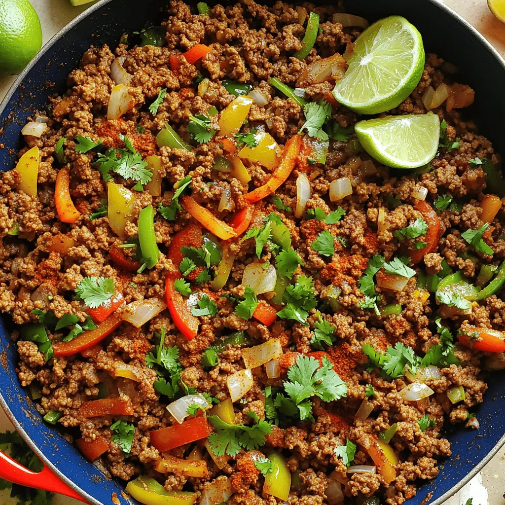 - 1 lb ground beef (or ground turkey for a lighter option) - 1 tablespoon olive oil - 1 small onion, finely chopped - 3 cloves garlic, minced - 1 bell pepper, diced (any color) - 1 teaspoon chili powder - 1 teaspoon cumin - 1 teaspoon smoked paprika - ½ teaspoon oregano - ½ teaspoon cayenne pepper (adjust to taste) - Salt and pepper to taste - 1 cup beef broth (or vegetable broth) - 1 tablespoon tomato paste - Fresh cilantro, chopped (for garnish) - Lemon or lime wedges (for serving) This recipe gives you all the flavors you crave in a taco. You can choose ground beef or turkey for your base. Both options work well. I love using beef, as it adds a rich taste. The olive oil helps to sauté the vegetables and brings everything together. Chopping onions and bell peppers adds crunch and sweetness. The garlic gives depth to the dish. The right mix of spices is key for flavor. Chili powder, cumin, and smoked paprika create warmth. Oregano adds earthiness, while cayenne brings a kick. Adjust the cayenne for your spice level. Broth adds moisture and richness, making the meat juicy. Tomato paste thickens the sauce and enhances the color. Fresh cilantro on top adds brightness. Serving with lemon or lime wedges gives you a zesty finish. Gather all these ingredients for the ultimate taco meat. Follow the full recipe for easy cooking steps and enjoy a tasty meal! 1. Heat the oil: Start by heating 1 tablespoon of olive oil in a large skillet over medium heat. This step is key. It helps cook the onions and peppers evenly. 2. Sauté the veggies: Add the chopped onion and bell pepper to the skillet. Cook them for about 5 minutes. You want them to soften. Stir occasionally to prevent burning. 3. Add garlic: Next, stir in 3 minced garlic cloves and cook for 1 minute. Garlic adds a great aroma and flavor. 4. Brown the meat: Now, add 1 pound of ground beef or turkey. Break it up with a spatula. Cook for 6 to 8 minutes until it’s browned. If there’s extra fat, drain it. This keeps your taco meat leaner. 5. Season the meat: Sprinkle in the spices: 1 teaspoon each of chili powder, cumin, and smoked paprika, plus ½ teaspoon each of oregano and cayenne pepper. Add salt and pepper to taste. Stir well so the meat is coated in spices. 6. Add broth and tomato paste: Pour in 1 cup of beef broth and 1 tablespoon of tomato paste. Stir to mix everything. Bring the mixture to a boil, then reduce the heat to low. 7. Simmer for flavor: Let it simmer for 10 to 15 minutes. This step helps the flavors blend and the sauce thicken. Stir occasionally to keep it from sticking. 8. Taste and adjust: After simmering, taste your taco meat. If you want more heat, add more cayenne pepper. Don’t be shy about adjusting the seasonings! 9. Rest the meat: Remove the skillet from heat. Let it sit for a few minutes. This resting time allows the flavors to meld together nicely. 10. Serve it up: Enjoy your taco meat in warm taco shells or tortillas. Garnish with fresh cilantro and serve with lemon or lime wedges for a tasty twist. Following these steps will give you taco meat that’s full of flavor. For the complete details, check out the Full Recipe. Enjoy cooking! To boost the flavor of your taco meat, spice adjustments can make a big difference. If you like heat, add more cayenne pepper. If you want depth, try adding some chili flakes or chipotle powder. These spices pack a punch and enhance the taste. You can also mix in extra ingredients for variety. For example, add corn for sweetness or black beans for protein. Diced tomatoes can add freshness, while a splash of lime juice brightens the flavor. You can even toss in some jalapeños if you enjoy spicy food. When cooking taco meat, avoid common pitfalls. One mistake is not browning the meat well. Good browning adds depth to the flavor. Also, be careful not to overcook the garlic. It can turn bitter quickly. Lastly, remember to taste as you go. Adjust the seasoning to suit your palate. For the full recipe, check out the Ultimate Taco Meat Fiesta. {{image_2}} You can switch up the meat in your taco recipe. Use shredded chicken or ground turkey for a lighter meal. Both options taste great and keep the dish fresh. If you want more plant-based options, try using lentils or black beans. They add great flavor and nutrition. Beans and lentils also make the tacos hearty without the meat. Taco shells come in many styles. You can use soft tortillas or crunchy shells based on your taste. Serve the taco meat with fresh toppings like lettuce, tomatoes, or cheese. You can also add avocado or salsa for extra flavor. If you have leftovers, mix the taco meat into a salad or a burrito bowl. You can also use it to make nachos. Just layer chips, cheese, and the taco meat, then bake until hot. This way, you can enjoy your taco meat in different ways! To keep your taco meat fresh, store it in an airtight container. This helps prevent moisture loss and keeps flavors intact. Let the meat cool down before sealing it up. Place it in the fridge if you plan to eat it within three to four days. If you want to save it for later, freezing is a great option. Divide the meat into portions. Use freezer-safe bags or containers. Press out any air before sealing. Label them with the date. You can freeze taco meat for up to three months. When it’s time to enjoy your leftovers, reheating properly is key. The best method is to use a skillet. Heat over medium-low heat. Add a splash of water or broth to keep it moist. Stir occasionally until heated through. This keeps your taco meat juicy and full of flavor. You can also use the microwave. Place the meat in a microwave-safe dish. Cover it with a damp paper towel to trap steam. Heat in short bursts, stirring in between, until warm. This method is quick and easy, but it might not keep the meat as juicy as the skillet method. You can use ground turkey or chicken. Both provide a lighter option. You can also try crumbled tofu or tempeh for a plant-based choice. These options still give you great flavor and texture. To adjust spice levels, add more or less cayenne pepper. For mild flavor, reduce it to ¼ teaspoon. If you like heat, add a bit more. You can also include fresh jalapeños or hot sauce to kick it up a notch. Yes! You can make this taco meat ahead of time. Cook it and let it cool. Store it in an airtight container in the fridge for up to three days. You can also freeze it for up to three months. When ready, just reheat before serving. Great toppings enhance your taco experience! Try fresh cilantro, diced tomatoes, or sliced avocados. Shredded cheese and sour cream are also popular. Don't forget lime wedges for a zesty touch. For extra crunch, add lettuce or tortilla strips. You can mix and match based on your taste! For the full recipe, check out the Ultimate Taco Meat Fiesta. This post laid out how to make tasty taco meat. We covered key ingredients, step-by-step methods, and helpful tips. You learned how to enhance flavors and switch up proteins for variety. Plus, we discussed storing and reheating leftovers for another meal. Remember, the magic is in fresh ingredients and the right spices. Use this guide to impress at your next meal. Get cooking and enjoy your flavorful dish!