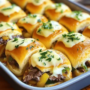 - 12 slider rolls - 1 lb beef sirloin, thinly sliced - 1 medium onion, thinly sliced - 1 medium bell pepper, thinly sliced (any color) - 8 oz provolone cheese, sliced - 2 tablespoons olive oil - 2 teaspoons garlic powder - Salt and pepper to taste - 2 tablespoons unsalted butter, melted - 1 tablespoon fresh parsley, chopped (for garnish) These ingredients create a delicious base for your Philly cheesesteak sliders. The beef sirloin gives a rich flavor, while the onion and bell pepper add sweetness and crunch. Provolone cheese melts beautifully, making each bite creamy. The olive oil and seasonings enhance the overall taste, ensuring every slider is a hit. When choosing your ingredients, opt for fresh and high-quality items. This choice makes a big difference in flavor. You can find the full recipe for detailed steps to prepare these sliders perfectly. Enjoy the process, and remember, cooking is all about having fun in the kitchen! 1. Preheat oven and prepare the skillet: Start by preheating your oven to 350°F (175°C). This temperature will help create a nice, warm environment for your sliders. While the oven heats, grab a large skillet. 2. Cooking the beef sirloin: In the skillet, add 2 tablespoons of olive oil over medium-high heat. Once hot, add 1 pound of thinly sliced beef sirloin. Sprinkle 2 teaspoons of garlic powder, along with salt and pepper to taste. Cook the beef for about 4-5 minutes until it turns a nice brown color. 3. Sautéing vegetables: Next, add 1 medium onion and 1 medium bell pepper, both thinly sliced, to the skillet. Sauté them for 5-7 minutes. You want the veggies soft and the beef fully cooked. This mix brings great flavor to your sliders. 1. Layering the bottom half of the rolls: Grab 12 slider rolls and slice them in half horizontally. Place the bottom halves in a greased baking dish. Make sure they fit snugly. 2. Adding beef and cheese: Evenly spread the beef and vegetable mix over the bottom halves of the rolls. Then, layer 8 ounces of provolone cheese on top. This cheese melts beautifully and adds a rich taste. 1. Covering and initial bake time: Cover your baking dish with aluminum foil. Place it in the preheated oven and bake for 15 minutes. This step keeps the sliders moist. 2. Final baking to melt cheese: After 15 minutes, remove the foil. Bake for an additional 5-7 minutes until the cheese is bubbly and the tops of the sliders are lightly toasted. This step makes them golden and appetizing. Now, you're ready to enjoy your Philly Cheesesteak Sliders. For the complete details, refer to the Full Recipe. To make your Philly Cheesesteak Sliders taste great, use the right seasonings. A mix of garlic powder, salt, and pepper works wonders. You can also add a pinch of paprika for a hint of smokiness. Focus on fresh ingredients to build flavor. Choosing the right cheese is key. Provolone cheese melts beautifully and adds a creamy taste. You can also try whiz or mozzarella for different flavors. Each cheese brings its own taste and texture, so feel free to experiment. For soft and crispy rolls, use fresh slider rolls. Lightly toast them in the oven before adding your filling. This step adds a nice crunch. If you prefer a softer bite, skip the toasting. To avoid soggy sliders, layer cheese on top of the meat mixture. This creates a barrier that keeps moisture in check. You can also bake them covered for a bit, then uncover to let them crisp up. Keep an eye on them to reach that perfect golden color. These tips will help you create sliders that are both tasty and fun! For the full recipe, check out the link. {{image_2}} You can play with the cheese in your sliders. Provolone is classic, but try mozzarella or cheddar for a twist. Each cheese brings a unique taste. If you love cheese, add more layers. Mix different kinds for a rich flavor. A blend of provolone and mozzarella gives a gooey texture. Want something different? Use chicken or turkey instead of beef. Thinly slice the meat and cook it just like beef. For a vegetarian version, swap meat for mushrooms or eggplant. You can also use plant-based meat. These swaps keep your sliders tasty and fun. Dipping sauces make sliders even better. Try ranch, BBQ, or hot sauce for extra flavor. Serve with crispy fries or a fresh salad on the side. Pick sides that balance the richness of the sliders. This makes each bite a delight. To keep your Philly cheesesteak sliders fresh, store them in the fridge. Place them in an airtight container. You can also wrap them in plastic wrap for extra protection. This method helps prevent drying out. If you have a lot, separate layers with parchment paper. This keeps them from sticking together. Use leftover sliders within three days for the best taste. When you're ready to enjoy your leftovers, reheating is key. The best method is to use an oven. Preheat the oven to 350°F (175°C). Place the sliders on a baking sheet. Cover them with foil to help keep moisture in. Heat for about 10-15 minutes. This helps warm the sliders without making them dry. If you prefer a quicker method, use a microwave. Place a damp paper towel over the sliders. Heat them in short bursts of 30 seconds. This keeps the sliders moist and tasty. Yes, you can prepare Philly Cheesesteak Sliders ahead of time. To do this, cook the beef and veggies first. Let them cool and store them in the fridge. You can assemble the sliders later. This saves time when you want to serve them. Just remember to bake them before serving. You can customize your sliders in many ways. Here are some popular toppings: - Sautéed mushrooms for extra flavor - Jalapeños for a spicy kick - A drizzle of BBQ sauce for sweetness - Fresh spinach for a healthy touch These options let you create a slider that suits your taste. Philly Cheesesteak Sliders pair well with many sides. Here are some great options: - Crispy fries for a classic combo - Potato chips for a crunchy bite - Coleslaw for a fresh crunch - A side salad to balance the meal These sides make your meal more fun and tasty. You can find the full recipe for Philly Cheesesteak Sliders in the Full Recipe section. It has all the steps and details you need to create this delicious dish. These Philly Cheesesteak Sliders are easy to make and packed with flavor. You learned about the ingredients, step-by-step preparation, and tips for the best results. Variations allow you to customize your sliders to fit any taste. Storing leftovers properly ensures you can enjoy them later. Now that you have all this knowledge, it’s time to get cooking. Enjoy whipping up these delicious sliders for your family or friends!