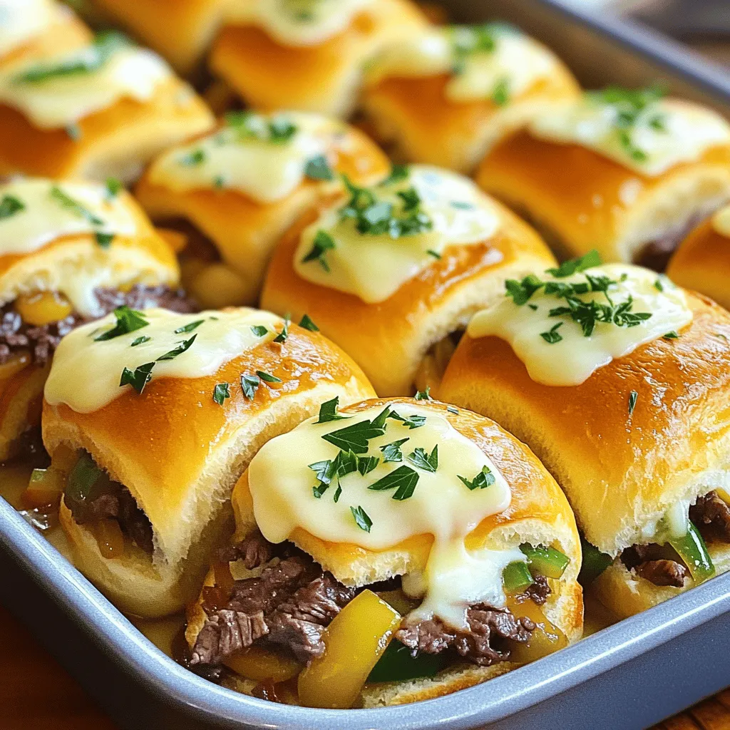 - 12 slider rolls - 1 lb beef sirloin, thinly sliced - 1 medium onion, thinly sliced - 1 medium bell pepper, thinly sliced (any color) - 8 oz provolone cheese, sliced - 2 tablespoons olive oil - 2 teaspoons garlic powder - Salt and pepper to taste - 2 tablespoons unsalted butter, melted - 1 tablespoon fresh parsley, chopped (for garnish) These ingredients create a delicious base for your Philly cheesesteak sliders. The beef sirloin gives a rich flavor, while the onion and bell pepper add sweetness and crunch. Provolone cheese melts beautifully, making each bite creamy. The olive oil and seasonings enhance the overall taste, ensuring every slider is a hit. When choosing your ingredients, opt for fresh and high-quality items. This choice makes a big difference in flavor. You can find the full recipe for detailed steps to prepare these sliders perfectly. Enjoy the process, and remember, cooking is all about having fun in the kitchen! 1. Preheat oven and prepare the skillet: Start by preheating your oven to 350°F (175°C). This temperature will help create a nice, warm environment for your sliders. While the oven heats, grab a large skillet. 2. Cooking the beef sirloin: In the skillet, add 2 tablespoons of olive oil over medium-high heat. Once hot, add 1 pound of thinly sliced beef sirloin. Sprinkle 2 teaspoons of garlic powder, along with salt and pepper to taste. Cook the beef for about 4-5 minutes until it turns a nice brown color. 3. Sautéing vegetables: Next, add 1 medium onion and 1 medium bell pepper, both thinly sliced, to the skillet. Sauté them for 5-7 minutes. You want the veggies soft and the beef fully cooked. This mix brings great flavor to your sliders. 1. Layering the bottom half of the rolls: Grab 12 slider rolls and slice them in half horizontally. Place the bottom halves in a greased baking dish. Make sure they fit snugly. 2. Adding beef and cheese: Evenly spread the beef and vegetable mix over the bottom halves of the rolls. Then, layer 8 ounces of provolone cheese on top. This cheese melts beautifully and adds a rich taste. 1. Covering and initial bake time: Cover your baking dish with aluminum foil. Place it in the preheated oven and bake for 15 minutes. This step keeps the sliders moist. 2. Final baking to melt cheese: After 15 minutes, remove the foil. Bake for an additional 5-7 minutes until the cheese is bubbly and the tops of the sliders are lightly toasted. This step makes them golden and appetizing. Now, you're ready to enjoy your Philly Cheesesteak Sliders. For the complete details, refer to the Full Recipe. To make your Philly Cheesesteak Sliders taste great, use the right seasonings. A mix of garlic powder, salt, and pepper works wonders. You can also add a pinch of paprika for a hint of smokiness. Focus on fresh ingredients to build flavor. Choosing the right cheese is key. Provolone cheese melts beautifully and adds a creamy taste. You can also try whiz or mozzarella for different flavors. Each cheese brings its own taste and texture, so feel free to experiment. For soft and crispy rolls, use fresh slider rolls. Lightly toast them in the oven before adding your filling. This step adds a nice crunch. If you prefer a softer bite, skip the toasting. To avoid soggy sliders, layer cheese on top of the meat mixture. This creates a barrier that keeps moisture in check. You can also bake them covered for a bit, then uncover to let them crisp up. Keep an eye on them to reach that perfect golden color. These tips will help you create sliders that are both tasty and fun! For the full recipe, check out the link. {{image_2}} You can play with the cheese in your sliders. Provolone is classic, but try mozzarella or cheddar for a twist. Each cheese brings a unique taste. If you love cheese, add more layers. Mix different kinds for a rich flavor. A blend of provolone and mozzarella gives a gooey texture. Want something different? Use chicken or turkey instead of beef. Thinly slice the meat and cook it just like beef. For a vegetarian version, swap meat for mushrooms or eggplant. You can also use plant-based meat. These swaps keep your sliders tasty and fun. Dipping sauces make sliders even better. Try ranch, BBQ, or hot sauce for extra flavor. Serve with crispy fries or a fresh salad on the side. Pick sides that balance the richness of the sliders. This makes each bite a delight. To keep your Philly cheesesteak sliders fresh, store them in the fridge. Place them in an airtight container. You can also wrap them in plastic wrap for extra protection. This method helps prevent drying out. If you have a lot, separate layers with parchment paper. This keeps them from sticking together. Use leftover sliders within three days for the best taste. When you're ready to enjoy your leftovers, reheating is key. The best method is to use an oven. Preheat the oven to 350°F (175°C). Place the sliders on a baking sheet. Cover them with foil to help keep moisture in. Heat for about 10-15 minutes. This helps warm the sliders without making them dry. If you prefer a quicker method, use a microwave. Place a damp paper towel over the sliders. Heat them in short bursts of 30 seconds. This keeps the sliders moist and tasty. Yes, you can prepare Philly Cheesesteak Sliders ahead of time. To do this, cook the beef and veggies first. Let them cool and store them in the fridge. You can assemble the sliders later. This saves time when you want to serve them. Just remember to bake them before serving. You can customize your sliders in many ways. Here are some popular toppings: - Sautéed mushrooms for extra flavor - Jalapeños for a spicy kick - A drizzle of BBQ sauce for sweetness - Fresh spinach for a healthy touch These options let you create a slider that suits your taste. Philly Cheesesteak Sliders pair well with many sides. Here are some great options: - Crispy fries for a classic combo - Potato chips for a crunchy bite - Coleslaw for a fresh crunch - A side salad to balance the meal These sides make your meal more fun and tasty. You can find the full recipe for Philly Cheesesteak Sliders in the Full Recipe section. It has all the steps and details you need to create this delicious dish. These Philly Cheesesteak Sliders are easy to make and packed with flavor. You learned about the ingredients, step-by-step preparation, and tips for the best results. Variations allow you to customize your sliders to fit any taste. Storing leftovers properly ensures you can enjoy them later. Now that you have all this knowledge, it’s time to get cooking. Enjoy whipping up these delicious sliders for your family or friends!
